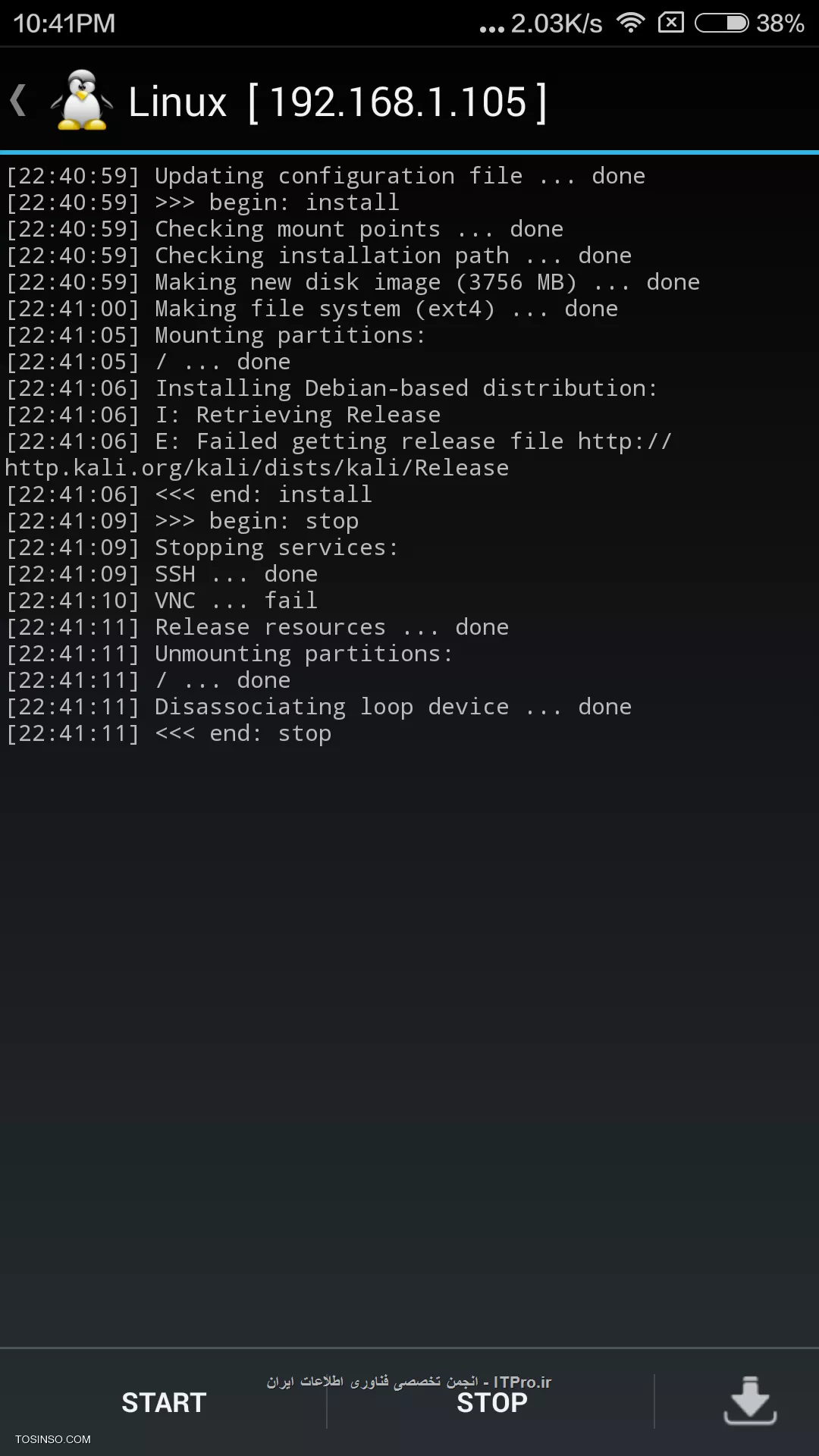 سلام ، من این نسخه Kali Linux armhf از کالی رو دانلود کردم از لینک زیر:
<c#>
|http://computernasljavan.com/post/169/kali-linux-2-0.html::http://computernasljavan.com/post/169/kali-linux-2-0.html|

<c#>
حالا موقع نصب با اخطارfailed getting release file http://http.kali.org//kali//dists//kail مواجع شدم  ، یکم سرچ کردم توی گوگل ولی به نتیجه نرسیدم، چند تا سایت ابه این لینک اشاره کردن :
<c#>
|https://forums.kali.org/showthread.php?24687-Problem-with-apt-get-update::https://forums.kali.org/showthread.php?24687-Problem-with-apt-get-update|
<c#>
ولی من چیزی ازش نفهمیدم که جواب مشکلم باشه ، از دوستانی که در این مورد اطلاعات دارن ممنون میشم راهنمایی کنید ، مشخصات گوشی و تنظیمات برنامه linux deploy: گوشی سامسونگ s4 
<c#>
distribution:kali linux
distribution suite:kali
Architecture:armhf
mirror URL:http://http.kali.org/kali
installation type:file
<c#>
||http://tosinso.com/files/get/5f7c4fa2-93a2-423a-a32a-bc1dd8d4ba40||