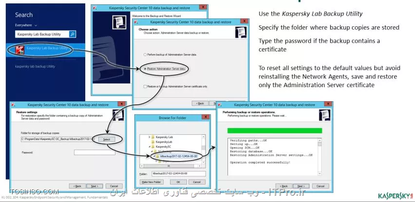 !! تنظیمات Backup در کسپرسکی سرور 10
از جمله دلایلی که نیاز هست تا در کسپرسکی سرور 10 از بک آپ استفاده کنیم می توان به موارد ، نگهداری و حفظ تمامی تنظیمات ، مهاجرت Administration Server به کامپیوتر دیگر و حفظ و نگهداری تمامی بروزرسانی های Administration Server اشاره کرد و مهتر از همه شما را مطمئن می سازد که بتوانید بازیابی اطلاعات را انجام دهید . برای تنظیمات گرفتن بک آپ :

||آموزش کسپرسکی سرور 10 ::https://tosinso.com/files/get/b5f97d29-b1ce-4d9f-ab31-4ae057d258c5||

این بک آپ در مسیر پوشه SC_Backup بر روی Administration Server و  %programData%KaspereskySC\Sc_Backup قرار دارد . یکی از ریسک هایی که مدیران شبکه ممکن است انجام دهند اکتفا کردن به یک درایو برای نگهداری بک آپ هاست شما می توانید آنها را در درایو های جداگانه کپی کنید . همچنین گاهی این فایل ها به گیگابایت می رسند بنابراین درایوی با حجم بالا به آن اختصاص دهید . 

- بازیابی بک آپ 

بعد از مراحل بک آپ گیری ممکن است لازم باشد تا آنها را بازیابی کنید ، متاسفانه در کسپرسکی سرور Task برای بازیابی تعریف نشده است و شما می توانید از ابزار Klbackup.exe استفاده کنید که از منوی Start ویندوز قابل دسترسی است . 

||https://tosinso.com/files/get/5fb054ae-95ad-4511-918f-7dda56d43499||


مباحث کسپرسکی سرور 10 در بیستمین  سالگرد تاسیس کمپانی کسپرسکی به پایان رسید :

||آموزش کاملاً تصویری و عملی کسپرسکی سرور 10 برای اولین بار در ایران ::https://tosinso.com/files/get/a051df8d-602a-4dfe-9bee-db4691729778||

نویسنده : سید احمد توسلی
منبع : |جزیره امنیت اطلاعات و ارتباطات وب سایت توسینسو::https://tosinso.com/security|
هرگونه نشر و کپی برداری بدون ذکر منبع و نام نویسنده دارای اشکال اخلاقی است
