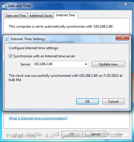 ببین ساعت کامپیوتر رو میتونی باهاش تنظیم کنی؟ به جای آدرس سرور آدرس IP سرور خودتو وارد کن!
||http://network.tosinso.com/files/get/5ff50303-5295-4a11-b85f-6064254598f3||