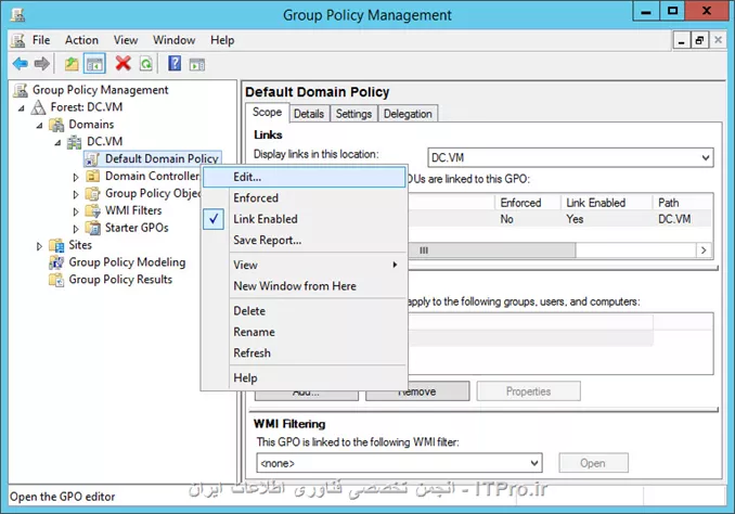 ابتدا با تایپ gpmc.msc وارد پالیسی های دومین شده و با راست کلیک بر روی Default Domain Policy و انتخاب گزینه Edit به مسیر زیر بروید:

User Configuration > Polices > Administrative Templates > Desktop > Desktop

سپس بر روی Desktop Wallpaper دابل کلیک کرده و گزینه Enabled را انتخاب و آن گاه مسیر عکس Wallpaper خود را که بایستی حتما در پوشه ای Share شده با دسترسی Read برای Everyone باشد انتخاب کرده و در نهایت gpupdate /force را بر روی سرور اجرا نمایید تا تغییرات اعمال گردند.

کلیه مراحل به صورت تصویری در زیر آمده است:


<center>
||http://network.tosinso.com/files/get/609f015f-542e-49db-8578-643865cb9e9a||
||http://network.tosinso.com/files/get/e635fa83-1dae-4c5d-8960-667894b779b0||
||http://network.tosinso.com/files/get/9ff15b7e-456b-44e4-acc1-84a6f497b69e||
||http://network.tosinso.com/files/get/5e690eed-f21f-4743-aa5d-173a767fc054||
<center>


