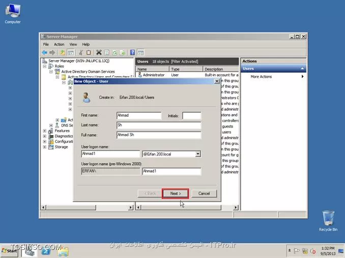 ||http://network.tosinso.com/files/get/465f83f1-ad1d-44fd-97d7-47db2dbdd599||
! راه اندازی یک شبکه قدرتمند محلی تحت دامین-Domain Networking

خب همان طور که از نامش معلوم هست شبکه ما تحت دامین میباشد و با شبکه های Workgroup خیلی تفاوت دارد. در شبکه دامین ما با سیستم عامل سرور یک شبکه راه اندازی میکنیم و بقیه کامپیوتر ها باید به سرور متصل شوند
تا بتوانند از سیستم های خود استفاده کنند همچنین ما در شبکه دامین میتوانیم سطح دسترسی کاربران را به قسمت های مختلف ویندوز محدود کنیم برای مثال از سرور دستور میدهم که کاربر X نتواند از USB استفاده کند و...
در شبکه Domain شما باید روی سرور برای هر کاربر Username و Password تعریف کنید تا کاربران با User و Pass های تایین شده توسط شما بتوانند کامپیوتر های خود را Login کنند.
در این قسمت از سیستم عامل Windows Server 2008 R2 استفاده میکنیم.

*خصوصیات شبکه Domain:*
قابلیت مدیرت هزاران کامپیوتر تنها از یک کامپیوتر ( سرور )
تعیین کردن سطح دسترسی کاربران به قسمت های مختلف سیستم عامل ویندوز
نصب برنامه ها تحت شبکه ( شما تایین میکنید که کاربران بتوانند چه برنامه هایی نصب کنند )
امنیت فوق العاده بالا
انعطاف پذیری بالا در مدیریت کاربران
نصب ویندوز بر روی کامپیوترهای Client عضو شبکه Domain
و......

پیکربندی ویندوز Server 2008 R2 Enterprise:
1- سیستم عامل ویندوز را روی کامپیوتر سرور نصب کنید. سیستم عامل را حتما فعال و Active کنید و ساعت آن را تنظیم کنید.
2- در این قسمت باید سرویس Active Directory را روی ویندوز سرور نصب کنید تا شبکه شما به Domain تبدیل شود. ( ADDC: Active Directory Domain Controller )
2-1: نصب سرویس Active Directory:

روی Start کلیک کنید سپس از Administrative Tools گزینه Server manager را انتخاب کنید:
||http://network.tosinso.com/files/get/d1bb9151-613e-43a6-9396-6d85acb85013||
2-2- در صفحه باز شده روی Roles کلیک کنید سپس Add Roles را بزنید:
||http://network.tosinso.com/files/get/9a64b30c-3142-4369-bca1-a874b86e16c5||
2-3- در این قسمت روی Next کلیک کنید:
||http://network.tosinso.com/files/get/587b1e57-15e6-462f-8a79-c55b970d6213||
2-4- در این قسمت تیک گزینه Active Directory Domain Services را بزنید:
||http://network.tosinso.com/files/get/ff749a6f-06e0-45a4-901e-53d8baa048a6||
2-5- صفحه ای باز میشود و باید روی Add Required Features کلیک کنید:
||http://network.tosinso.com/files/get/3fbe52f7-01e0-45d6-adb0-5fb2c2f42793||
2-6- تیک Active Directory Domain Services زده شد حالا روی Next کلیک کنید:
||http://network.tosinso.com/files/get/524e7fd5-206f-47f3-854a-efe49c96326d||
2-7- روی Next کلیک کنید:
||http://network.tosinso.com/files/get/2e1a28d8-acb0-4701-a7ae-9f42e86e1968||
2-8- روی Install کلیک کنید تا سرویس Active Directory نصب شود:
||http://network.tosinso.com/files/get/162dd0de-588b-4136-aaa4-2104315ab108||
2-9- در حال نصب:
||http://network.tosinso.com/files/get/6489b5cd-83f0-4b66-a890-eaa10b5c4660||
2-10- روی Close کلیک کنید تا نصب به اتمام برسد:
||http://network.tosinso.com/files/get/1b8b18aa-6986-418a-b01e-6b59c2ca8d5d||
2-11- روی Start کلیک کنید سپس از Administrative Tools گزینه Server manager را انتخاب کنید.
روی Roles کلیک کنید سپس روی Active Directory Domain Services کلیک کنید:
||http://network.tosinso.com/files/get/dee593d9-243f-44b2-93bc-6b300fe7d76c||
2-12- روی Run the Active Directory Domain Services Installation Wizard dcpromo.exe کلیک کنید:
||http://network.tosinso.com/files/get/3a44e3d2-068c-4c3d-9b58-80f609dbc2ad||
2-13- روی Next کلیک کنید:
||http://network.tosinso.com/files/get/3e5f84e4-a44a-4fad-8f5d-9f4ceb6e859f||
2-14- روی Next کلیک کنید:
||http://network.tosinso.com/files/get/2305697b-c67d-47d3-8601-cc7be14bc60a||
2-15- تیک گزینه Creat a new domain in a new forest را بزنید و روی Next کلیک کنید:
||http://network.tosinso.com/files/get/8dba017d-96aa-4fe6-bf36-681a52f70056||
2-16- در این قسمت باید برای دامنه شبکه دامین یک نام انتخاب کنید. دقت کنید که باید از 2 یا 3 کلمه تشکیل شود و بین آن ها نقطه ( . ) گذاشته شود. سپس روی Next کلیک کنید:
||http://network.tosinso.com/files/get/82dff6dd-706c-4bba-90b1-96701c4711e3||
2-17- در این قسمت از بالا ( Forest fuctional level ) گزینه Windows server 2008 R2 را انتخاب کنید و روی Next کلیک کنید:
||http://network.tosinso.com/files/get/781a032f-d08e-4aa9-bbfe-f0a3ed1ca1eb||
2-18- در این قسمت مطمئن باشید که تیک گزینه DNS خورده باشد سپس روی Next کلیک کنید:
||http://network.tosinso.com/files/get/f9000eaf-8a56-439c-b3f8-d985a60c39c0||
2-19- در این قسمت باید نوع سیستم IP دهی به شبکه را انتخاب کنید که DHCP و Manual میباشد من در اینجا ار IP دهی Manual استفاده میکنم و IP کارت های شبکه را دستی تنظیم میکنم
پس ابتدا IP سرور را دستی تنظیم کنید سپس گزینه زیر را انتخاب کنید:
||http://network.tosinso.com/files/get/82ea3931-05e4-4aea-99f3-969ef43e0458||
IP که من تنظیم کردم:
||http://network.tosinso.com/files/get/8154f867-bb10-4d7b-8e89-260cebf69a2b||
IP Address: 192.9.200.77 این IP باید در رنج IP ها و روترهای داخل شبکه باشد.
Subnet Mask: 255.255.255.0 باید همین مقدار باشد: 255.255.255.0
Default Geteway: 192.9.200.50 باید IP مودم یا روتر اینترنت باشد تا به اینترنت دسترسی داشته باشد.
2-20- سپس روی Next کلیک کنید و Yes را بزنید:
||http://network.tosinso.com/files/get/ea8c50c0-9f6d-4b9f-a188-7ea6f9e099d5||
2-21- روی Next کلیک کنید:
||http://network.tosinso.com/files/get/8065e660-4640-4674-a0ce-a263e88611f7||
2-22- در این قسمت برای بازیابی Active Directory یک رمز وارد کنید ( رمز شما باید ترکیبی از حروف کوچک حروف بزرگ و اعداد و کاراکتر یاشد ) سپس روی Next کلیک کنید:
||http://network.tosinso.com/files/get/f7579a6a-96f7-49b2-88d8-e51c2efbae91||
2-23- روی Next کلیک کنید تا تنظیمات اعمال شود:
||http://network.tosinso.com/files/get/01968a4a-546e-4e3b-9b0a-0577c06aaa91||
2-24- در این قسمت تیک گزینه Reboot on completion را بزنید تا بعد از اتمام نصب و تنظیمات سرور ریست شود:
||http://network.tosinso.com/files/get/4bf0cd9d-497e-4e7c-a2b6-07c6bdc59e00||
خب تا اینجا توانستیم شبکه Domain را روی سرور راه اندازی کنیم. حالا باید کامپیوترهای کاربران و کلاینت ها را عضو این شبکه کنیم.
||http://network.tosinso.com/files/get/2953c08f-ffda-4765-a24f-b57b27b1acb9||
! join کردن کامپیوتر ها به سرور
عضو کردن کامپیوترهای کاربران و کلاینت ها به شبکه Domain:
تعریف Username و Password برای یک یا چتد کاربر روی ویندوز سرور:
خب شما ابتدا باید روی سرور برای هر کاربر و کلاینت یک نام کاربری و رمز عبور تعریف کنید تا کاربران بتوانند وارد حساب کاربری خود شوند.
1- روی Start کلیک کنید سپس از Administrative Tools گزینه Server manager را انتخاب کنید.
به مسیر زیر بروید:
<c#>
Roles > Active Directory Domain Services > Active Directory users and Computers > Domain name > Users
<c#>
Domain name همان اسمی هست که برای شبکه Domain انتخاب کردید.
||http://network.tosinso.com/files/get/3643b8f5-fd04-49bd-afe5-70167391d2e2||
2- روی Users کلیک راست کنید و New user را بزنید:
||http://network.tosinso.com/files/get/5ad37cf3-02f0-47f7-9f82-91d39d93a7c9||
3- First name: نام کاربر را وارد کنید.

Last name: اسم فامیل کاربر را وارد کنید.

User logon name: نام کاربری کاربر برای وارد شدن به سیستم را وارد کنید.
سپس روی Next کلیک کنید:
||http://network.tosinso.com/files/get/60bb779e-6856-40b1-93ff-80b3c7021f24||
4- در این قسمت برای User که ساختید پشورد بزارید و همه تیک ها را بردارید و روی NExt کلیک کنید ( پسورد ترکیبی از اعداد حروف کوچک و بزرگ و کاراکتر باشد )
||http://network.tosinso.com/files/get/2591bc9d-892f-4d2c-9123-0c27023ee07c||
5- روی Finish کلیک کنید:
||http://network.tosinso.com/files/get/5a60ff1d-80d2-4d32-87e6-959e80df3dfc||
6- User ما بر روی سرور ساخته شد.

به کامپیوتر کاربر یا کلاینت بروید سپس IP آدرس برای آن کلاینت تعریف کنید ( IP باید در رنج IP سرور و شبکه باشد )
IP Address: آدرس IP در رنج شبکه و سرور ( تکراری نباشد )
Subnet Mask: باید 255.255.255.0 باشد
Default geteway: باید IP روتر یا مودم اینترنت باشد
Prefered DNS Server: که خیلی مهم میباشد باید IP سرور را وارد کنید اگر وارد نکنید امکان عضویت و بر قراری ارتباط با سرور را ندارید.
||http://network.tosinso.com/files/get/7120de2c-28be-4b06-b6bb-5dea7c2b1fa0||
6- روی Computer کلیک راست کنید و Properties را بزنید سپس روی Change settings کلیک کنید:
||http://network.tosinso.com/files/get/6448080b-1d7a-4f29-b68a-e22e062d076a||
7- روی Change کلیک کنید:
||http://network.tosinso.com/files/get/4268e27b-a4e8-40cf-ad0a-d49da540731d||
8- تیک گزینه Domain را بزنید و نام Domain که در سرور موقع نصب Active Directory انتخاب کردید را وارد کنید و OK را بزنید:
||http://network.tosinso.com/files/get/5c2cd75d-4a84-4a5a-9075-2672ada1bd65||
9- از شما USER Name و Password میخواهد:
||http://network.tosinso.com/files/get/4a3f8a04-0fc3-402d-bba6-4957033a51ff||
Username باید Administrator را وارد کنید و Password را رمز عبور ویندوز سرور 2008 سپس Ok را بزنید:
10- پیام خوش آمد گویی به شما نمایش داده میشود. این یعنی این که کاربر شما عضو شبکه Domain شد. روی OK کلیک کنید:
||http://network.tosinso.com/files/get/ba3a7f60-7726-457f-af71-9cec5e2c5a65||
11- از شما میخواهد کامپیوتر را ریست کنید رو OK کلیک کنید:
||http://network.tosinso.com/files/get/78b86ffc-d746-48f7-afbe-5e5df898929f||
سپس Close را بزنید و Restart now را بزنید.
12- سیستم کاربر که روشن شد به شما میگه مه CTRL + ALT + Delete را بزنید تا Login شوید:
||http://network.tosinso.com/files/get/18282e58-64b6-46c1-adb1-c3291cb96d40||
13- روی Switch User کلیک کنید:
||http://network.tosinso.com/files/get/52f35079-78d5-4633-bd7f-a71623317de8||
14- Other User را بزنید:
||http://network.tosinso.com/files/get/6b9d9841-f62d-48f3-a6ff-215ce30e2824||
15- User name و Password که در سرور برای کاربر تعریف کردید را وارد کنید تا Login شود:
||http://network.tosinso.com/files/get/5d6df99e-ab52-4b11-80f9-630070acbe20||
||http://network.tosinso.com/files/get/e51322cc-c0f7-4ffc-ade0-f0dc086b4188||
16- کاربر شما با موفقیت عضو شبکه Domain شد
||http://network.tosinso.com/files/get/4b8fb913-5ae3-40bb-b733-f01b85f970a1||
موفق باشید.