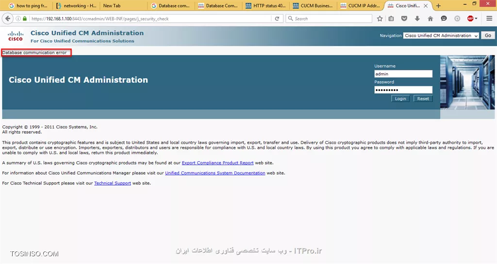 بعد از برسی  تنظیمات VMware و تحقیق درباره نحوه تنظیمات Network Adapter فهمیدم که بهتره از حالت Bridged  استفاده کنم . اما موفق نمیشدم با آی پی قبلی توی مرورگر صفحه CUCM Admin  رو باز کنم . فهمیدم که باید آی پی رو عوض کنم . با دستورات CLI تنظیمات Gatewaye و IP رو عوض کردم روی گوشی هم با نرم افزار Ping Tools Pro آی پی جدید رو Ping گرفتم اما این بار زمانی که خواستم لاگین کنم به خطای  Database Communication error برخوردم و بعد از کلی بررسی فهمیدم با دستور : utils dbreplication status که خطای Database is down; please restart the database before reattempting a status check به وجود اومده و database Replication  رو خراب کردم .
باز با جستجوی زیاد فهمیدم ابتدا باید از داخل CM Admin Web Page--> system --> Server آی پی جدید رو در قسمت datebase Replication  وارد کنم و بعد با دستورات CLI تنظیمات آی پی و Gatewaye رو تغییر بدم .
|Change Ip Address in CUCM::http://www.cisco.com/c/en/us/support/docs/voice-unified-communications/unified-communications-manager-callmanager/116292-install-cucm-00.html|
||http://network.tosinso.com/files/get/13c98425-8398-4c52-b23e-d24d97775675||
||http://network.tosinso.com/files/get/b457a9ad-4c5e-44a7-b6d4-d8edb622bfd4||
||http://network.tosinso.com/files/get/60e189ee-8e09-44c9-9e7a-84e40edeff01||
||http://network.tosinso.com/files/get/8b026b41-5d4e-4cca-84f8-0ec4206574fa||
||http://network.tosinso.com/files/get/60752e5f-5fb2-441d-96a0-5d286fd0be86||