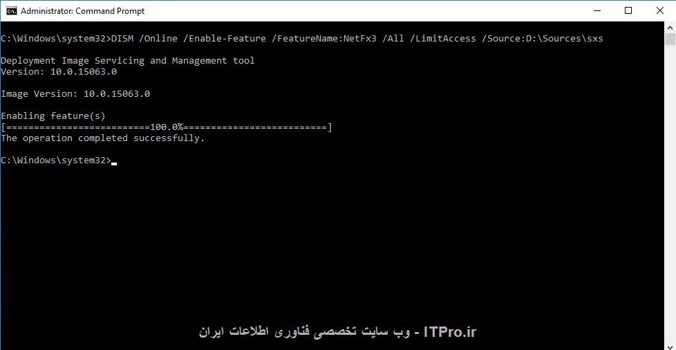 ضمن تشكر از شما كه مجددا تست نموديد. آخرين نسخه ويندوز 10 با عنوان Creators Update و با بيلد 15063 مي باشد كه با توجه به پست شما بنده مجددا يك نسخه از اين ويندوز نصب كرده و در جهت نصب دات نت اقدام نمودم.
پس از نصب موفقيت آميز متوجه شدم كه بنده در پست قبلي دستور نصب را كامل ننوشته ام. دستور صحيح به شرح ذيل مي باشد:
 DISM /Online /Enable-Feature /FeatureName:NetFx3 /All /LimitAccess /Source:X:\sources\sxs 
||https://programming.tosinso.com/files/get/60e398d5-522b-4415-ac7e-f94003a05a36||
همانگونه كه مشاهده مي گردد، عمليات نصب موفقيت آميز بوده است. در صورت امكان پس از اجراي دستور از پيغام خطاي احتمالي يك ScreenShot تهيه نماييد تا شايد به حل مشكل كمك نمايد.
نكته: اكثر آنتي ويروس هاي امروزي، بعلت تهديدات باج افزارها مكان هايي همانند Appdata و يا Temp را مقداري محدود مي نمايند. لذا در صورت بروز مشكل، به صورت موقتي آنتي ويروس خود را Disable نمائيد.