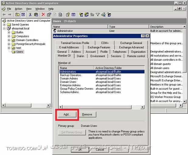 توی سرور اکتیودایرکتوری گزینه active directory users and computers را ازمنوی administrative tools اجرا کن بعد روی یورز مورد نظر راست کلیک کن گزینه properties انتخاب کن تو پنجره ای که باز شد برو به سر برگ member of روی دکمه add کلیک کن بعد توی کادر باز شده کلمه administrators را تایپ کن و ok ها رو بزن

||http://network.tosinso.com/files/get/60e78a95-a0b6-47ea-b432-9f385ce1f906||