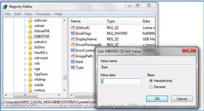 برای بستن پورتهای usb راههای زیادی هست از جمله راهی که خودتون رفتین البته اینکه چرا به حالت قبل برمیگرده میتونه به سرویس اون یا اینکه برنامه فریز نصب شده باشه رو سیستم برمیگرده حالا من چند تا روش رو هم پیشنهاد میکنم
فعال و غیرفعال کردن پورت ها از طریق ریجیستری(همینیکه خودتون رفتین)

برای فعال نمودن پورت USB مسیر زیر را در ریجستری ویندوز(دکمه Win+R را نگه دارید و در پنجره باز شده regedit راتایپ و اینتر کنید) دنبال کنید:

HKEY_LOCAL_MACHINE\SYSTEM\CurrentControlSet\Services\USBSTOR

سپس در سمت راست فایل Start را انتخاب و بروی آن دابل کلیک کنید.در پنجره باز شده مقدار value data را به ۳ تغییر دهید و پنجره را OK کنید.
||http://network.tosinso.com/files/get/610e95c2-5254-4baa-a993-9f67b4789381||
برای غیر فعال نمودن پورت ها مسیر بالا را ادامه دهید و مقدار value data را به ۴ تغییر دهید.

در آخر سیستم خود را restart کنید
غیر فعال کردن پورت ها از Device Manager

روش دیگر فعال یا غیر فعال کردن پورت ها ، Device Manager ویندوز است، در صورت غیر فعال بودن پورت ها بهتر است Device Manager ویندوز(دکمه Win+R را نگه دارید و در پنجره باز شده devmgmt.msc راتایپ و اینتر کنید) را چک کنید و در صورتی که هرکدام از پورت ها در Universal Serial Bus controllers این قسمت disable بود آن را enable کنید.
||http://network.tosinso.com/files/get/ed086e18-299b-4a00-b315-e19d257e6f3b||
ستفاده از USB Drive Disabler /Enabler

علاوه بر روشهای فوق میتوانید از برنامه کم حجم و کاربردی USB Drive Disabler / Enabler استفاده کنید،از طریق این برنامه میتوانید براحتی پورت USB سیستم خود را فعال یا غیر فعال کنید.
||http://network.tosinso.com/files/get/9019e300-9b8c-417b-a862-7558b9922726||
|لینک دانلود برنامه::http://www.intelliadmin.com/index.php/free-download/?filename=disableusb_free.exe|