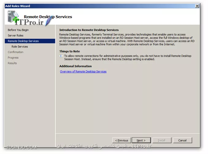 در این سری مقالات تصمیم راجع به Remote Desktop Services یکی از مفیدترین و پرکاربرد ترین سرویسهای شبکه صحبت کنیم ،  در ابتدا این سرویس با نام Terminal Services معرفی شد ، سابقه ی این سرویس برمی گردد به Windows NT 4.0 server   که در آن زمان این سرویس جدا از سیستم عامل ارائه می شد و به عنوان یک Patch اضافه روی دستگاه نصب و مورد استفاده قرار می گرفت اما در ادامه  راه ماکروسافت آن را بصورت Component در خانواده سیستم عامل ویندوز 2000 و 2003  به بعد جایگذاری کرد و در Windows Server 2008 به بعد تغییرات بسیار در این سرویس نسبت به Windows server 2003 داده شد و با آمدن Windows Server 2008 R2 نام آن به Remote Desktop Services تغییر یافت.شما می توانید در هر جایی که باشید جهت استفاده از منابع خود در سرور از Terminal Services استفاده نمایید از مزایای دیگر این سرویس این است که در سیستم عامل Windows server 2003  به بعد ، به تعداد نامحدودی کاربر می توانند به کامپیوتر مورد نظر وصل شده و عملیات مورد نظر خود را انجام دهند که البته بستگی به License خریداری شده شما دارد که در ادامه توضیح می دهیم. 

همچنین با استفاده از این سرویس شما به راحتی و بدون حضور در محل می توانید خطاهای احتمالی بوجود آمده در سیستم را رفع کرده و یا در صورت نیاز عملیات بروزرسانی سرورهای خود را را انجام دهید ، تمامی موارد گفته شده تنها بخش کوچکی از این سرویس می باشد ، از دیگر قابلیتهای این سرویس میتوان Publish کردن نرم افزارها را نام برد یعنی اینکه شما می توانید نرم افزار اتوماسیون اداری خود یا هر نرم افزار دیگری را از شرکت سازنده تهیه کرده و روی سرور نصب کنید و با Publish کردن آن دیگران می توانند در هر جایی که هستند بدون نیاز به تهیه نرم افزار به سرور متصل شده و از آن نرم افزار استفاده کنند ، به این نکته دقت داشته باشید که کاربران تنها تصویری از این نرم افزار را مشاهده کرده و از آن استفاده می کنند و تمامی پردازشهای مربوط به این نرم افزارها در سرور انجام می شود به همین دلیل می بایست با توجه به تعداد کاربران ، سرور پرقدرتی را برای نصب این سرویس در نظر گرفت.

زمانی که حرف از Terminal Service به میان می آید بسیاری از افراد به سرعت به یاد Remote Desktop می افتند ، در تمام نسخه ی ویندوزهای Server 2008 , Seven , Vista , Server 2003 , XP ,… ابزاری به نام Remote Desktop  وجود دارد که با تایپ mstsc در Run می توانید آن را اجرا کرده و مانند Terminal Services یک دسکتاپ را فراهم نمود Terminal Services و Remote Desktop خیلی به هم شبیه هستند برای عنوان کردن یکی از این شباهتها باید گفت که در هر دو تکنولوژی از ابزاری در ویندوز به نام Remote Desktop برای اتصال استفاده می کنند . که این نرم افزار Microsoft Terminal Service for Client نام دارد  که mstsc کوتاه شده آن است و از پورت TCP 3389 استفاده می کند . با وجود شباهتهای زیاد ، تفاوتهایی هم در این دو تکنولوژی وجود دارد ، از جمله این تفاوتها میتوان به Scalability اشاره کرد به عنوان مثال ترمینال سرویس دارای دو Mode زیر هست :

# Execute Mode : برای اجرای برنامه ها بصورت عادی
# Install Mode  : برای نصب برنامه ها

زمانی که نرم افزاری را روی ترمینال سرویس نصب می کنیم ، تنظیماتی در Registry یا یک فایل ini نوشته می شود که این خاصیت امکان استفاده چند کاربر به صورت همزمان را فراهم می کند ، Remote Desktop دارای Install Mode نمی باشد. راجع به این دو مورد در قسمتهای بعدی این سری مقالات بیشتر صحبت خواهید کرد. قبل از اینکه به سراغ نصب این سرویس بریم به این نکته اشاره کنم استفاده از Terminal Services در ویندوز برای تعداد کاربران محدود بوده و برای استفاده از این سرویس برای کاربران و یا کامپیوترهای زیاد باید License  از ماکروسافت خریداری کنید اما در صورت عدم خرید License ، خود ماکروسافت پس از نصب ، این سرویس را بصورت Trial و بمدت 120 روز بصورت رایگان در اختیار شما قرار می دهد. خب از این توضیحات بگذریم و به سراغ نصب این سرویس بریم ، برای نصب وارد کنسول Server Management رفته و رول مربوطه را که Remote desktop service هست نصب میکنیم ، با ما همراه باشید ....
||http://tosinso.com/files/get/b62f3c52-badc-4dcd-8bfc-2d88da9abaa0||
طبق معمول در اولین صفحه برای اضافه کردن رول جدید با یک سری یاد آوری ها مواجه میشویم از جمله انتخاب رمز قوی برای اکانت مدیریت ، گذاشتن IP ثابت ( Static ) برای کامپیوتر سرور و همچنین استفاده از جدیدترین آپدیتهای امنیتی .Next  زده و به مرحله بعد میرویم ،
||آموزش نصب و راه اندازی Remote Desktop Service::http://tosinso.com/files/get/b087bec0-1ae0-47bb-9de1-969a9e9ada97||
در این مرحله رول مورد نیاز یعنی Remote desktop service را علامت زده و Next  میکنیم ،
||http://tosinso.com/files/get/61c14764-ae3e-41d1-b7a3-c4a4bb2c43ab||
در اینجا توضیحی راجع به کارکرد این سروی داده شده و نکاتی هم ذکر شده ، Next  میکنیم ،
||http://tosinso.com/files/get/193c01e9-835e-42ce-b16a-d65fda418085||
در این مرحله رولهای مربوط به این سرویس وجود دارد و بنا به نیاز مواردی را که نیاز داریم فعال و نصب میکنیم ، توضیح کوتاهی راجع به این موارد میدهیم :
* *Remote Desktop Session Host :* این قابلیت را می دهد که بتوانیم با تعداد بالا ( به اندازه License خریداری شده ) Session داشته باشیم . برای Publish کردن نرم افزارها از این سرویس استفاده می شود همچنین برای ذخیره سازی فایلها در شبکه و دسترسی به منابع از طریق Remote مورد استفاده قرار می گیرد.
* *Remote Desktop Virtualization :* در صورتی که سرویس Hyper-V در شبکه شما وجود داشته باشد از طریق این سرویس می توانیم با ماشین های مجازی ارتباط لازم را برقرار کنیم
* *Remote Desktop Licensing : *برای مدیریت License ها و تعداد کاربران یا دستگاه هایی که می توانند از آن استفاده کنند به کار میرود ( بدون وجود این رول شما نمیتوانید از منابع سرورتان استفاده کنید برای استفاده از این سرویس میبایست این رول نصب شود )
* *Remote Desktop Connection Broker :* این رول زمانی به کار گرفته میشود که شما چند سرور Terminal Services داشته باشید این رول قابلیت Session Load balancing را داده و باعث می شود که ترافیک بین سرورهای دیگر تقسیم شده و درخواست ها برای برقراری ارتباط بین سرورها تقسیم گردد. 
* *Remote Desktop Gateway :* برای برقراری Session و دسترسی به منابع مورد نظر خود از طریق اینترنت مورد استفاده قرار میگیرد .
* *Remote Desktop Web Access : *با استفاده از این سرویس شما میتوانید نرم افزارهای Publish شده را با انتخاب خود به وسیله مرورگر وب خود اجرا کرده و از آن استفاده کنید ( برای فعالسازی این سرویس لازم هست که رولهای IIS  و Remote Server Administration Tools  هم نصب گردند که البته بصورت خودکار نصب خواهند شد )
در این سری مقالات تصمیم داریم بر Publish کردن نرم افزارها و استفاده آنها از طریق مرورگر وب متمرکز شویم به همین دلیل در این سناریو موارد زیر را علامت زده و Next میکنیم ،
* Remote Desktop Session Host برای Publish کردن نرم افزارها .
* Remote Desktop Licensing برای استفاده از License که البته چون نداریم Trial اون که 120 روزه هست  :-P
* Remote Desktop Web Access برای استفاده از این سرویس به وسیله مرورگر Web .
||http://tosinso.com/files/get/23643b65-d0f9-4acf-8f4f-e97b71932eaf||
به طور خلاصه در این قسمت پیشنهاد میشود که اول این سرویس را راه اندازی کرده و بعد نرم افزارها را نصب کرده و برای Publish کردن آنها اقدام کنید . Next میکنیم ،
||http://tosinso.com/files/get/1bd7ec4a-cb55-4e5d-8c91-8c330f71c224||
Network Level Authentication قابلیتی است که قبل از Remote زدن و ایجاد یک Session ، نام کاربری رمز عبور کاربر را درخواست می کند و پس از ریموت زدن عملیات احراز هویت را انجام می دهد ، این قابلیت جدا از بالاتر بردن امنیت خواص دیگری هم دارد از جمله جلوگیری از ایجاد Sessionهایی که توسط کاربرانی که رمز و پسوردهای نامعتبر را در جهت سعی برای ورود به سرور استفاده میکنند را دارا میباشد ، گاهی ممکن است افرادی در شبکه به IP سرور ریموت زده و یک Session ایجاد کنند و با حدس خود برخی نام کاربری و رمز عبور را تست کنند که همین مورد باعث خواهد شد که تعداد Sessionهای ایجاد شده در سرور زیاد شده و طبیعتا پردازش در سرور بیشتر میشود که این خود باعث کاهش کارایی سرور شما میشود . این قابلیت در ابزار mstsc نسخه 7.0 اضافه شده و با توجه به اینکه Windows XP از mstsc نسخه 6.0 استفاده میکند از این قابلیت نمیتواند استفاده کند پس در استفاده از این سرویس به مشکل برخورد میکند در صورتی که در این مرحله گزینه اول را انتخاب کنید ویندوزهایی از جمله Win XP که از mstsc نسخه 6.0 استفاده میکنند تنها در صورتی قادر به دریافت این سرویس خواهند بود که حداقل نسخه 7.0 mstsc را تهیه و نصب نمایند ، در غیر این صورت با انتخاب گزینه دوم میتوانید از این قابلیت استفاده کنید ، امنیت در سطح شبکه شما پایینتر آمده ولی کلاینتها بدون در نظر گرفتن دارا بودن Network Level Authentication میتوانند از این سرویس استفاده کنند. لازم به ذکر است که در سرویس پک های جدید ویندوز XP ابزار mstsc به ورژن جدید ارتقا پیدا کرده. مشابه که چه عرض کنم ... خود آن را در System Properties یعنی با تایپ sysdm.cpl در Run و رفتن به تب Remote میتوانید مشاهده کنید و پس از نصب این سرویس میتوانید در این تب ( Remote ) تنظیمات را بنا به نیاز خود تغییر دهید ،
خب برمیگردیم به مراحل نصب ، بنا به نیاز گزینه مورد نظر را انتخاب کرده Next میکنیم ...
||http://tosinso.com/files/get/5dd517b6-0a8b-4e94-baef-756a3a15f27c||
در مرحله بعد شما در صورتی که License خریداری کرده باشید میتوانید با انتخاب یکی از موارد زیر آن را اعمال و استفاده کنید :
* *Per device :* برای اینکه License خریداری شده به تعداد Device های مورد نیاز در شبکه شما باشد
* *Per users :* برای اینکه License خریداری شده به تعداد User های مورد نیاز در شبکه شما باشد
انتخاب این موارد بستگی به شبکه شما و نوع استفاده شما از این سرویس دارد به عنوان مثال ممکن است در شبکه شما چند یوزر از یک کامپیوتر استفاده کنند ، در چنین مواردی مسلما استفاده از Per device بهتر بوده ، کاری به این دو گزینه نداریم و با انتخاب Configure later مراحل را ادامه میدهیم ، با انتخاب Configure later تا زمانی که License خریداری نکرده اید این سرویس به صورت Trial و 120 روزه فعال خواهد شد ، Next میکنیم ...
||http://tosinso.com/files/get/49e99d80-fb7c-44f1-8d49-b5cd1c0bcfdc||
در این مرحله شما تعیین میکنید که جه کاربرانی میتوانند از این سرویس استفاده کنند به طور پیشفرض گروه Administrators در لیست مربوطه وجود دارد و غیر قابل حذف کردن است همانطور که در یکی از مراحل قبل گفته شد همین تنظیمات را در System Properties و رفتن به تب Remote و انتخاب Select users میتوانید مشاهده کنید ، هر دوی آنها یکی هستند و پس از نصب این سرویس از این طریق میتوانید تنظیمات را تغییر دهید . گروهها یا کاربرانی که تمایل دارید از این سرویس بهره ببرند را به این لیست اضافه کنید و Next را بزنید ...
||http://tosinso.com/files/get/19718c3a-b8fe-424e-9e6d-320a209ef94a||
در این مرحله شما مشخص میکنید که در زمان Remote زدن به سرور ، صدای خروجی در چه سیستمی پخش شود و همچنین برای صدای ورودی در صورت وجود برای ضبط صدا از چه سیستمی استفاده شود ، همچنین گزینه سوم یعنی Desktop composition برای آن هست که در زمان Remote زدن حالت Aero (همان شکل شیشه ای پنجره ها در ویندوز سرور در صورت وجود ) در ویندوز مشاهده شود که باعث زیباتر شدن تصویر در محیط کاربری در زمان Remote زدن میباشد ، همانطور که گفته شد در ویندوز سرور 2008  به صورت پیشفرض قابلیت Aero غیر فعال بوده اما شما میتوانید با اضافه کردن Feature مربوطه ، آن را فعال کنید ، موارد مورد نیاز را علامت زده و Next کنید ...
||http://tosinso.com/files/get/8b01c74e-b5d4-4f14-8b40-f08522ff093e||
بهتر است سرویس Remote Desktop Licensing بر روی یک سرور جداگانه نصب گردد در اینجا از شما مسیر Licensing database  پرسیده شده ، همچنین با انتخاب Configure a discover scope for the license server میتوانید تعیین کنید که Licensing server شما در Domain فعلی وجود دارد یا در Forest . در این سناریو بدلیل استفاده از Trial License تفاوت چندانی در انتخاب ما وجود ندارد ، و Next میکنیم ...
||http://tosinso.com/files/get/f010eb3a-f20c-4eae-9a37-c7fae2db736b||
در این قسمت به ما اطلاع داده خواهد شد که برای استفاده از این سرویس ( همانطور که میدانید ما از سرویس Remote Desktop Web Access را هم برای نصب انتخاب کرده ایم ) لازم است IIS هم نصب گردد . Next میکنیم ...
||http://tosinso.com/files/get/9347dba1-c222-421a-bbe8-cc3982db68d5||
در این مرحله بعد رولهای IIS نمایش داده شده و آنهایی را که برای ارائه این سرویس پیشنهاد میشود نصب گردند فعال شده اند ، ولی با این حال شما میتوانید در صورت نیاز آنها را تغییر دهید . Next میکنیم ...
||http://tosinso.com/files/get/5572e7dc-fd89-4dbb-acee-2a5f450d8ff8||
و در پایان شرحی از مواردی که قرار است نصب گردند و اخطارها نمایش داده میشود ، همانطور که مشاهده میکنید در این تصویر یک اخطار مشاهده میشود که نصب کردن دوباره نرم افزارها را پس از راه اندازی این سرویس یادآور می شود . برای شروع نصب دکمه  Installرا میزنیم تا عملیات نصب شروع شود ...
||http://tosinso.com/files/get/3fba563f-40a6-4dda-9c4f-2d0f15fc31c1||
همانطور که در تصویر بالا مشاهده میکنید تقریبا بعد از نیمی از زمان نصب ، پیامی مبنی بر نیاز سرور شما به ریستارت نمایش داده میشود در این تصویر دلیل نیاز به ریستارت سرور را نصب سرویسهای Remote Desktop Services و Web Server و Remote Server Administration Tools اعلام شده . با زدن Close سیستم شما ریستارت میشود تا تنظیمات اعمال شوند .
پس از ریستارت ، باقی مراحل نصب انجام میشوند و در نهایت گزارشی از نصب به شما ارائه داده شده که بوسیله آن میتوانید از صحت مراحل نصب اطمینان حاصل کنید یا در صورت بروز اشکال در نصب ، شما را در رفع ایراد آن یاری میدهد .
در صورتی که مراحل نصب با موفقیت انجام شد میتوانید پیکربندی آن را در مسیر زیر انجام دهید ،
<text>
Start => Administrative Tools => Remote Desktop Services
<text>

*نتیجه گیری :*
همانطور که در ابتدا گفته شد Remote Desktop Services یکی از پرکاربرد ترین سرویسها در شبکه میباشد شما بوسیله این سرویس یک نرم افزار را خریداری و در سرور خود نصب کرده و تمامی کلاینتها بدون نیاز به نصب نرم افزار میتوانند از فواصل مکانی مختلف از این نرم افزارها استفاده کنند ، گرچه از Windows Server 2008 R2 به بعد نام آن به Remote Desktop Services تغییریافت ولی طبق عادت در خیلی از جاهای مقاله آن را Terminal Services نام بردیم که بدینوسیله از شما پوزش میطلبم ، در این مقاله آموزش نصب و راه اندازی سرویسهای Remote Desktop Session Host , Remote Desktop Licensing , Remote Desktop Web Access داده شده ، در مقالات بعد از این سری مقالات روش پیکربندی و راه اندازی این سرویسها و نحوه استفاده ی کلاینتها از این سرویس آموزش داده خواهد شد . به امید اینکه این مقاله بتواند کمکی هر چند بسیار کم در جهت پیشرفت شما داشته باشد . با آرزوی موفقیت

نویسنده : سعید شمس آبادی
منبع : |جزیره راهکارهای مجازی سازی وب سایت توسینسو::https://tosinso.com/virtualization|
هرگونه نشر و کپی برداری بدون ذکر منبع و نام نویسنده دارای اشکال اخلاقی می باشد.