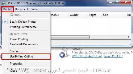 شما نیازی به Restart کردن کامپیوتر ندارید معمولا در چنین مواردی سرویس Print Spooler به مشکل می خوره ، می تونید دستور زیر رو در یک فایل با پسوند Bat ذخیره کنید و هر بار که به مشکل می خورید این فایل رو اجرا کنید یا برای سیستم تعریف کنید که بصورت زمانبندی شده اینکار رو انجام بده : 
<c#>
net start Spooler
<c#>
کار دیگه این هست که وارد قسمت Devices and Printers بشید ، روی پرینتری که Offline شده راست کلیک کنید و گزینه See whats printing رو انتخاب کنید ، بر روی منوی Printer کلیک کنید و تیک گزینه *Use Printer Offline* رو بردارید.

||http://network.tosinso.com/files/get/61fc9670-8cbd-4635-8cc6-fd13f9c02dbe||

*ITPRO باشید*
