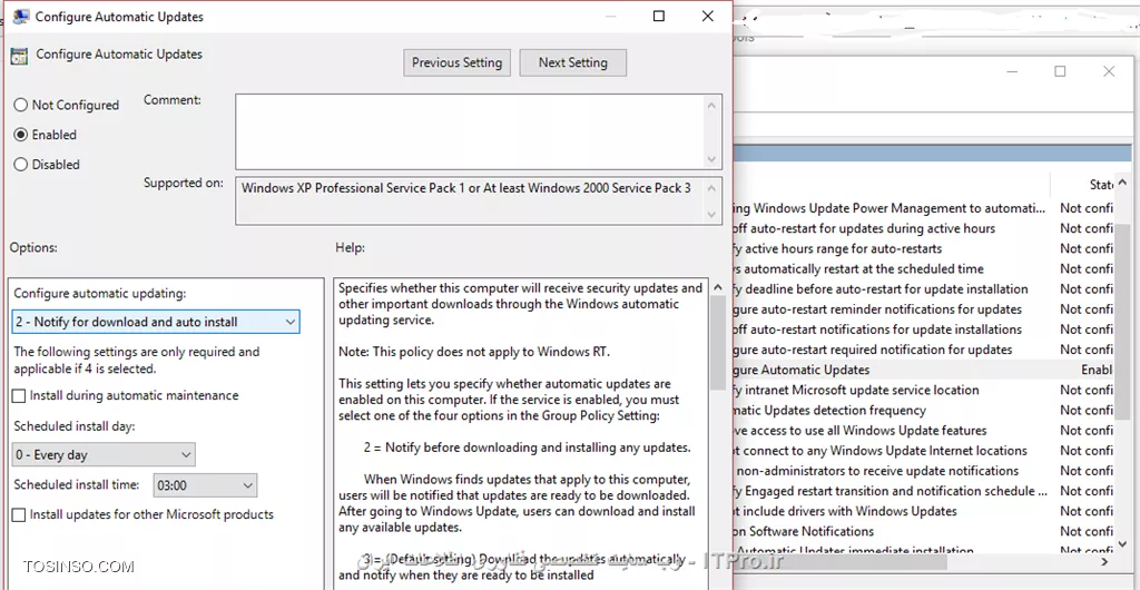 سلام و عرض ادب،
1. اول Local Group Policy Editor رو اجرا کنید. (داخل پنجره Run عبارت gpedit.msc رو اجرا کنید)
2. به بخش Computer Configuration -> Administrative Templates -> Windows Components -> Windows Update برید
3. از آیتم های سمت راست روی گزینه Configure Automatic Updates دوبار کلیک کنید:

||https://icdl.tosinso.com/files/get/620c1440-798d-449d-8507-114e0453210c||

4. از پنجره باز شده گزینه Configure Automatic Updates رو گزینه شماره 2 (Notify for download and notify for install) قرار بدید.

با اینکار دانلود خودکار آپدیت ها غیرفعال میشه.