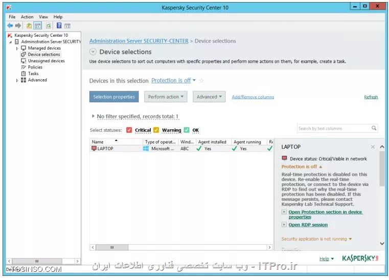 !! Password Protection for KES 

در این آزمایش قصد داریم تا برای Kaspersky Endpoint Security در زمان نصب روی شبکه یک پسورد تعریف کنیم تا کاربران قادر به غیرفعال کردن آن نباشند 

* در این سناریو هر دو ماشین DC و Security-Center را روشن کنید 

* ماشین Laptop را روشن کنید 

- Laptop 

1- خارج شوید از KES روی آن راست کلیک و Exit را بزنید 

||کسپرسکی سرور 10 نویسنده مهندس احمد توسلی ::https://tosinso.com/files/get/79065c31-b0fc-42c5-b43d-a1ed2a2917e6||

- Security-Center 

1- وارد Administration Console شوید 

2- از سمت چپ وارد Protection settings و روی Monitoring کلیک کنید 

3- پیام Protection is disabled را در Protection settings پیدا کنید 

4- روی لینک Protection is disabled کلیک کنید 

||کسپرسکی سرور ده من ::https://tosinso.com/files/get/56ea2149-925c-423c-a907-6f3fba43da4c||

5- حالا نود های Device selections و آنهایی که Protection is off هستند را مشاهده کنید 

6- کامپیوتر Laptop انتخاب کنید 

7- در سمت راست روی لینک Security application is not running کلیک کنید 

||https://tosinso.com/files/get/35c7d365-a99b-4866-95c3-f1fe138b7752||

8- روی لینک Open Protection section in device properties بروید 

||https://tosinso.com/files/get/62636aaa-d24a-4b7f-b10e-5f567e525136||

9- وارد بخش Applications شوید 

||https://tosinso.com/files/get/99a8f058-1498-4641-9792-a6fe0902d968||

10- حالا Kaspersky Endpoint Security 10 Service Pack 2 for Windows را انتخاب و روی < ( ابی رنگ ) کلیک کنید 

||https://tosinso.com/files/get/81a77db0-4a40-4667-9c1b-e5751b95764b||

11- حالا صفحه را ببندید و به Administration Server و تب Monitoring را بزنید 

12- روی متن سمت چپ Protection settings که سبز است 

||کسپرسکی سرور 10 احمد توسلی ازمایشگاه 24::https://tosinso.com/files/get/3f20cade-1160-4177-858d-d5fb9af2443b||


نویسنده : سید احمد توسلی
منبع : |جزیره امنیت اطلاعات و ارتباطات وب سایت توسینسو::https://tosinso.com/security|
هرگونه نشر و کپی برداری بدون ذکر منبع و نام نویسنده دارای اشکال اخلاقی است