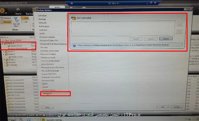 تصویر اول مربوط به بک آپ هفته چهارم هست که گزنه Exclude  در اون مشخصه

||http://network.tosinso.com/files/get/6264d0fb-b42d-4366-bd01-c5b447a1b3bc||

تصویر دوم در اینه که چرا در Job های دیگه Exlude ندارم؟!

||http://network.tosinso.com/files/get/55753136-f522-410a-80f0-dbf30b7f966a||

تصاویر بعدی به ترتیب نشون دهنده این هست که مثلاً در Job هسته دوم که بک آپ میگیره نباید SQL هارو بک آپ بگیره:

||http://network.tosinso.com/files/get/968d9942-5b91-46a3-8b0b-05841cbd394c||

||http://network.tosinso.com/files/get/0ae23734-af8e-4244-9d4c-1c66facfb38f||

||http://network.tosinso.com/files/get/bcf29a05-a9e1-4a01-befa-d3a78eea185c||

||http://network.tosinso.com/files/get/4e556684-917f-497d-8d95-d382d097cb65||

اگر تصویر دیگه ای لازم هست بفرمایید

ممنون از پاسختون