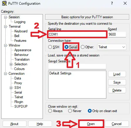 تنظیمات PuTTY برای ورود به محیط CLI سوئیچ سیسکو