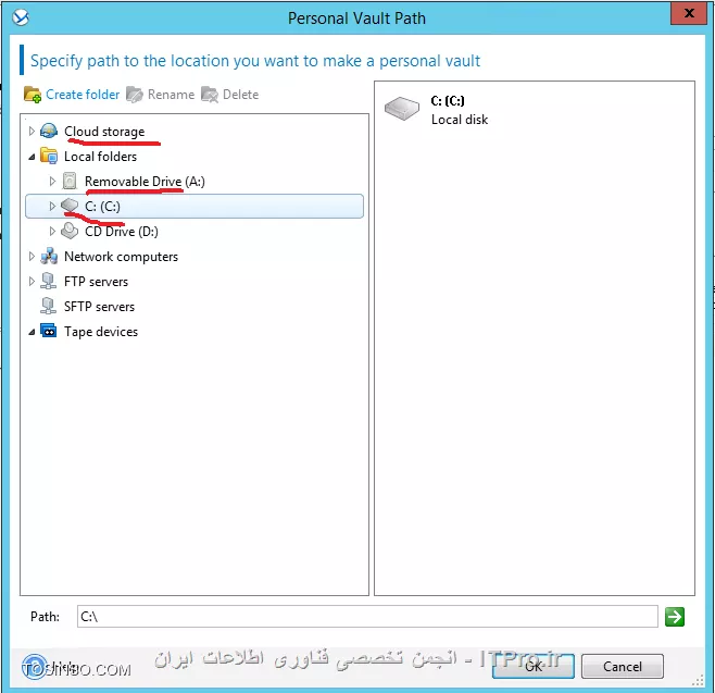 --
وقتی که Acronis backup advanced را در نصب کرده ایم قدم بعدی تعین جائی برای ذخیره سازی Backup های گرفته شده می باشد. ABA برای ذخیره سازی اطلاعات خود از Vaults استفاده می کند. Vaults یک مکان مرکزی و متمرکز برای ذخیره سازی Backup های گرفته شده تعریف می کند.Vaults برای ذخیره اطلاعات از دو روش استفاده میکند:
•	Managed
•	Unmanaged
تفاوت این دو را می توانید در جدول زیر مشاهده کنید:
||http://tosinso.com/files/get/f7bd07f7-ea4b-43a1-ae96-13c28ea63b28||
||http://tosinso.com/files/get/a38e7ad7-2d05-410b-b519-58a892740cf9||
واضحه ولی بعضی از پارامترها را توضیح میدم  
•	Deduplication این فابلیت فقط در روش Managed قابل پیاده سازی می باشد و کار آن کاهش فضای ذخیره سازی Storage می باشد و اینکار را با حذف فایلی های هم سایز وهمشکل در یک Storage node انجام می دهد.توضیح مکانیزم Deduplication باعث طولانی شدن این مقاله می شود. 
برای اطلاع بیشتر فایل زیر را بخوانید:
<c#>
http://www.acronis.com/download/docs/abr10d/datasheet/
<c#>
•	قابلیت رمزگذاری کردن Vaults : این قابلیت باعث رمزگذاری شدن اطلاعات ذخیره شده در این Vaults می شود. در زمان خواندن اطلاعات از این Vault اطلاعات رمزگشائی می شود. 
•	Backup Storage node: استفاده از این سرویس، فقط در روش Managed قابل اجراس.
•	Data Catalog را هم در بخش Backup storage توضیح می دهم.
•	Cloud Storage: با این متد میتوانید اطلاعات خود را در سرورهای Acronis ذخیره کنید.
نکته : در روش  Managed فقط میتوانیم  Storage node را ایجاد کنیم.
ما دو نوع Vaults در ABA داریم:
•	Centralized Vaults 
•	Personal vaults
Centralized vault : یک Storage خاص که بر روی Network قرار دارد مشخص می کند. و بصورت پیش فرض تمام Backup plan ها و غیره در این Vaults قرار دارند. روش Managed فقط در این Vaults قابل پیاده سازی میباشد.
Personal Vaults : زمانی می توانید از این Vault استفاده کنید که به صورت مستقیم به Managed Machine وصل شوید و از ریسورسهای آن مانند Disk Drive- removable Storage  و غیره استفاده کنید.
نکته : به Client/Serverی که بر روی آن Agent نصب شده است Managed Machine گفته می شود.
*Vault path: * به پارامتری گفته میشود که محل ذخیره سازی در روش Unmanaged را و Managed را مشخص می کند.
Vault path های Managed :
||http://tosinso.com/files/get/c9a8b48e-5f2c-4435-bb94-41a1c5060063||
 Vault path های Unmanaged :
||http://tosinso.com/files/get/0ac23163-6c27-4ab8-9303-caa87340bf73||
روش ایجاد یک Vault در Centralized vault :
به Management server وصل می شویم و قسمت Vault را کلیک می کنیم:
||http://tosinso.com/files/get/099eab0e-61f4-433f-afa8-6d094ca4c9f9||
||http://tosinso.com/files/get/d96a1aa9-a0aa-44cd-8c33-f537a73bfb32||
یکی از روش های Manage and unmanaged را انتخاب و Path را کلیک کنید.
||http://tosinso.com/files/get/cf11cb0a-8b1e-40b6-91df-3bef2fc10300||

یکی از Storageهای مورد نظر را انتخاب و Ok کنید.
NFS Folder  یکی از پروتکلهای به اشتراک گذاشتن پوشه در محیطهای Linux می باشد. میتوانید این سرویس را به راحتی در Windows server 2012 R2 پیاده سازی کنید.
SFTP Server مخفف Secure File Transfer Protocol می باشد که بوسیله پروتکل SHH
یک FTP سرور نسبتا امنی برای کاربران ایجاد میکند. 
از این دو پارامتر میتوانید در ایجاد یک Vault استفاه کنید.
||http://tosinso.com/files/get/e2582e24-f30e-40f9-b174-b8bc32b442d5||
روش ایجاد Vault در Personal Vault :
برای اینکار با Management Console به یکی از Managed machine وصل شوید:
||http://tosinso.com/files/get/2a7dee5f-ea65-4732-9540-15bab8219c0a||
||http://tosinso.com/files/get/91fb85ec-a95e-46f5-b116-64ed7c71a616||
و گذینه Create را کلیک کنید:
||http://tosinso.com/files/get/63290095-21b6-4b58-871b-04e2ece1e110||
میشه اینطوری نتیجه گرفت که استفاده از Removable Storage and local Disk فقط در Personal Vault امکان پذیر می باشد.
بقیه پارامترها و مانند اضافه کردن Vault حذف Vault و غیره کار راحتیه و نیازی توضیح خاصی نداره.

در فایل آموزش بعدی Backup Storage Node را آموش می دهم.

موفق و پیروز باشید 

نویسنده: احمد جهلولی 
منبع: |جزیره راهکارهای ذخیره سازی اطلاعات وب سایت توسینسو ::https://tosinso.com/virtualization|
نشر و کپی برداری، صرفاً با ذکر نام نویسنده و منبع مجاز می باشد. 
