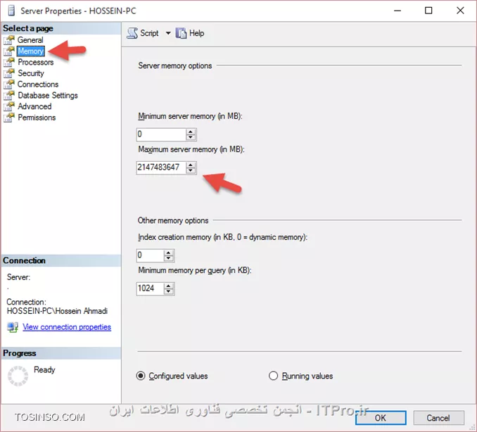 شما می تونید با باز کردن Management Studio، داخل پنجره Object Explorer، روی Node سرور یا همون Node اصلی راست کلیک کنید، گزینه Properties، از قسمت Memory تنظیمات مربوط به Server Memory Options و Other Memory Options رو انجام بدید.

||http://network.tosinso.com/files/get/636b0e6c-2405-45ad-83b5-3d8fb736de3c||