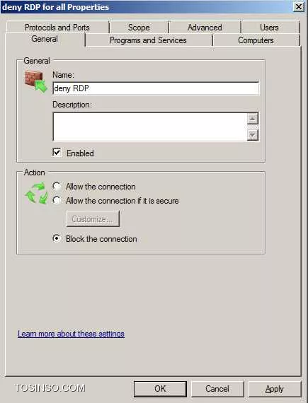 سلام 

دوستان برای بستن پورت RDP در ویندوز سرور 2008R2 برای یک آی پی خاص من تنظیمات را درست انجام میدم ولی کار نمی کنه برام :

||https://tosinso.com/files/get/636e371e-b2b7-4752-92c7-7cbf01bab69d||

||https://tosinso.com/files/get/446c9ab4-6a30-4382-a983-018416d70838||

||https://tosinso.com/files/get/533d4ee2-ff15-4886-83e2-346f0e066119||




