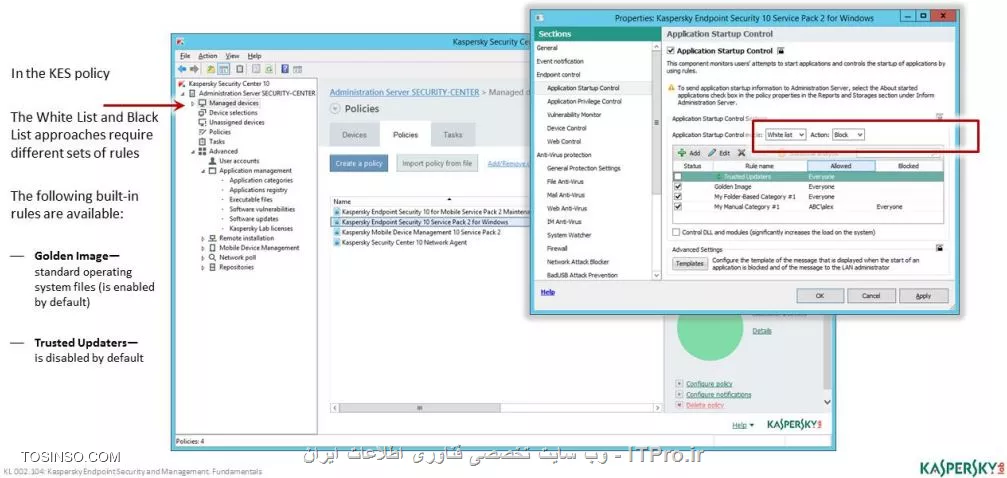 !! گزارشات مسدودی های کسپرسکی سرور 
گفتیم که کسپرسکی سرور در بخش رخدادهایی که درباره Application startup prohibited جمع آوری می کند یک گزارش از رویکرد و فرایندهای فعالیت هایی که به صورت بلاک بر روی برنامه های اجرایی کلاینت ها اعمال می شود ایجاد می کند . 

!! انواع مدل های انکار 
هنگامی که از مد White list صحبت می کنیم ( در درس های قبلی مفصلاً توضیح داده شد ) هر چیزی که ممنوع نیست و در واقع رولی است برای برنامه های معتبر و شناخته شده ، هنگامی که یک پالیسی در کسپرسکی سرور  10 شروع به کار می کند تا تغییرات را به روی کلاینت ها اعمال کند از ترمینالی به نام ( POS )  Point - of - Sale استفاده می کند ، در اینجا هنگامی که تنها برنامه هایی خاص اجازه اجرا شدن را دارند و آنهایی که نامشخص هستند باید ممنوعه بمانند . 

- کاربرد Deny mode

- بالا بردن ظرفیت قابل توجهی از امنیت 

- بالا بردن پایداری با توجه به محدودیت در عملکرد های طبیعی بخصوص در محیط های آموزشی 

||https://tosinso.com/files/get/6383ef6e-043a-4f3a-90cc-61f78b027659||

- Device Control 

منظور از واژه Device Control به تمامی درایو هایی گفته می شود که به صورت سخت افزاری و از طریق درگاهی به نام  باس  کار می کنند . این بخش زمانی اهمیت پیدا می کند که مدیر شبکه بخواهد دستگاهی را مسدود کند مثلاً فلش مموری های USB ، در کسپرسکی سرور تمامی سخت افزار های زیر پشتیبانی می شوند :

- Hard drives 

- Removable drives

- Floppy disks 

و در دسته بندی جزیی تر 

- پرینتر ها 

- CD/DVD درایو ها 

- مودم ها 

- دستگاه های TAPE ( تِیپ دستگاه های قدیمی جمع آوری اطلاعات در شبکه ها بود )

- Wi-Fi 

- انواع USB 

- کارت های هوشمند 

- دوربین و اسکنر 

- دستگاه های پرتابل 

- بلوتوث 

||آموزش تصویری کسپرسکی سرور 10 به پارسی ( کامل ) ::https://tosinso.com/files/get/ff9c30da-f6d3-4b7b-b67a-51a0e0089145||


نکته : نمی توان کیبورد و موس USB را مسدود کرد برای مسدود سازی فلش مموری ها از امکانی به نام Bad USB Attack استفاده می شود 

برای فلش مموری ها و هارد دیسک ها و فلاپی دیسک و CD/DVD می توانیم :

- بر اساس حق Write و Read-Only آنها را تنظیم کرد 

- بر اساس حساب کاربری که پیش فرض برای گروه Everyone می توان پالیسی را اعمال کرد 

- بر اساس Operation types و Access schedule می توانیم زمانبندی برای دسترسی های نوشتن و خواندن روی دستگاه ها را اعمال کنیم 

||https://tosinso.com/files/get/bbef86c6-bb6d-498a-908d-de4200a7925f||

||https://tosinso.com/files/get/c4c8ff13-fb92-4e69-b43c-acc42eeb02ec||

نویسنده : سید احمد توسلی
منبع : |جزیره امنیت اطلاعات و ارتباطات وب سایت توسینسو::https://tosinso.com/security|
هرگونه نشر و کپی برداری بدون ذکر منبع و نام نویسنده دارای اشکال اخلاقی است