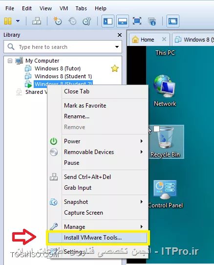 در این آموزش قصد دارم نحوه راه اندازی و استفاده از نرم افزار Net Support School رو بر روی VMware به صورت شماتیک توضیح بدم گرچه این روش در عمل کاربردی نداره ولی یک روش تمرینی خوب برای یاد گرفتن این نرم افزار کاربردی است. قسمت اول این اموزش مربوط به راه اندازی ماشین مجازی هست (اگر اشنایی دارید به بخش دوم مراجعه کنید) و بخش دوم استفاده از نرم افزار Net Support  ، در این مطلب آموزشی بر اساس یک سناریو نصب و راه اندازی VMWare و اتصال آنها به اینترنت و ایجاد یک شبکه داخلی و سپس راه اندازی نرم افزار کاربردی Net Support بر روی 3 ماشین VMWare که یکی از آنها به عنوان دستگاه معلم (Tutor) و 2 دستگاه دیگر به عنوان دانشجو (Student) شبیه سازی میشود.بر طبق این سناریو به ترتیب زیر 3 ماشین VMWare ایجاد میشود.
قدم اول : ایجاد یک ماشین مجازی جدید به ترتیب زیر:
||http://tosinso.com/files/get/c422d8d5-5359-4b5d-90c2-fcb1334963ef||
قدم دوم : یکی از دو حالت Typical یا Custom را انتخاب کرده و Next را میزنیم.
||http://tosinso.com/files/get/823e8f27-f990-4c0b-aecc-6d8c7c62d77e||
قدم سوم : در این مرحله میتوانیم محل فایل ایزوی ویندوز 8 را مشخص کرده و یا ان را به بعد موکول کنیم.
||http://tosinso.com/files/get/e76fa852-0add-402d-bf8f-fbc98eacfa0f||
قدم چهارم : در این مرحله نوع سیستم عامل و ورژن محصول را انتخاب میکنیم.
||http://tosinso.com/files/get/cf51fbad-5deb-4a73-a59a-382aec627b84||
قدم پنجم : نام ماشین مجازی را مشخص میکنیم.
||http://tosinso.com/files/get/3e1aa1aa-a0ca-4a3f-a1b6-4395d6e32c1f||
قدم پنجم : سپس با زدن Customize Hardware میتوانیم تنظیمات سخت افزاری ماشین مجازی را به دلخواه خود انجام دهیم.
||http://tosinso.com/files/get/25545a3a-c7b0-4914-b95c-03aed588ef1b||
قدم ششم : در این مرجله مقدار RAM ماشین مجازی را از طریق اسکرول تعبیه شده در سمت راست تعیین میکنیم
||http://tosinso.com/files/get/da09ec39-1df7-4d9b-aac9-fd883305fda9||
قدم هفتم : سپس تعداد پردازنده ها را مشخص میکنیم.
||http://tosinso.com/files/get/1d0edb30-b02e-40c6-85c2-5574c6e1d227||
قدم هشتم : در این مرحله حالت کارت شبکه خود را تعیین میکنیم. با توجه به شکل زیر 5حالت کارت شبکه مجازی در Vmware در نطر گرفته شده است که با توجه به سناریو NAT میتواند بهترین گزینه باشد.(نیاز به انصال هر ماشین به اینترنت بوده و ماشین ها باید به یکدیگر متصل شده و همدیگر را ببینند.)
||http://tosinso.com/files/get/f8e997b9-4baa-4268-86ad-4f2e0f0222f0||
قدم نهم : سپس مسیر فایل ایزوی سیستم عامل را تعیین میکینم.(در این سناریو هر 3 ماشین VM ویندوز 8.1)
||http://tosinso.com/files/get/87f047ce-6fe4-4f63-b3d0-e83871c302d7||
قدم دهم : سپس ویندوز 8 را نصب میکینم.
||http://tosinso.com/files/get/216fe59a-573e-4caa-ab1b-b3cd65d782ed||
قدم یازدهم : بعد از نصب هر VM میبایست برای هر ماشین VM Tools را هم برای راحتی کار و همچنین انتقال فایل نصب نرم افزار net support به ترتیب زیر نصب میکنیم
||http://tosinso.com/files/get/63d756e9-0dce-49e3-9133-8748cf1b65d6||
 قدم دوازدهم : همانطور که در شکل زیر میبینیم درایو مجازی VM Tools بر روی ماشین مجازی Mount شده و به راحتی کار نصب را انجام میدهیم.
||http://tosinso.com/files/get/e50fa9fe-5369-4f2f-9595-7865d66f7ae8||
قدم سیزدهم : فایل نصب نرم افزار Net Support را از سایت www.netsupportschool.com دانلود کرده و با توجه به نصب VM Tools فایل setup را به راحتی بر روی هر 3 ماشین کپی میکنیم.
||http://tosinso.com/files/get/3a7ac53b-a43d-4d6b-a562-f58857315000||
قدم چهاردهم : سپس بر روی ماشین Tutor فایل setup نرم افزار net support را اجرا کرده و آن را نصب میکنیم. و مراحل زیر را تا نصب کامل نرم افزار طی میکنیم.
||http://tosinso.com/files/get/1649c9b5-40b6-4119-87ab-30d4c5267f1f||
||http://tosinso.com/files/get/458a6a5a-586b-49d4-8109-ecc8097e1ae5||||http://tosinso.com/files/get/96eafb8c-56d5-477e-81ed-88eac296b9d5||
قدم پانزدهم : در این مرحله نوع کاربری net support را مشخص کرده که بر طبق سناریو برای یک ماشین Tutor و برای 2 ماشین student را نصب میکنیم.
||http://tosinso.com/files/get/36d33d42-ebea-40f2-980b-3f4f6ae16b1b||
||http://tosinso.com/files/get/db9bcd32-9c35-4e83-a9dd-cdb9e4ef1133||
قدم شانزدهم : بعد از اتمام نصب net support بر روی 3 ماشین مجازی در صورتی که هر 3 ماشین دسترسی به اینترنت نداشته باشند مراحل زیر را انجام میدهیم. ابتدا از منوی Edit گزینه Virtual Network Editor  را انتخاب کرده.
||http://tosinso.com/files/get/c7dc2761-ebdd-41a8-81d8-69dc5c804b73||
قدم هفدهم : با توجه به سناریوی تعیین شده برای هر 3 ماشین کارت شبکه در حالت NAT قرار داده شده در Virtual Network Editor بر روی VMnet 8 کلیک کرده تا تنطیمات NAT برای ماشین مجازی را انجام دهیم. همینطور که مشخص است کارت شبکه  در حالت NAT که بر روی سیستم عامل کامپیوتر میزبان ایجاد شده دارای محدوده IP : 192.168.113.0 بوده و بنابراین به منطور ایجاد ارتباط بین 3 ماشین مجازی این 3 ماشین هم باید از همین range ای پی اختصاص داده شود. به این منظور باید تیک use local DHCP service to distribute ip address to VMS را زده تا به هر سه ماشین از رنج IP مورد نطر به صورت اتوماتیک داده شود.(با این کار هم دسترسی به اینترنت برای 3 ماشین فراهم شده و هم هر 3 ماشین همدیگر را دیده و میتوانند با یکدیگر ارتباط درون شبکه ای داشته باشند.
||http://tosinso.com/files/get/3424910e-2f2b-4255-866e-2e8218e5e0ae||
بعد از این کار بر روی ماشین Tutor  آی پی های 2 ماشین دیگر را ping کرده تا از داشتن ارتباط اطمینان حاصل کنیم. بدین صورت هر 3 ماشین مجازی آماده برقراری ارتباط از طریق net support را داشته و میتوانیم محیط آموزشی net support را استفاده کنیم.
1- ایجاد یک room مجازی در ماشین Tutor: با اجرای نرم افزار net support پنجره زیر باز شده و استاد باید فیلدهای مربوطه را به ترتیب زیر پر کرده و سپس اتاق مجازی آموزشی را ایجاد کند.
||http://tosinso.com/files/get/20e36747-eb63-4f1c-9b77-ff19a8514c73||
2- بعد از کلیک کردن بر روی دکمه new پنجره زیر باز شده و استاد باید یکی از حالتهای زیر را به عنوان شروع کننده کلاس انتخاب کند. مورد اول Room Mode میباشد که این حالت به شما اجازه میدهد که کامپیوترهای داخل یک کلاس را گروه بندی کرده و دانشجویان میتوانند به این اتاق اموزشی برای شروع کلاس بپیوندند. حالت دوم  PC Mode میباشد که به شما اجازه میدهد که یک تعدادی کامپیوتر را که با هم در یک اتاق در اتصال هستند از طریق کابل را به هم متصل کرده و یک کلاس مجازی آموزشی تشکیل دهید. حالت سوم User Mode میباشد که به شما اجازه میدهد یک تعداد دانشجو را با استفاده از پروفایل های انها به کلاس اضافه کنید. حالت چهارم یک حالت ساده بوده که در ان شما به سادگی میتوانید شبکه موجود را جستجو کرده و همه دانشجویان را به کلاس مورد نظر اضافه کنید.
در این سناریو ما از حالت دوم استفاده میکنیم.
||http://tosinso.com/files/get/6b6cc5f8-5dcb-4fc8-8146-14b1744ccfa2||
3- در این مرحله پنجره Create Class باز شده و در این مرحله باید PC های دانشجویان کلاس را ابتدا جستجو کرده و سپس همه انها رو به کلاس اضافه کنیم.
||http://tosinso.com/files/get/be28d2da-cf20-4773-b06f-c3fdb16da00a||
||http://tosinso.com/files/get/7661349e-a09e-4f09-92e9-af40f2774d9b||
4-دبعد از ایجاد کلاس پنجره اصلی نرم افزار به صورت زیر میباشد و دانشجویان اضافه شده قابل روئیت میباشند.
||http://tosinso.com/files/get/4b4fd644-7999-4cf0-a5d8-3299d62a5923||
5- تب دوم این اجازه را به استاد داده تا نمایی از desktop های دانشجویان حاضر در کلاس را روئیت کرده و به نوعی انها را کنترل کند. علاوه بر ان استاد قادر است با کلیک کردن بر روی هر کدام از پنجره های پیش نمایش دسکتاپ دانشجویان به صورت remote به کامپیوتر دانشجوی مورد نظز دسترسی پیدا کند.
||http://tosinso.com/files/get/ace1446a-e122-460d-9987-f9b463cb2894||
6- در تب سوم که با ایکون های هد ست مشخص شده است استاد قادر است با کلیک بر روی Announce نوعی اطلاع رسانی را به دانشجویان ارسال کند. علاوه بر این استاد قادر بوده که با برداشتن تیک های بلندگو و میکروفون انها را از در کامپیوترهای دانشجویان از کار بیندازد.
||http://tosinso.com/files/get/9f032a1c-4787-4699-b565-85d2642adce8||
||http://tosinso.com/files/get/0379be7c-1a46-4d1c-b867-a36e50371cf6||
7-  در تب بعدی استاد قادر بوده که انواع سوالات را برای کل کلاس یا بخشی از کلاس مطرح کرده و جواب را هم از سوی دانشجویان دریافت کند.
||http://tosinso.com/files/get/c43fd40a-56a3-4579-afa2-0d3c41e151c3||
اولین مدل از سوالات First to answer میباشد که استاد با مطرح کردن یک سوال در کلاس گزینه مورد نظر را کلیک کرده و دانشجویان بر روی کامپیوترشان با پیغام زیر مواجه شده و اولین دانشویی که بر روی answer کلیک کند قادر خواهد بود تا سوال را جواب دهد.
||http://tosinso.com/files/get/95439e52-493b-4c49-9402-0a32e6e1f655||
||http://tosinso.com/files/get/38b943ed-8471-4716-adaf-fb8c6d71ded0||
بعد از پاسخ دادن به سوال بر روی پروفایل دانشجوی مورد نطر به شکا زیر 2 گزینه تیک و ضربدر در اختیار استاد قرار گرفته و صحیح یا نا درست بودن پاسخ دانشجوی مورد نظر را میتواند تعیین کند. 
||http://tosinso.com/files/get/a7d4b650-28eb-4d96-9b8f-c848ea3d257f||
در صورت درست بودن پاسخ دانشجوی مورد نظر یک ستاره به عنوان جایزه دریافت میکند.
||http://tosinso.com/files/get/fe29b122-7d8d-4d88-9c36-c5a5c5ab42fc||
نوع دوم سوال Enter an answer میباشد .
||http://tosinso.com/files/get/f0be3aa6-ecc8-4a26-83aa-4baf570f662d||
در این حالت استاد پاسخ صحیح را در کادر مورد نظر وارد کرده و بعد از مطرح کردن سوال بر روی Go کلیک کرده .
||http://tosinso.com/files/get/fea2b766-7725-41c2-952c-fadb8d7d2639||
همانطور که در شکل زیر نشان داده شده به محض کلیک کردن Go توسط استاد پنجره ای به شکل زیر در PC های دانشجویان ظاهر شده است
||http://tosinso.com/files/get/4e008f76-53c9-4d19-a40e-2e7d0117e3c1||
 و بعد از اتمام زمان تفکر دانشجویان قادر به پاسخگویی خواهند بود.
||http://tosinso.com/files/get/386151ee-a2eb-4cea-b35f-49f6fdb431e1||
بعد از پاسخگویی به سوال دانشجویان به شکل زیر از پاسخ دیگر دانشجویان مطلع میشوند و میتوانند خود را نسبت به کلاس ارزیابی کنند.
||http://tosinso.com/files/get/b9086a56-03ff-4c51-8ccd-47b4fdc36cd7||
همچنین استاد بعد از پاسخگوی دانشجویان به شکل زیر از پاسخ انها مطلع خواهد شد که رنگ قرمز نشان دهنده پاسخ اشتباه و رنگ سبز نشان دهنده دانشجویانی است که پاسخ صحیح را وارد کرده اند.
||http://tosinso.com/files/get/9ea7cab7-6aa7-4e01-9c4e-94cbfab24849||
در تب بعدی استاد قادر خواهد بود تا نوعی محدودیت برای دانشجویان کلاس از لحاظ دسترسی به  وب سایت های مختلف تعیین کندو ستون سمت راست برای وب سایت های ممنوعه بوده که استاد با کلیک بر روی علامت مثبت (سبز رنگ) وب سایت های ممنوعه را تعیین کند و در اینصورت دانشجویان قادر نخواهند بود به وب سایت های مذکور دسترسی پیدا کنند.
||http://tosinso.com/files/get/d8048463-751d-4453-ae99-dcd5a8c7405b||
از ستون چپ نیز استاد قادر بوده تا وب سایت های مورد تایید را اضافه کند و اجازه دسترسی را به دانشجویان داخل کلاس به وب سایت های مذکور بدهد.
||http://tosinso.com/files/get/589718f6-fc60-49b9-9985-800e2d2eb8f8||
علاوه بر این استاد قادر بوده با استفاده از دکمه های پایین صفحه  همه وب سایت ها را بلاک کند.
||http://tosinso.com/files/get/0f56aec7-c81f-4ee3-80c6-c9c1d1f93930||
در تب بعدی استاد قادر خواهد بود نوعی همه پرسی از کلاس انجام داده تا به نتیجه مورد نظر با استفاده از جواب ها برسد.
||http://tosinso.com/files/get/111fb50a-c772-4a68-85c9-6a3786756ebd||
در این تب ابتدا استاد سوال رو مطرح کرده و نوع پاسخ را از نوار کیک کشویی زیر response انتخاب کرده و سپس بر روی send کلیک کرده و ان را برای همه دانشجویان ارسال کند.
||http://tosinso.com/files/get/fe6c9156-519e-43a2-8ef5-b14047da890c||
به محض ارسال سوال پنجره زیر برای همه دانشجویان باز شده و میتوانند به سوال پاسخ دهند.
||http://tosinso.com/files/get/4700ffba-1dec-4e2f-a5f6-e13b72993e86||
بعد از پاسخ دادن همه دانشجویان استاد قادر خواهد بود تا از ستون سمت راست درصدی از پاسخ های تعیین شده را مشاهده کرده و ارزیابی مورد نظر را از سوال خود انجام دهد.
||http://tosinso.com/files/get/3371a176-c0f2-44e0-b907-2437197d2d3f||
تب بعدی دسترسی پرینتر به دانشجویان میباشد که استاد با استفاده از دکمه های پایین پنجره میتواند عملیات پرینت را متوقف و بلاک و یا برای همه دانشجویان آزاد کند.
||http://tosinso.com/files/get/6efcb071-3ec3-4396-858e-73aa8fe0ab01||
در تب بعدی استاد قادر خواهد بود تا فرایند مانیتورینگ فعالیت های دانشجویان را با کلیک بر روی Monitor Activity فعال یا غیر فعال کند و علاوه بر ان از این تب استاد قادر است دانشجویان را بلاک کند. 
||http://tosinso.com/files/get/2b3ac1f5-48b6-4860-8f14-02fe9e29cc53||
در تب بعدی استاد میتواند سطح دسترسی دانشجویان را به CD/DVD و USB تعیین کند.
||http://tosinso.com/files/get/f2d8851f-a280-4c91-b15f-781145d9dd4a||
آخرین تب یکی از پر کاربردترین تب ها بوده که استاد قادر است با ایجاد یک صفحه White Board تدریس را انجام دهد. برای نمایش White board برای همه دانشجویان استاد بر روی Show کلیک کرده که به محض کلیک صفحه White Board بر روی مانیتور دانشجویان ظاهر میشود. در این صفحه ابزارهای زیادی برای تدریس همچون ایجاد متن و استفاده از قلم و خطوط و اشکال مختلف به تدریس بپردازد. علاوه بر ان استاد میتواند رنگ قام و ضخامت ان و همچنین فونت متن ها را تغییر دهد و در نهایت میتواند صفحه کذکور را ذخیره و صفحه جدیدی ایجاد کند.
||http://tosinso.com/files/get/ada000e7-0f9b-43af-9c34-a189be039f81||
یکی از منوهای کاربردی در این نرم افزار استاد میتواند تکالیف مورد نظرش را برای دانشجویان به طریقه زیر ارسال کند.
||http://tosinso.com/files/get/2896704a-8fdd-4dae-9f3b-b79a39014eeb||
بعد از انتخاب Send Work پنجره زیر باز شده و استاد میتواند تکلیف کورد نظر را که در قالب یک فایل text ذخیره کرده است را انتخاب کرده و همچنین تایین کند که فایل مورد نظر در چه مکانی از PC های دانشجویان کپی شود.
||http://tosinso.com/files/get/c0e03536-c30b-4855-bab8-66fbb6028b8f||
 سپس با کلیک بر روس send فایل text بر روی PC دانشجویان کپی میشود .
||http://tosinso.com/files/get/57210fb5-f5ce-4204-8db9-cffb9c23b4b9||
و دانشجویان قادر خواهند بود که فایل مورد نطر را باز کنند و محتویات تکلیف تایین شده از طرف استاد را ببینند.
||http://tosinso.com/files/get/b123fd5a-c981-4f8e-93a2-6f8b19764f49||
از دیگر منوهای کاربردی برای استاد ایکون های Lock , Unlock می باشد که استاد در صورتی که نیاز داشته باشد از دیدن صفحه نمایش خود برای دانشجویان جلوگیری کند بر روی Lock کلید کند.
||http://tosinso.com/files/get/7cd4174b-5e72-4557-8829-a89cd38b499d||
به محض کلیک استاد بر روی Lock صفحه نمایش PC های دانشجویان به وضع زیر خواهد درامد.
||http://tosinso.com/files/get/824e86cf-bae2-4893-b83f-98eee194ff4d||
از منوی show استادی میتواند صفحه نمایش خود را به حالتهای مختلف برای دانشجویان برای انجام تدریس در بیاورد.
||http://tosinso.com/files/get/dab9a896-a5ad-43d2-ab1c-3dfaa806d6c6||
نحوه حضور و غیاب با استفاده از نرم افزار Net Support به شکل زیر بوده و استاد با کلیک بر روی منوی Student register انها را در کلاس ثبت نام کند. 
||http://tosinso.com/files/get/3c183ee7-76e8-4582-b18d-21d93a276350||
به محض کلیک استاد بر روی register پنجره ای به شکل زیر بر روی صفحه نمایش دانشجویان ظاهر شده که دانشجویان موظف به پر کردن فیلدهای خالی بوده و ان را تایید کنند.
||http://tosinso.com/files/get/9ada9676-2aec-4af3-a76a-2d1cd9668e05||
بعد از انجام حضور و غیاب استاد میتواند یک گزارش از ان را در قالب یک فایل با پسوند .csv ذخیره کند.
||http://tosinso.com/files/get/360717e1-6f4f-4c6f-b18d-85197b6afa0f||
همچنین استاد میتواند با کلیک بر روی registration report کلیک کند.
||http://tosinso.com/files/get/773a472f-124e-4362-b5ee-6a18a228ae53||
به محض کلیک بر روی registration report میتواند گزارشی از دانشجویان حاظر در کلاس و فعالیت های انها مشاهده کند.
||http://tosinso.com/files/get/c499c1b6-048b-4abb-a841-0fa9fb9c26cf||
از دیگر قابلیت های این نرم افزار chat , ارسال پیغام خصوصی از طرف استاد به دانشجویان میباشد.
||http://tosinso.com/files/get/e14a8f27-cb16-4a9f-aa1a-b020b050abd5||
در شکل زیر نمونه ای از محیط chat باز شده توسط استاد با یک دانشجو میباشد.
||http://tosinso.com/files/get/d3ee9b19-2dcb-45cf-add0-d4c87dba65cc||
در پایان استاد میتواند کلاس را به طرز زیر به پایان برساند.
||http://tosinso.com/files/get/13c9666a-fb77-4b8b-bddd-d6aedc050515||


نویسنده : رضا حاج فرج 
منبع : |جزیره مجازی سازی وب سایت توسینسو::https://tosinso.com/virtualization|
هر گونه کپی برداری بدون ذکر منبع غیر اخلاقی است. 
