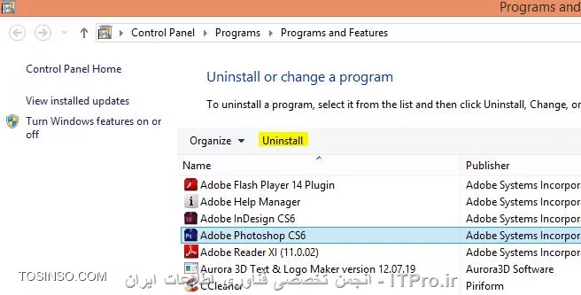 سلام، کافیه طبق تصویر زیر از قسمت Add or Remove Programs در Control Panel فتوشاپ را Uninstall کنید:
||http://programming.tosinso.com/files/get/63e522d3-1a6a-4509-9102-5f46f54b576d||
و فقط در صورتی که برنامه بصورت کامل حذف نشد از طریق رجیستری نسبت به این موضوع اقدام کنید:
* |حذف کامل برنامه ها از رجیستری::https://tosinso.com/questions/3007/%d8%ad%d8%b0%d9%81-%da%a9%d8%a7%d9%85%d9%84-%d8%a8%d8%b1%d9%86%d8%a7%d9%85%d9%87-%d9%87%d8%a7-%d8%a7%d8%b2-%d8%b1%d8%ac%db%8c%d8%b3%d8%aa%d8%b1%db%8c|
* |حذف برنامه ویندوز توسط Registry::https://tosinso.com/articles/41988/%d8%a2%d9%85%d9%88%d8%b2%d8%b4-%d8%ad%d8%b0%d9%81-%d8%a8%d8%b1%d9%86%d8%a7%d9%85%d9%87-%d9%87%d8%a7-%d8%a7%d8%b2-%d9%88%db%8c%d9%86%d8%af%d9%88%d8%b2-%d8%a8%d8%a7-%d8%b1%d8%ac%db%8c%d8%b3%d8%aa%d8%b1%db%8c-%d8%a8%d9%87-%d8%b2%d8%a8%d8%a7%d9%86-%d8%b3%d8%a7%d8%af%d9%87|
احیاناً اگر مشکل شما پابرجا بود می توانید از نرم افزار |CCleaner ::https://tosinso.com/articles/39051/%d8%a2%d9%85%d9%88%d8%b2%d8%b4-CCleaner-%d8%a7%d8%a8%d8%b2%d8%a7%d8%b1-%d8%ac%d8%a7%d9%85%d8%b9-%d8%a8%d9%87%db%8c%d9%86%d9%87-%d8%b3%d8%a7%d8%b2%db%8c-%d9%88-%d8%aa%d9%85%db%8c%d8%b2-%da%a9%d8%b1%d8%af%d9%86-%d9%88%db%8c%d9%86%d8%af%d9%88%d8%b2|نیز استفاده نموده و سیستم را پاکسازی کنید، سپس مجددا اقدام به نصب کنید.