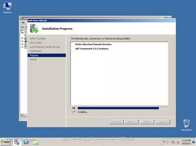 ||http://network.tosinso.com/files/get/465f83f1-ad1d-44fd-97d7-47db2dbdd599||
! راه اندازی یک شبکه قدرتمند محلی تحت دامین-Domain Networking

خب همان طور که از نامش معلوم هست شبکه ما تحت دامین میباشد و با شبکه های Workgroup خیلی تفاوت دارد. در شبکه دامین ما با سیستم عامل سرور یک شبکه راه اندازی میکنیم و بقیه کامپیوتر ها باید به سرور متصل شوند
تا بتوانند از سیستم های خود استفاده کنند همچنین ما در شبکه دامین میتوانیم سطح دسترسی کاربران را به قسمت های مختلف ویندوز محدود کنیم برای مثال از سرور دستور میدهم که کاربر X نتواند از USB استفاده کند و...
در شبکه Domain شما باید روی سرور برای هر کاربر Username و Password تعریف کنید تا کاربران با User و Pass های تایین شده توسط شما بتوانند کامپیوتر های خود را Login کنند.
در این قسمت از سیستم عامل Windows Server 2008 R2 استفاده میکنیم.

*خصوصیات شبکه Domain:*
قابلیت مدیرت هزاران کامپیوتر تنها از یک کامپیوتر ( سرور )
تعیین کردن سطح دسترسی کاربران به قسمت های مختلف سیستم عامل ویندوز
نصب برنامه ها تحت شبکه ( شما تایین میکنید که کاربران بتوانند چه برنامه هایی نصب کنند )
امنیت فوق العاده بالا
انعطاف پذیری بالا در مدیریت کاربران
نصب ویندوز بر روی کامپیوترهای Client عضو شبکه Domain
و......

پیکربندی ویندوز Server 2008 R2 Enterprise:
1- سیستم عامل ویندوز را روی کامپیوتر سرور نصب کنید. سیستم عامل را حتما فعال و Active کنید و ساعت آن را تنظیم کنید.
2- در این قسمت باید سرویس Active Directory را روی ویندوز سرور نصب کنید تا شبکه شما به Domain تبدیل شود. ( ADDC: Active Directory Domain Controller )
2-1: نصب سرویس Active Directory:

روی Start کلیک کنید سپس از Administrative Tools گزینه Server manager را انتخاب کنید:
||http://network.tosinso.com/files/get/d1bb9151-613e-43a6-9396-6d85acb85013||
2-2- در صفحه باز شده روی Roles کلیک کنید سپس Add Roles را بزنید:
||http://network.tosinso.com/files/get/9a64b30c-3142-4369-bca1-a874b86e16c5||
2-3- در این قسمت روی Next کلیک کنید:
||http://network.tosinso.com/files/get/587b1e57-15e6-462f-8a79-c55b970d6213||
2-4- در این قسمت تیک گزینه Active Directory Domain Services را بزنید:
||http://network.tosinso.com/files/get/ff749a6f-06e0-45a4-901e-53d8baa048a6||
2-5- صفحه ای باز میشود و باید روی Add Required Features کلیک کنید:
||http://network.tosinso.com/files/get/3fbe52f7-01e0-45d6-adb0-5fb2c2f42793||
2-6- تیک Active Directory Domain Services زده شد حالا روی Next کلیک کنید:
||http://network.tosinso.com/files/get/524e7fd5-206f-47f3-854a-efe49c96326d||
2-7- روی Next کلیک کنید:
||http://network.tosinso.com/files/get/2e1a28d8-acb0-4701-a7ae-9f42e86e1968||
2-8- روی Install کلیک کنید تا سرویس Active Directory نصب شود:
||http://network.tosinso.com/files/get/162dd0de-588b-4136-aaa4-2104315ab108||
2-9- در حال نصب:
||http://network.tosinso.com/files/get/6489b5cd-83f0-4b66-a890-eaa10b5c4660||
2-10- روی Close کلیک کنید تا نصب به اتمام برسد:
||http://network.tosinso.com/files/get/1b8b18aa-6986-418a-b01e-6b59c2ca8d5d||
2-11- روی Start کلیک کنید سپس از Administrative Tools گزینه Server manager را انتخاب کنید.
روی Roles کلیک کنید سپس روی Active Directory Domain Services کلیک کنید:
||http://network.tosinso.com/files/get/dee593d9-243f-44b2-93bc-6b300fe7d76c||
2-12- روی Run the Active Directory Domain Services Installation Wizard dcpromo.exe کلیک کنید:
||http://network.tosinso.com/files/get/3a44e3d2-068c-4c3d-9b58-80f609dbc2ad||
2-13- روی Next کلیک کنید:
||http://network.tosinso.com/files/get/3e5f84e4-a44a-4fad-8f5d-9f4ceb6e859f||
2-14- روی Next کلیک کنید:
||http://network.tosinso.com/files/get/2305697b-c67d-47d3-8601-cc7be14bc60a||
2-15- تیک گزینه Creat a new domain in a new forest را بزنید و روی Next کلیک کنید:
||http://network.tosinso.com/files/get/8dba017d-96aa-4fe6-bf36-681a52f70056||
2-16- در این قسمت باید برای دامنه شبکه دامین یک نام انتخاب کنید. دقت کنید که باید از 2 یا 3 کلمه تشکیل شود و بین آن ها نقطه ( . ) گذاشته شود. سپس روی Next کلیک کنید:
||http://network.tosinso.com/files/get/82dff6dd-706c-4bba-90b1-96701c4711e3||
2-17- در این قسمت از بالا ( Forest fuctional level ) گزینه Windows server 2008 R2 را انتخاب کنید و روی Next کلیک کنید:
||http://network.tosinso.com/files/get/781a032f-d08e-4aa9-bbfe-f0a3ed1ca1eb||
2-18- در این قسمت مطمئن باشید که تیک گزینه DNS خورده باشد سپس روی Next کلیک کنید:
||http://network.tosinso.com/files/get/f9000eaf-8a56-439c-b3f8-d985a60c39c0||
2-19- در این قسمت باید نوع سیستم IP دهی به شبکه را انتخاب کنید که DHCP و Manual میباشد من در اینجا ار IP دهی Manual استفاده میکنم و IP کارت های شبکه را دستی تنظیم میکنم
پس ابتدا IP سرور را دستی تنظیم کنید سپس گزینه زیر را انتخاب کنید:
||http://network.tosinso.com/files/get/82ea3931-05e4-4aea-99f3-969ef43e0458||
IP که من تنظیم کردم:
||http://network.tosinso.com/files/get/8154f867-bb10-4d7b-8e89-260cebf69a2b||
IP Address: 192.9.200.77 این IP باید در رنج IP ها و روترهای داخل شبکه باشد.
Subnet Mask: 255.255.255.0 باید همین مقدار باشد: 255.255.255.0
Default Geteway: 192.9.200.50 باید IP مودم یا روتر اینترنت باشد تا به اینترنت دسترسی داشته باشد.
2-20- سپس روی Next کلیک کنید و Yes را بزنید:
||http://network.tosinso.com/files/get/ea8c50c0-9f6d-4b9f-a188-7ea6f9e099d5||
2-21- روی Next کلیک کنید:
||http://network.tosinso.com/files/get/8065e660-4640-4674-a0ce-a263e88611f7||
2-22- در این قسمت برای بازیابی Active Directory یک رمز وارد کنید ( رمز شما باید ترکیبی از حروف کوچک حروف بزرگ و اعداد و کاراکتر یاشد ) سپس روی Next کلیک کنید:
||http://network.tosinso.com/files/get/f7579a6a-96f7-49b2-88d8-e51c2efbae91||
2-23- روی Next کلیک کنید تا تنظیمات اعمال شود:
||http://network.tosinso.com/files/get/01968a4a-546e-4e3b-9b0a-0577c06aaa91||
2-24- در این قسمت تیک گزینه Reboot on completion را بزنید تا بعد از اتمام نصب و تنظیمات سرور ریست شود:
||http://network.tosinso.com/files/get/4bf0cd9d-497e-4e7c-a2b6-07c6bdc59e00||
خب تا اینجا توانستیم شبکه Domain را روی سرور راه اندازی کنیم. حالا باید کامپیوترهای کاربران و کلاینت ها را عضو این شبکه کنیم.
||http://network.tosinso.com/files/get/2953c08f-ffda-4765-a24f-b57b27b1acb9||
! join کردن کامپیوتر ها به سرور
عضو کردن کامپیوترهای کاربران و کلاینت ها به شبکه Domain:
تعریف Username و Password برای یک یا چتد کاربر روی ویندوز سرور:
خب شما ابتدا باید روی سرور برای هر کاربر و کلاینت یک نام کاربری و رمز عبور تعریف کنید تا کاربران بتوانند وارد حساب کاربری خود شوند.
1- روی Start کلیک کنید سپس از Administrative Tools گزینه Server manager را انتخاب کنید.
به مسیر زیر بروید:
<c#>
Roles > Active Directory Domain Services > Active Directory users and Computers > Domain name > Users
<c#>
Domain name همان اسمی هست که برای شبکه Domain انتخاب کردید.
||http://network.tosinso.com/files/get/3643b8f5-fd04-49bd-afe5-70167391d2e2||
2- روی Users کلیک راست کنید و New user را بزنید:
||http://network.tosinso.com/files/get/5ad37cf3-02f0-47f7-9f82-91d39d93a7c9||
3- First name: نام کاربر را وارد کنید.

Last name: اسم فامیل کاربر را وارد کنید.

User logon name: نام کاربری کاربر برای وارد شدن به سیستم را وارد کنید.
سپس روی Next کلیک کنید:
||http://network.tosinso.com/files/get/60bb779e-6856-40b1-93ff-80b3c7021f24||
4- در این قسمت برای User که ساختید پشورد بزارید و همه تیک ها را بردارید و روی NExt کلیک کنید ( پسورد ترکیبی از اعداد حروف کوچک و بزرگ و کاراکتر باشد )
||http://network.tosinso.com/files/get/2591bc9d-892f-4d2c-9123-0c27023ee07c||
5- روی Finish کلیک کنید:
||http://network.tosinso.com/files/get/5a60ff1d-80d2-4d32-87e6-959e80df3dfc||
6- User ما بر روی سرور ساخته شد.

به کامپیوتر کاربر یا کلاینت بروید سپس IP آدرس برای آن کلاینت تعریف کنید ( IP باید در رنج IP سرور و شبکه باشد )
IP Address: آدرس IP در رنج شبکه و سرور ( تکراری نباشد )
Subnet Mask: باید 255.255.255.0 باشد
Default geteway: باید IP روتر یا مودم اینترنت باشد
Prefered DNS Server: که خیلی مهم میباشد باید IP سرور را وارد کنید اگر وارد نکنید امکان عضویت و بر قراری ارتباط با سرور را ندارید.
||http://network.tosinso.com/files/get/7120de2c-28be-4b06-b6bb-5dea7c2b1fa0||
6- روی Computer کلیک راست کنید و Properties را بزنید سپس روی Change settings کلیک کنید:
||http://network.tosinso.com/files/get/6448080b-1d7a-4f29-b68a-e22e062d076a||
7- روی Change کلیک کنید:
||http://network.tosinso.com/files/get/4268e27b-a4e8-40cf-ad0a-d49da540731d||
8- تیک گزینه Domain را بزنید و نام Domain که در سرور موقع نصب Active Directory انتخاب کردید را وارد کنید و OK را بزنید:
||http://network.tosinso.com/files/get/5c2cd75d-4a84-4a5a-9075-2672ada1bd65||
9- از شما USER Name و Password میخواهد:
||http://network.tosinso.com/files/get/4a3f8a04-0fc3-402d-bba6-4957033a51ff||
Username باید Administrator را وارد کنید و Password را رمز عبور ویندوز سرور 2008 سپس Ok را بزنید:
10- پیام خوش آمد گویی به شما نمایش داده میشود. این یعنی این که کاربر شما عضو شبکه Domain شد. روی OK کلیک کنید:
||http://network.tosinso.com/files/get/ba3a7f60-7726-457f-af71-9cec5e2c5a65||
11- از شما میخواهد کامپیوتر را ریست کنید رو OK کلیک کنید:
||http://network.tosinso.com/files/get/78b86ffc-d746-48f7-afbe-5e5df898929f||
سپس Close را بزنید و Restart now را بزنید.
12- سیستم کاربر که روشن شد به شما میگه مه CTRL + ALT + Delete را بزنید تا Login شوید:
||http://network.tosinso.com/files/get/18282e58-64b6-46c1-adb1-c3291cb96d40||
13- روی Switch User کلیک کنید:
||http://network.tosinso.com/files/get/52f35079-78d5-4633-bd7f-a71623317de8||
14- Other User را بزنید:
||http://network.tosinso.com/files/get/6b9d9841-f62d-48f3-a6ff-215ce30e2824||
15- User name و Password که در سرور برای کاربر تعریف کردید را وارد کنید تا Login شود:
||http://network.tosinso.com/files/get/5d6df99e-ab52-4b11-80f9-630070acbe20||
||http://network.tosinso.com/files/get/e51322cc-c0f7-4ffc-ade0-f0dc086b4188||
16- کاربر شما با موفقیت عضو شبکه Domain شد
||http://network.tosinso.com/files/get/4b8fb913-5ae3-40bb-b733-f01b85f970a1||
موفق باشید.