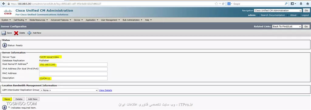 **!! نحوه راه اندازی *Cisco Jabber* بروی انواع *Device  *ها :**

مقدمه:
 *Cisco jabber*  نرم افزاریست ارائه شده از طرف شرکت سیسکو برای ارتباط های  Text Messaging  (به صورت گروهی و یا فردی ) و به اشتراک گذاری فایل ها ، Voice & Video Calling و به اشتراک گذاری Desktop  که ذکر این مطلب الزامیست ،برای استفاده از سیستم کنفرانس چه صوت و چه تصویر نیاز به راه اندازی سرویس  WebEx میباشد.
||Jaber::http://tosinso.com/files/get/c430cf1c-e2d1-415a-bd9a-ec183652fe7f||
از جمله امکانات این مجموعه سرویس میتوان به این نکته اشاره داشت ، (مانند نرم افزار Lync  در مایکروسافت ) شما میتوانید آن را بروی گوشی تلفن همراهتان ، کامپیوتر شخصی خود (PC) ، تبلت و لب تاپتان داشته باشید و در صورت نیاز ادامه مکالمه خود را به device  دیگری انتقال دهید . مثلا فرض کنید بروی میز کار خود یک تلفن 7940  دارید و با مدیرتان مشغول صحبت هستید و در همین حین برای شما کاری پیش می آید و مجبور هستید از پشت میز خود بلند شوید در این حالت میتوانید مکالمه خود را به تلفن همراهتان منتقل کنید و هم به کارتان برسید و هم دیگر نیازی به قطع کردن مکاله خود ندارید که این جابجایی در صورت داشتن سرویس  WebEx  میتواند حتی به صورت خارج از شبکه داخلی شرکت و بروی اینترنت هم ادامه پیدا کند. شما میتوانید این سناریو را در مکالمه تصویری  نیز در نظر بگیرید.
||http://tosinso.com/files/get/4bd12c07-602e-4522-acbb-df729e9b5955||
برای راه اندازی این سرویس باید زیر ساخت مورد نیاز آن را فراهم کنیم، که شامل راه اندازی Cisco Unified Call Manager  یا همان CUCM  و  Cisco Unified IM & Presence میشود.
!! در ادامه نحوه راه اندازی IM & Presence  و Integrate  کردن آن با CUCM را  توضیح داده و سپس نرم افزار Jabber  را توضیح خواهم داد.
ذکر چند نکته خالی از لطف نیست:
!! 1- همخوانی سرور های  CUCM  و IM & Presence  (در اینجا از نسخه 11 استفاده شده است)
2- اطمینان از داشتن منابع کافی بروی سروری که بروی آن این سرویس ها را نصب کرده ایم.
!! 3- اطمینان از برقراری درست سرور IM,CUCM و نرم افزار لایسنس (Cisco Prime)
4- برای برقراری تماس ها (voice & Video) نیاز به Assign  کردن شماره داخلی خاص به هر Jabber Account  داریم.
!! 5- اطمینان از راه اندازی همه ی سرویس های مورد نیاز بروی هر دو سرور IM&P  و CUCM


ابتدا میبایست CUCM  را به IM&P متصل کنیم برای این کار میبایست مانند زیر عمل کنیم:
-	ابتدا سرور IM&P  را معرفی میکنیم ، برای این کار در CUCM  به منوی System  و سپس Server  بروید:

دقت شود که قسمت های هایلایت شده حتما مانند شکل پر شوند و قسمت هایی که تیک خورده شده مانند آن تیک خورده شود و  آیتم های انتخابی مانند شکل انتخاب شوند.”
||http://tosinso.com/files/get/b7119000-5873-47fb-bd2a-47b40a4eef2f||
||http://tosinso.com/files/get/4e8c88d9-08f5-48a1-bff2-ef5f5f4c25de||
||http://tosinso.com/files/get/64fe8457-7b19-4115-bf21-39b786caaf98||
-	در CUCM  و در منوی SIP Trunk Security  یک پروفایل جدید بسازیم.
||http://tosinso.com/files/get/6856afdd-7183-46e7-b2cf-dbf289761fac||
برای رسیدن به این منو میتوانید از مسیر زیر استفاده کنید:
||http://tosinso.com/files/get/58e3f3a1-96e9-4add-bad9-f4c27c21dd07||
-	حال نوبت ساخت Trunk  است:
برای برقراری ارتباط میان IM&P  و CUCM  یک Sip Trunk  میان این دو سرور میسازیم

||http://tosinso.com/files/get/84225b83-ffb4-403b-b8f1-610639d09146||
||http://tosinso.com/files/get/7ec37180-e4ec-447e-a017-6ec8a39673e2||
||http://tosinso.com/files/get/6cc39e87-238e-4bf5-824c-1d07aa574474||
-	در Sip information  و در قسمت Destination Address  آدرس سرور IM&P  را وارد میکنیم که با پورت شماره 5060 این Trunk  برقرار خواهد شد.
-	SIP Profile  حتما بروی Standard SIP Profile  قرار خواهد داشت.

حال به سرور IM&P  مراجعه میکنیم: 
CUCM ip address:192.168.5.243
IM&Presence ip address:192.168.5.241
حال برای برقرای Trunk  باید یک پروفایل در IM&P بسازیم ولی نکته ی مهم آن است که مانند شکل زیر میباست در قسمت   CUCM IM and Presence Publish Trunk  همان Trunkی که در CUCM  ساختیم را انتخاب کنیم:

||http://tosinso.com/files/get/27ad5a90-76a2-4e32-81d3-440a4d9609e0||

نکته مهم دیگر این است که IM&P  مانند یونیت های دیگر Unified communication  در سیسکو نیست و بصورت یکپارچه با خود CUCM  کار میکند مثلا لایسنس خود را از آن میگیرد و در Submenu های CUCM به گزینه های CUCM اضافه میشود. 

||http://tosinso.com/files/get/f8c37cac-b346-438c-ba67-7f5b24bbfe81||
حال میبایست CTI port  را برای IM&P  در سرور CUCM تعریف کنیم:

CTI Port :
CTI port  یا همان Computer Telephony Integration  در حقیقت یک device  مجازی است (Virtual Device) که به شما این اجازه را میدهد تا یک خط مجازی بسازید. باید بازای هر خط فعال (Active Voice Line) که میخواهیم از آن به عنوان خط   Soft phone  استفاده کنیم یک CTI port  داشته باشیم.
||http://tosinso.com/files/get/e23b5318-be90-44b5-9639-aa1686e51987||
||http://tosinso.com/files/get/eac7fd42-9b25-4d9b-8808-926fd41760a9||


ادامه مطلب در حال بروز رسانی میباشد
با تشکر
