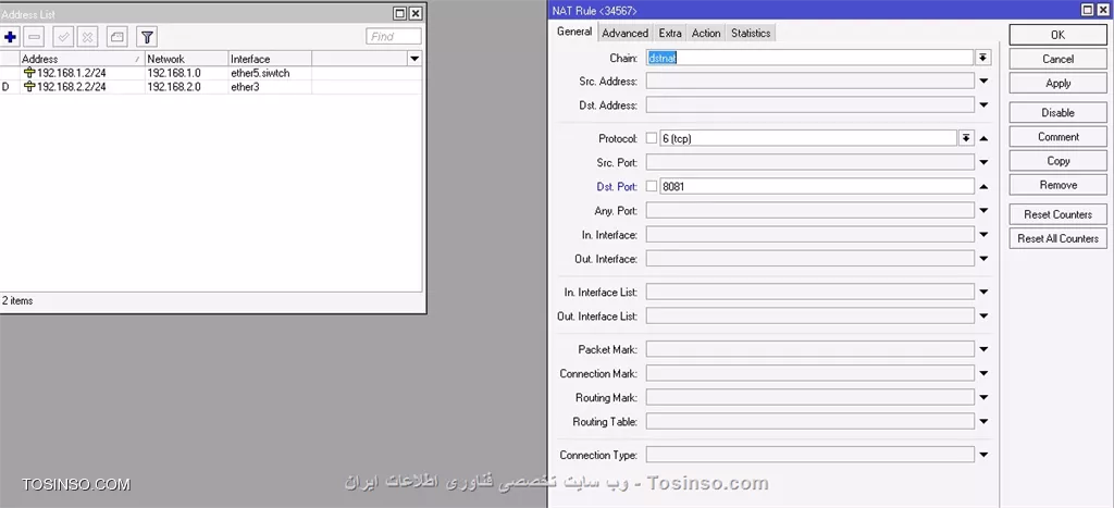 من به تنظیمات مودم دست نزدم چون دوستی گفت که وقتی میکروتیک داری دیگه احتیاجی به پورت فوروارد نیست ضمن اینکه مودمم iplink هست و تو هیچ سایتی تنظیماتشو پیدا نکردم کلا فرق داره با مودمای دیگه 
بله ایپی دستگاه دی وی ار  192.168.1.22 هست با http port: 8081 که توی شبکه داخلیم میبینمش
اون مواردی که فرمودید رو هم انجام دادم||https://mikrotik.tosinso.com/files/get/66371c37-aec3-4c13-8dbf-24ffc5bc1b87||
||https://mikrotik.tosinso.com/files/get/270431c9-0280-4c19-9cc9-bc592262049c||