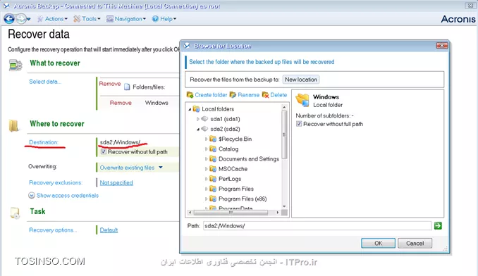 وقتی نوبت به ریکاوری می رسد باید برسی کنید چگونه اینکار را انجام دهید:
به Managed Machine وصل شویم؟
یا از طریق ایجاد یک Recovery Task؟
اگر Managed Machine قادر نیست Boot کند باید از طریق Bootable Media آن را بوت کرد و بصورت Bare metal آن را ریکاوری کرد.
Acronis قادر است یک سیستم عامل را از Bios-based به UEFI منتقل کند. 
یا می توانید یک Full Backup را بر روی یک سخت افزار متفاوت ریستور کنید. اگر در دو حالت سیستم بعد از ریکاوری قادر به Boot شدن نبود می توانید بوسیله Universal Restore tool سرویس و درایورهای ماشین جدید را نصب و مشکل را برطرف کرد.
ممکن است شما در حین پروسه ریکاوری مجبور شوید Disk ماشین مقصد را تعقیر دهید که Acronis یک ابزار Disk Management برای این منظور ایجاد کرده که حین بوت ماشین می توانید تعقیرات لازم را انجام دهید.
تمام موارد بالا را اگر خدا بخواهد یاد خواهیم گرفت.
!! Creating a recovery task
--
اولین قدم در این راستا ایجاد یک Recovery Task می باشد. 
اجازه بدید ببینیم چه گذینه های در Recovery Task وجود دارد و آنها را یاد بگیریم.
||http://tosinso.com/files/get/49db0388-8847-40f6-8b34-72407db85253||
||http://tosinso.com/files/get/2ecfd9a1-63c7-4e9c-b962-d14af2370894||
# در این قسمت شما باید اطلاعاتی که قرار Recover کنید را انتخاب کنید.
# در این قسمت باید Client/Serverی که این اطلاعات باید بر روی آن ریستور شود را انتخاب کنید. که بصورت اتومات انتخاب می شود.
# در این قسمت مقصد اطلاعاتی که قراره Recover بشه تعیین می شود.
# تنظیمات رو نویسی اطلاعات که سادس و نیاز به توضیح خاصی ندارد.
# کی عملیات Recover شروع شود؟ که می توانیم در اینجا تعیین کنیم.
# در این قسمت یک نام برای این Task و تنظیمات پیش فرض آن و مجوزی که این Task بوسیله آن اجرا شود. 
نکته: User قسمت Task credentials باید عضو گروه Administrators and Backup Operators سیستم مقصد باشد. 
چون ما در یک محیط متمرکز و مدیریت شده هستیم (domain) اجازه ندهید هر Agent ی که بر روی سیستمی نصب شود یک User برای خود ایجاد کند. شما می توانید یک User ایجاد کنید و آن را بوسیله GP عضو Local Administrators and Backup Operators  کنید. تا در هر Taskی مجبور نشوید برای هر Taskی یک User انتخاب کنید. ولی این روش یک ریسک امنیتی می باشد. پس مواظب این User مهم باشید. (این روش منه شاید روش شما فرق می کنه) 
درضمن اگر می خواهید بوسیله این کاربر به Managed Machine ها وصل شوید این کاربر را عضو Acronis Remote Users کنید. همانطور که می دانید بر روی هر Managed Machineی یک گروه به همین نام ایجاد می شود و فقط کاربران عضو این گروه می توانند به Managed Machine ها وصل شود.
سناریو:
بر روی یکی از Client ها یک شازده ندانسته تمام Profile های کاربران را از درایو C پاک کرده ولی خوشبختانه از آن کلاینت یک Full Backup دارم. الان چطور آن File ها را Restore کنم؟
خیلی ساده یک Recovery task ایجاد می کنم و آن اطلاعات را انتخاب می کنم.
||http://tosinso.com/files/get/b074ea00-ea7f-4e68-9d6c-7bc17907493d||
وقتی Ok کنم بقیه تنظیمات هم اعمال می شوند.
||http://tosinso.com/files/get/1471f60e-8cc5-4c28-807f-35dfda953ca9||
||http://tosinso.com/files/get/057b1c15-0e84-48ba-94bd-3844e6c080df||
بعد از اتمام پروسه Recovery اکرونیس یه هشداری میده که باید سیستم را Reboot کنید. و بعد از آن 
||http://tosinso.com/files/get/665ecd05-b84a-4edb-b2b0-1f2d0899bff9||
تا به اینجا رسیده ایم یک نقطه ای را بگم:
گاهی وقتا شما در قسمت Data Catalog داده ای را مشاهده نمی کنید. وعلت این امر دو چیز است:
# Backup نگرفتن از داده ها.
# غیرفعال بودن Cataloging یا فعال بودن قابلیت Fast Cataloging.
شما می توانید Data Catalog را بر روی Managed Machine, Management Server and Storage node فعال کنید.
برای فعال کردن این قابلیت بر روی Managed Machine به آن ماشین وصل شوید و :
||http://tosinso.com/files/get/352e55f3-341f-4fdb-bfe6-674481c4b311||
برای فعال کردن Data catalog  بر روی Management Server کلید زیر را اد کنید:
||http://tosinso.com/files/get/064aec09-3d6b-43e3-ba9f-95dfe8d5d98c||
نکته: اگر پارامتر Enabled را پیدا نکرده اید این به معنی فعال بودن این قابلیت بر روی آن سرویس می باشد.
نکته: فعال کردن Data Catalog بر روی Storage node مانند روش بالاست.
نکته: داده ای زیر را نمی تون Catalog کرد:
||http://tosinso.com/files/get/3a21cfd6-7643-48a4-b7ef-447f8cad3d58||
در واقع شما از دو روش می توانید به داده های که می خواهید Recover کنید دسترسی داشته باشید. یک روش که در بالا توضیح داده شد و روش دیگه استفاده از Vault می باشد. بدین صورت، وارد Vault مورد نظر شوید و 
||http://tosinso.com/files/get/e808b3ee-2614-425e-89ca-eea62215e74f||
بعد از زدن دکمه Recover 
||http://tosinso.com/files/get/555ff90a-38d8-461a-a530-0fc553948c15||
  به صفحه بالا منتقل می شوید.
نحوه ریکاوری کردن وقتی که به Managed Machine وصل می شوید دقیقا مانند روش بالا می باشد با این تفاوت که وقتی می خواهید مقصد داده ها را انتخاب کنید نمایش داده نمی شود چون بدیهی هستش، مقصد داده ها بر روی همین Managed Machine می باشد.
||http://tosinso.com/files/get/96fc2374-12ce-4b3a-87e0-49cca23e8921||
سناریو :
یکی از سیستم های من به علت حذف شدن فایلهای سیستمی آن از کار افتاده و نمی توانم بوت کنم. ولی خوشبختانه یک Full backup از قبل از این سیستم دارم که می توانم آن را به حالت قبل برگردونم.  
الان چگونه این سیستم را ریکاور کنیم؟
به سادگی شما می توانید یک Bootable media در Management Server ایجاد کنید (نحوه ایجاد کردن این مدیا را در جلسه بعدی توضیح میدم) و بوسیله آن سیستم را بوت کنید. 
وقتی که سیستم را بوت کردید اولین قدم تنظیمات کارت شبکه می باشد که باید یک IP هم رنج شبکه خود بدهید که بتواند با Storage های که فایلهای Backup را ذخیره می کنند ارتباط داشته باشد
||http://tosinso.com/files/get/88bfe1de-88be-4c41-b8eb-7508511ed9ca||
||http://tosinso.com/files/get/d7651466-418d-4143-a10b-ddfb230e484e||
||http://tosinso.com/files/get/111b432c-e246-424b-9c85-7511bd649520||
||http://tosinso.com/files/get/a57471df-fdd4-400e-876e-1fb196eb92ac||
خب ما در بالا گذینه recover را کلیک می کنیم
||http://tosinso.com/files/get/0df3ea2b-b062-4029-8116-257fe6ab9013||
برای انتخاب فایلهای Backup گذینه بالا را انتخاب کنید. 
||http://tosinso.com/files/get/c8c9dc0b-e504-459e-8162-4a696fc5065c||
||http://tosinso.com/files/get/663ce966-dc21-496a-ac35-ff6800983ab1||
در آخر هم باید مقصد ریکاور شدن فایلها را هم انتخاب کنید و OK کنید. 
شما علاوه بر روش بالا می توانید کل درایو C را هم ریکاور کنید. در سناریو های که درایو C صدمه می بیند یا کل اطلاعات آن پاک می شود.
بدین صورت 
||http://tosinso.com/files/get/0d1f9d63-9fd7-4e50-b5fb-12d8689b3cbd||
شما در بالا MBR دیسکتها را هم مشاهده می کنید. در صورتی آنها را انتخاب کنید که :
# سیستم عامل به هر دلیلی نتواند بوت کند.
# یک دیسک جدید نصب کرده اید که حاوی MBR دیسکت قدیمی نیست.
# قصد ریکاور کردن یک Non-windows loaders مانند LILO and GRUB را داشته باشید.
به هر حال OK کنید.
||http://tosinso.com/files/get/c7aca7c9-637c-420d-8d5d-ba3a7b31f142||
وقتی گذینه بالا را کلیک کنید
||http://tosinso.com/files/get/bc618d3b-df33-4c82-be66-f5904f6be101||
در بالا می توانید تعقیراتی در درایو C ایجاد کنید. 
||http://tosinso.com/files/get/5d31999b-203b-4a92-9954-dcb8a7c0450e||
در بالا در یکی از تصاویر شما گذینه ای به نام NT Signature می بینید و شاید با خودتون بگید این گذینه چی هست؟
NT Signature یک رکورد در جدول MBR می باشد و دیسکی که حاوی OS باشد را تشخیص می دهد. 
این گذینه بصورت پیش فرض بر روی Select Automatically ست شده است یعنی اگر Acronis تشخیص داد که NT Signature مانند همان نسخه ای که در فایل Backup هستش  NT Signature قدیمی دست نخورده باقی می ماند در غیر اینصورت یک NT Signature جدید ایجاد می کند. 

گاهی وقتا پیش میاد دیسک سرور شما به دلایلی از کار می افتاد و شما مجبور می شوید یک دیسکت جدید بخرید و بر روی سرور نصب کنید. در چنین سناریوهای ما چگونه می توانید سرور را ریکاور کنیم. 
برای اینکار من مدتها قبل یک مقاله در اینباره نوشتم که مراحل کار را در  Acronis True Image 2016 می باشد که می توانید از لینک زیر بهش دسترسی داشته باشید. شما در مقاله زیر فقط روند کار را یاد بگیرید. بعد از درک کردن مراحل می توانید تمام تنظیمات را در Acronis backup advanced پیدا کنید. که من به علت طولانی نشدن و تکراری شدن مطلب از توضیح آن خودداری می کنم.
|ریکاوری کردن کل سیستم بر روی یک هارد دیسک جدید بوسیله Acronis True Image 2016::https://tosinso.com/articles/41964/%d8%a2%d9%85%d9%88%d8%b2%d8%b4-%d8%b1%db%8c%da%a9%d8%a7%d9%88%d8%b1%db%8c-%d8%a7%db%8c%d9%85%db%8c%d8%ac-%da%a9%d9%84-%d8%b3%db%8c%d8%b3%d8%aa%d9%85-%d8%b1%d9%88%db%8c-%d9%87%d8%a7%d8%b1%d8%af-%d8%ac%d8%af%db%8c%d8%af-%d8%a8%d8%a7-%d8%a7%da%a9%d8%b1%d9%88%d9%86%db%8c%d8%b3|

!!Recovering BIOS-based systems to UEFI-based
--
همچنین که از عنوان مشخصه Acronis قابلیتی دارد که می توان Full backup سیستمی که با رابط BIOS فعالیت میکند بر روی UEFI و برعکس ریستور کرد. 
قبل از اینکار اکرونیس توصیه های کرده:
# عمل Restoring را بر روی یک uninitialized disks انجام دهید. (اجازه دهید خود برنامه درباره کنترول و ایجاد پارتیشن تصمیم بگیرد)
# موقع انتقال یا ریستورینگ از Linux-based bootable media or WinPE-based bootable media ورژن 4.0 به بعد استفاده کنید. چون نسخه های قبلی UEFI را ساپورت نمی کنند.
# یادتون باشه BIOS ظرفیت دیسکی که بیشتر از 2 ترابایت باشد را ساپورت نمی کند.
*محدودیتها این روش:*
# انتقال یک سیستم عامل Linux از BIOS to UEFI و برعکس پشتیبانی نمی شود.
# انتقال یک سیستم عامل ویندوز از BIOS to UEFI و برعکس به شرطی که فایل Backup بر روی mediaهای زیر ذخیره شده باشد ساپورت نمی شود:
<ltr>
Acronis Cloud Storage
Tape device
Optical discs (CDs, DVDs, or Blu-ray discs)
<ltr>
خب!!!
من قبلا از یک سیستم که از firmware BIOS استفاده می کرد یک full backup تهیه کردم و الان قصد دارم آن را بر روی یک سیستمی که از UEFI پشتیبانی می کند ریستور کنم. 
سیستم مقصد را با bootable media بوت می کنم و تنظیمات شبکه آن را انجام می دهم و گذینه Disk management را کلیک می کنم تا دیسک سیستم جدید را چک کنیم 
||http://tosinso.com/files/get/13cdaa11-52b1-4d44-9abd-f3b561eb7e4a||
بعد از اطمینان گذینه Recover را کلیک کنید
||http://tosinso.com/files/get/0d3f1fb8-c118-4363-a25b-8d0c2b7afe89||
MBR و پارتیشنهای مورد نظر را انتخاب و ok می کنیم
||http://tosinso.com/files/get/db72b4cd-e562-49cb-947b-26f64de7b1c7||
هر کدام از پارمترها مشخص شد در کجا ریکاور می شوند. در اخر ok کنید.
||http://tosinso.com/files/get/c07cf1c4-651b-4bf7-b7ce-9fd5d04f6593||

!!Recovering Volumes:
--
فرض کنید از Volume سیستم ( Volumeی که سیستم عامل روی آن نصب است) یک Backup گرفته اید و قصد دارید این Backup را بر روی یک سیستم دیگر با سخت افزار متفاوت ریستور کنید. بوت شدن سیستم مقصد از طریق این Backup به عوامل زیر بستگی دارد:
*Source operating system:*
سیستم عامل Convertible  یا non-Convertible باشد. سیستم عاملی که Convertible باشد به شما اجازه می دهد Boot Media or boot partition خود را از BIOS to UEFI و بر عکس تعقیر دهد.
نسخه های زیر از ویندوز Convertible می باشند:
||http://tosinso.com/files/get/588f1928-c9a8-4238-ae32-b7dc05e036f9||
*Source and target disk partition style:*
MBR یا GPT، سیستم عاملی که از BIOS استفاده میکند از MBR و سیستمی که UEFI باشد از GPT استفاده می کند.
برای عملیات ریکاوری وقنی که دیسک سیستم مقصد not initialized باشد خود Acronis بصورت اتوماتیک بر اساس Style دیسک مبدا (MBR or GPT) یکی را انتخاب می کند و کل Backup را در دیسک سیستم مقصد ریستور می کند.
اگر در هر صورتی بعد از ریستور کردن Backup در دیسک جدید سیستم عامل Load نشد می توانید از ابزار خود اکرونیس به نام Disk Management  استفاده و دیسکت سیستم مقصد را ویرایش کنید.
در جدول زیر یک خلاصه از بوت شدن یا بوت نشدن سیستم عامل بعد از انتقال آن از BIOS to UEFI یا بر عکس می باشد:
بک گراند سبز رنگ به معنی بوت شدن سیستم عامل بدون نیاز به دخالت کاربر می باشد.
بک گراند زرد رنگ به معنی دخالت کاربر در پروسه ریکاوری می باشد.
بک گراند قرمز رنگ به معنی بوت نشدن OS بعد از انتقال می باشد. 
جدول زیر را از داکیومنتهای اکرونیس برداشتم ولی هر چی می خوام این رنگها رو ببینم دیده نمی شن؟؟؟ فک کنم ذره بین باید داشته باشید D: 
||http://tosinso.com/files/get/f7b199e5-6da4-4fac-ad25-5c7b5c646bd1||

!!Recovering Disks:
--
فرض کنید از یک دیسک با کل Volumeهای آن Backup گرفته اید و قصد دارید این Backup را بر روی سیستمی با سخت افزار متفاوت ریستور کنید. قابلیتی که باعث می شود این Backup بعد از ریستور بر روی سیستم مقصد بوت شود بستگی به سیستم عاملی که بر روی دیسک مبدا نصب شده دارد که آیا  Non-Convertible یا Convertible باشد یا نه؟
اگر دیسک مبدا دارای یک یا چند OS باشد وهمه ی آنها Convertible باشد در حین ریکاوری Boot mode آن بصورت اتوماتیک تعقیر می کند. ولی اگر یکی از سیستم عاملها Non-convertible باشد برنامه دیسک سیستم مقصد را بر اساس دیسکت سیستم مبدا Initialize می کند.
||http://tosinso.com/files/get/86d7b90b-4207-4e3d-8ad5-64e250deef18||

!!Acronis Active Restore: 
--
قابلیتی می باشد که در حین پروسه Recovery سیستم عامل یا دیتابیس را Load می کند و پس از Load کردن سرویس و برنامه های اولیه و مورد نظر را درخواست می دهد و آنها را ریکاوری می کند  در نتیجه در حین ریکاوری End-User می تواند به دینتابیس یا سیستم عامل وصل شوند و از امکانات اولیه آن استفاده کند تا پروسه ریکاوری پایان پذیرد.
*محدودیتها:*
# از GPT و UEFI پشتیبانی نمی کند فقط BIOS.
# فایلهای Backup فقط باید روی همان کامپیوتر بصورت Local ذخیره شده باشد. به اصطلاح دیگر در این سناریو فقط از Vaultهای محلی مانند Hard Drive, USB, Acronis Secure Zone و..... می توانید استفاده کنید.
# Backup را فقط می توانید بر روی همان کامپیوتر که از آن Backup تهیه کرده اید ریستور کنید نه بر روی سیستم دیگر.

موفق و پیروز باشید

نویسنده: احمد جهلولی 
منبع: |جزیره راهکارهای ذخیره سازی اطلاعات وب سایت توسینسو ::https://tosinso.com/virtualization|
نشر و کپی برداری، صرفاً با ذکر نام نویسنده و منبع مجاز می باشد. 