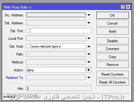 سلام . شما از چند طریق میتوانید این عمل را انجام دهید 

الف ) استفاده از webproxy
1- ابتدا وارد بخش ip--->firewall---->Nat شده و مانند تصویر زیر یک رول dst-nat  ایجاد کنید :
||http://network.tosinso.com/files/get/00308f41-d0ab-42c3-b4d4-11ea32e7b21e||

||http://network.tosinso.com/files/get/6fa7ef3d-f70f-40d2-b8f6-d703adc2d4c6||

2- وارد بخش ip--->webproxy شده و از تب General ؛enable را انتخاب کرده و مراحل را انجام دهید :

||http://network.tosinso.com/files/get/779a8040-426e-49ec-9e68-91183b835de7||

با توجه به تصویر سوم ، اگر کاربران در شبکه سایت network.tosinso.com را در مرورگر اجرا کنند بصورت خودکار به سایت google.com هدایت خواهند شد ... اگر که میخواهید به طور مستقیم سایت مسدود گردد ؛مانند تصویر زیر عمل نمائید :

||http://network.tosinso.com/files/get/666a7f57-0667-43ef-b741-89fb56a8495b||

3- اگر که میخواهید جلوی دانلود فایلهای خاص مانند mp3 ، exe و غیره را از  کاربران بگیرید مانند تصویر زیر عمل کنید :

||http://network.tosinso.com/files/get/e2d1f609-8ce1-4e05-aa9c-d050f3ca273f||

4- اگر که میخواهید جلوی پورت خاصی را بگیرید کافیست پورت برنامه مربوطه را در باکس dst port اضافه کنید ...

||http://network.tosinso.com/files/get/1c9d12b3-2220-496f-886e-aa8d47f8e81c||


ب ) استفاده از رول اختصاصی در Firewall : 
وارد بخش ip--->firewall--->Filter Rules  شده و یک رول جدید ایجاد کنید :

1-
||http://network.tosinso.com/files/get/58292a2b-1815-4b42-8cd0-cd9538d0ddc0||
2-
||http://network.tosinso.com/files/get/95a8ea4b-b143-446a-853d-836347042ea5||
3- 
||http://network.tosinso.com/files/get/68d627e9-45a6-4dcb-87f7-3d34ccb8ab60||
4- 
||http://network.tosinso.com/files/get/631e9ff9-742f-471e-89f3-737f40bb6ff6||

توضییحات : بطور کلی تصاویر بالا  نشان میدهد که سایت youtube.com را برای همه کاربران شبکه 192.168.0.0/24 ، بر روی پورتهای 80 و 443 ، به جز کاربرانی که در address list با نام weballow  ای پی آنها تعریف شده است با action از نوع Drop مسدود کند.

حالا شما میتوانید همین موضوع را با سایتهای مختلف و پورتهای برنامه مختلف تعمیم دهید ....
