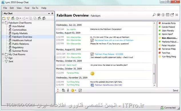 خب در مقاله قبل که اولین مقاله از سری مقالات آموزش گام به گام Lync Server بود، به معرفی اجمالی این محصول و تاریخچه آن پرداختیم. با توجه به گستردگی امکانات این محصول، معرفی قابلیت ها و سرویس ها را در چند مقاله به صورت جداگانه بررسی خواهیم کرد. در این مقاله که دومین مقاله از این سری آموزشی می باشد، سرویس IM & Presence را با هم بررسی می کنیم.در مقاله قبل به امکانات و قابلیت های Lync Server 2010 به طور خلاصه اشاره کردیم. برای اینکه از امکانات ذکر شده استفاده کنید، Lync Server 2010 از سرویس های متعددی استفاده میکند. در حقیقت این سرویس ها هستند که امکانات ذکر شده را برای شما فراهم میکنند. در زیر به معرفی اجمالی این سرویس ها میپردازم. برای درک بهتر و اهداف آموزشی، این سرویس ها و امکانات را به چند گروه دسته بندی می کنم.

* Instant Messaging & Presence
* Audio/Video Calling & Conferencing
* Sharing & Presentation
* Enterprise Voice
* Mobility
در این مقاله با هم سرویس Instant Messaging & Presence را بررسی می کنیم.

!! سرویس پیام فوری و وضعیت حضور (Instant Messaging & Presence)
این گروه از قابلیت ها شامل تعیین وضعیت حضور (Presence)، امکان چت شخصی و گروهی (IM & Group Chat)، مشاهده لیست تماس و اطلاعات تماس (Contact List & Contact Information)، مشاهده خلاصه فعالیت (Activity Feed) و همچنین امکان ارتباط با سرویس های چت عمومی (PIC) می باشد. در زیر به معرفی اجمالی این قابلیت ها خواهم پرداخت.

!! وضعیت حضور (Presence)
این سرویس به شما این امکان را میدهد که موقعیت و وضعیت خود را به دیگران اطلاع دهید. برای این کار نیازی نیست که وضعیت موجود خود را برای دیگران ارسال کنید. کسانی که شما را در لیست دوستان در Lync Client خود دارند، وضعیت و موقعیت شما را در جلوی اسم شما مشاهده خواهند کرد. از جمله این وضعیت ها میتوان به Available (در دسترس)، Busy (مشغول)، Do Not Disturb (مزاحم نشوید) و ... اشاره کرد.

||http://tosinso.com/files/get/8e95cf60-4b4c-4d84-865c-405545f86aa6||

!! لیست تماس و اطلاعات تماس (Contact List & Contact Information)
شما در محیطی بسیار ساده و کاربرپسند میتوانید تمامی افراد حاضر در لیست دوستان خود را مشاهده کنید. میتوانید شیوه مشاهده لیست دوستان (Contact List) را بر اساس گروه بندی دلخواه خود، Availability (Online و Offline بودن و حالات دیگر) و تنظیماتی دیگر دسته بندی کنید. این دسته بندی به شما در پیدا کردن افراد مورد نظرتان کمک خواهد کرد.
همچنان شما میتوانید اطلاعات جامعی در مورد همکاران و یا مشتریان خود از طریق Lync Server در دسترس داشته باشید. این اطلاعات میتواند شامل آدرس، شماره تلفن، سمت کاری و ... باشد. همچنین دسترسی به این اطلاعات فقط محدود به داخل سازمان نبوده و شما از خارج از سازمان نیز می توانید به این اطلاعات دسترسی پیدا کنید.

||http://tosinso.com/files/get/a1de7329-b389-4f1e-8889-7296b53cc379||

!! خلاصه فعالیت (Activity Feeds)
با استفاده از این قابلیت شما میتوانید خلاصه ای از فعالیت جاری خود را به اطلاع دوستان و همکاران خود برسانید. همچنین میتوانید خلاصه فعالیت دوستان و همکاران خود را به طور یکپارچه در محیطی ساده مشاهده نمایید و از آخرین فعالیت های آنها اطلاع پیدا کنید.

||http://tosinso.com/files/get/1d891606-7b16-48d6-95e3-38e0dd82331d||

!! پیام فوری (IM)
IM که مخفف 2 کلمه Instant Messaging می باشد، اشاره به ارتباط متنی به صورت خصوصی و یا گروهی دارد. البته این قابلیت در کشور ما بیشتر به اسم Chat شناخته شده است. بزرگترین مزیت IM نسبت به دیگر راه های ارتباط متنی (مانند Email) این است که IM به صورت Real Time کار میکند. یعنی در صورتی که هر 2 طرف مکالمه Online باشند، میتوانند به صورت لحظه به لحظه و بدون وقفه با هم گفتگو (Chat) کنند.

در حالی که در سرویس Email می بایست ابتدا دریافت کننده را انتخاب کرده، سپس موضوعی انتخابی برای Email خود انتخاب کنید (البته انتخاب موضوع کاملا اختیاری می باشد و میتوان Email ای بدون عنوان ارسال کرد)، سپس متن مورد نظر خود را تایپ کنید و در نهایت روی گزینه Send کلیک کنید. مخاطب شما نیز می بایست روی گزینه Refresh کلیک کند.البته اگر در سازمان خود از Exchange Server و همچنین Outlook برای مشاهده Email های داخلی خود استفاده می کنید، می توانید آرشیوی از کلیه چت های خود را در Mailbox خود مشاهده کنید.

||http://tosinso.com/files/get/950efbcd-fd6f-49de-8847-f2515507c7b2||

!! ارتباط با سرویس های چت عمومی (PIC)
کلمه PIC که مخفف عبارت Public IM Connectivity می باشد، به کاربران امکان ارتباط با سرویس های چت عمومی را میدهد. این ارتباط شامل پیام فوری و به اشتراک گذاری Presence می باشد. قابلیت PIC بخشی از سرویس گسترده Federation می باشد که پیشتر به آن اشاره شد. سرویس های عمومی که Lync Server 2010 از آنها پشتیبانی می کند عبارتند از سرویس Windows Live Messenger، سرویس AOL Messenger و سرویس Yahoo Messenger.

البته Lync Server 2013 از سرویس Skype نیز پشتیبانی می کند. همچنین پشتیبانی از XMPP در Lync Server 2013 باعث شده است تا سرویس های که از این پروتکل استفاده می کنند (مانند Google Talk و IBM Lotus Sametime) نیز قابلیت اتصال به Lync  را داشته باشند.بیان این نکته خالی از لطف نیست که سرویس PIC مختص Lync Server 2010 و Lync Server 2013 نمی باشد. بلکه این سرویس با عرضه Service Pack 1 برای Live Communications Server 2005 به این سری محصولات دوست داشتنی و کاربردی اضافه شد.

||http://tosinso.com/files/get/ddb16cf6-6e29-4ae9-abd9-4108ea2a8f80||

!! چت گروهی (Group Chat)
قابلیت Group Chat به شما امکان ایجاد Chat Room های دائمی می دهد. دائمی بودن این Chat Room ها از آن جهت است که حتی اگر کسی در این Room ها نباشد، این Room ها همچنان وجود خواهند داشت و بسته نخواهند شد. این Chat Room ها میتوانند برای اهداف مختلف ایجاد شده باشند. برای مثال میتوان این Chat Room ها را در محیط مدرسه و به ازاء هر کلاس ایجاد کرد. تصور کنید که میخواهید در محیطی امن با همکاران خود در اداره فناوری اطلاعات، گفتگو کنید. 

میخواهید با همکاران خود به صورت متنی (Text) گفتگو کنید، با آنها آدرس سایت های مرتبط با کار خود را به اشتراک بگذارید و یا برای آنها فایل ارسال کنید، کافیست که یک Chat Room ایجاد کرده و دوستان خود را به آن دعوت کنید. تمامی این کارها با استفاده از سرویس Group Chat انجام میگیرد. البته این سرویس در OCS 2007 نیز وجود داشته که در Lync Server 2010، قابلیت ها و کارایی آن بهبود یافته است. نکته جالب توجه این سرویس آن است که مشتریان و همکاران شما که خارج از سازمان هستند نیز میتوانند با استفاده از سرویس Federation، به این Chat Room ها ملحق شوند. همچنین ملحق شدن به این Room ها فقط شامل یک Room نبوده و شما میتوانید در یک زمان در چند Room عضویت داشته باشید و مکالمات درون تمامی آنها را مشاهده نمایید.

||http://tosinso.com/files/get/66ba198c-2bf5-4fca-a891-4d00998ef20a||
در این مقاله به معرفی سرویس IM و Presence پرداختم. در مقاله بعد، سرویس Audio/Video Calling & Conferencing را با هم بررسی خواهیم کرد.

نویسنده: سعید خلیفی 
منبع: |جزیره سرویس های شبکه مایکروسافت وب سایت توسینسو::https://tosinso.com/microsoft|
هرگونه نشر و کپی برداری بدون ذکر منبع دارای اشکال اخلاقی می باشد