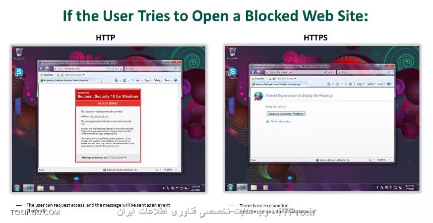 !! Web Control 
وب کنترل یک ساختار فیلترینگ اینترنت برای دسترسی به صفحات وب است ، وب کنترل خیلی شبیه به فایروال کار می کند مدیر شبکه می تواند رول هایی از نوع Allow و Block برای آن تعریف کند و به صورت پیش فرض رول بر روی مد Default rule بوده و دسترسی به تمامی صفحات وب امکان پذیر است . 

نکته : تنها ترافیک های HTTP و HTTPS اسکن می شوند 

- مسدود کردن تهدید 

برای بلاک کردن و جلوگیری از دسترسی صفحات وب مورد نظر فرمت نوشتاری به صورت ? و * خواهد بود مثلاً * shop * یا *.fm . کسپرسکی Endpoint انالیز صفحات وب را انجام می دهد و دارای کلاس بندی زیر است :

- سایت های فروشگاه اینترنتی 

- سایت بانک ها 

- سایت های پرداخت آنلاین 

- سرویس دهندگان ایمیل 

- شبکه های اجتماعی 

- چت روم ها و فروم ها 

- وبلاگ ها 

- سایت های دوست یابی 

- شبکه های کاریابی 

- شبکه های خرید اسلحه و سلاح گرم و سرد 

- سایت های مدیا 

- سایت های دانلود 

- سایت های بازی 

- سایت های قمار بازی 

- سایت های بزرگسالان 

محتوای سایت ها و ادرس URL آنها اسکن می شود و پالیسی بر روی این ویژگی ها پیاده سازی می شود . 

- نحوه مستثنا کردن وب کنترل 

با توجه به مراحل زیر می توان محتوایی که می خواهیم مستثنی شوند ( تراست باشند ) را تعیین کنیم :

||https://tosinso.com/files/get/dbfd1086-824f-4f7d-9df4-ea4a32f0f3c0||

||https://tosinso.com/files/get/d4743af4-ad10-4e2f-92a4-3881dce9ff63||

||https://tosinso.com/files/get/be2f43c5-3993-4dc0-96a8-18a2fb8b207b||

- نحوه گزارش گیری از وب کنترل 

با استفاده از مراحل تصویری زیر می توانید گزارش گیری وب کنترل را چک کرد :

||https://tosinso.com/files/get/b27bc006-c9dd-4cde-aafd-72587cc5822c||

||https://tosinso.com/files/get/930d0792-e586-4feb-8086-f65ae707e20d||

- مشاهده نتایج وب کنترل به کاربران 

همچنین می توان در ابزار وب کنترل آنچه کاربران در هنگام باز کردن یک آدرس یا محتوای ممنوعه اقدام میکنند صفحات هشداری را سفارشی و طراحی کرد :

||https://tosinso.com/files/get/66feae1b-f5c5-490a-9691-a57b473106ae||

ایجاد متن اخطاری  :

||https://tosinso.com/files/get/2aaf85f7-137c-4692-a197-4b02a4cfa4c1||

||https://tosinso.com/files/get/605d781d-afed-4ba4-adc5-931890ab776b||

||https://tosinso.com/files/get/6afa35a2-c4c7-48a9-9014-4ac181a65f59||

||https://tosinso.com/files/get/46d969f9-5f0c-48de-8518-7590cda8a078||


نویسنده : سید احمد توسلی
منبع : |جزیره امنیت اطلاعات و ارتباطات وب سایت توسینسو::https://tosinso.com/security|
هرگونه نشر و کپی برداری بدون ذکر منبع و نام نویسنده دارای اشکال اخلاقی است
