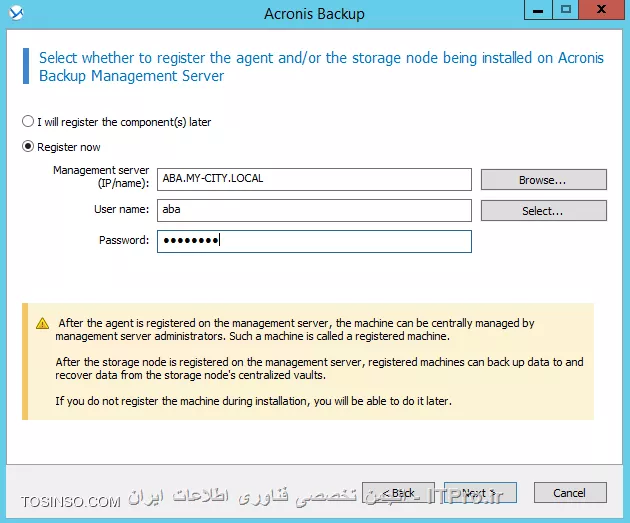 Backup Storage node چیست؟؟؟ یک سرور مرکزی می باشد که مدیریت Vaults ها که بر روی Resourceهای مختلفی پیاده سازی شده است را بر عهده میگیرد وبرای سازمانهای enterprise با داده های وسیع طراحی شده و قابلیتهای بیشتری نسبت به روشهای قبلی برای ما فراهم میکند.یکی از عملکردهای مهم Backup storage node قابلیت deduplication می باشد که اطلاعات مساوی یا یک نوع یا به اصطلاح دیگر یک جور را یک بار در این استورج ذخیره می کند که باعث بهیه سازی پهنای باند و فضای ذخیره سازی می شود.*Vaults Path های که برای Backup storage node استفاده می شود:*
||http://tosinso.com/files/get/7f4364d4-260a-4be1-9150-a4634a013034||

وقتی شما Backupی را بصورت Unmanaged ایجاد کنید تهیه ، نگهداری و  Cleanup دیسک بر عهده خود Agent می باشد که باعث مصرف بیهوده CPU و پهنای باند می شود ولی اگر این وظیفه را بر عهده Backup Storage Node واگذار کنید همه این Taskها در یک جای متمرکز توسط BSN انجام می شود. شما فرض کنید یک Backup Plane را بصورت Schedule بر روی یک Managed machine  ایجاد کرده اید بعد از مدتی پروسه Cleanup برای کاهش حجم هارد دیسک وارد عمل شود و اگر آن زمان آن Managed machine خاموش باشد چه اتفاقاتی در سازمان (بصورت وسیع این پروسه بر روی چندین سرور یا کلاینت تکرار شود) می افتد؟؟؟؟ 
بخاطر همین امر Acronis بدشدت توصیه می کند از BSN استفاده کنید.
استفاده از Managed vault (BSN) دو مزیت دارد:
•	Deduplication
•	Encryption
قابلیت اول را اول این فایل آموزشی بصورت مختصر توضیح دادم و ادامه به مکانیزم این روش بصورت مفصل می پردازیم. ولی قابلیت Encryption باعث رمزگذاری شدن اطلاعات ذخیره شده در Managed vault می شود تا افراد غیر مجاز به اطلاعات حساس سازمان دسترسی نداشته باشند.
! Getting Started with Backup Storage Node
--
پیشنیازهای استفاده از BSN:
•	Management Server
•	Management Console
•	Acronis Backup Advanced file setup
•	سیستم عاملهای وسخت افزارهای مناسب برای نصب این سرویس که در قسمت اول همین اموزش بصورت کامل ذکر گردید.
من برای اینکار یک Win server 2012 R2 نصب و آن را جوین به دومین کردم و و یک RAID-5 برای ذخیره کرده اطلاعات ایجاد کردم و قصد نصب این سرویس را دارم:
برای اینکار فایل Setup برنامه را اجرا می کنم مراحل مربوطه را Next و به صفحه زیر می رسیم که گذینه :
||http://tosinso.com/files/get/f5ac6392-badc-4d67-902e-19de9067f57b||
را انتخاب و Next
||http://tosinso.com/files/get/83a72d8f-9aab-41e7-a872-2c6a37a773ef||
اجزای بالا بصورت پیش فرض انتخاب می شوند. اگر قصد Backup گرفتن از اطلاعات سرور بالا را دارید Agent for Windows  را هم تیک بزنید.
||http://tosinso.com/files/get/aa163233-c311-4812-b1e0-fa716175c397||
یک Account برای اجرای سرویسهای Agent for Windows and Backup Storage node ایجاد یا انتخاب کنید.
نکته: این Account باید عضو دو گروه  Backup Operators and Administrators باشد.
||http://tosinso.com/files/get/6700cc90-6ab7-44bf-bc2c-70953c8dab30||
از شما می خواد که BSN را عضو Management Server کنید. برای اینکار User and pass ی که مجوز اینکار را بر روی Management Server را دارد وارد کنید.
||http://tosinso.com/files/get/31515b92-d69e-470a-9866-8539b2a1847c||
کادر بالا را هم قبلا توضیح دادم. قسمت اول همین اموزش را بخوانید.
در آخر هم Install و Finish
در آخر باید یک Vault به روش Managed در Management Server ایجاد کنید و BSN را معرفی کنید. برای اینکار به ABA وصل و به قسمت Vaults بروید و یک Vault بصورت Centralized ایجاد کنید
||http://tosinso.com/files/get/55ca68a0-7256-4c50-a698-d38ec88d2c46||
گذینه Createرا کلیک کنید
||http://tosinso.com/files/get/e05ecd12-c89c-4b66-9ec8-87da886487c6||
# یک اسم برای این استورج بنویسید.
# توضیحات.
# نوع آن.که باید Managed باشد.
# سرور BSN را انتخاب میکنید.
# فعال و غیرفعال کردن قابلیت Deduplication
# فعال کردن قابلیت Encryption. در ضورت فعال یک string value به آن دهید. که طبق این کد داده ها را رمزگذاری کند.
# مسیر ذخیره سازی اطلاعات.که طبق سناریو بر روی Local Disksهای BSN که بصورت RAID-5 ایجاد شده.
# مسیر دیتابیس Catalog. این دیتابیس شامل اطلاعات catalog index می باشد.
# این قابلیت را بعدا توضیح می دهم.
# Userهای که مجوز مدیریتی بر روی این استورج داشته باشند را انتخاب میکنیم. و همچنین Userهای که بتوانند داده های خود را مدیریت کنند. 
در آخر OK کنید.
||http://tosinso.com/files/get/fffb714b-1c9c-4048-9fdc-ee45b5e1a8ae||
شما همچنین می توانید این سرور را از طریق Storage Node مدیریت کنید:
||http://tosinso.com/files/get/45e6f622-22c0-47fe-8cc5-0ebbd5e6234f||
! Deduplication
--
این قابلیت باعث عدم ذخیره فایلهای تکرای بر روی BSN می شود. این فناوری باعث صرفه جوی در فضای هارد دیسک بوسیله حذف فایلهای تکراری و بهیه سازی پهنای باند می شود، در هنگام Backup گیری اگر Agent متوجه شود که این فایل قبلا در BSN ذخیره شده است از بک آپ گیری آن فایل صرفه نظر می کند.
شما می توانید این قابلیت را بر روی Vaultهای Managed پیاده سازی کنید.  به Vaultی که Deduplication  می باشد deduplicating vault گفته می شود
اساس کار Deduplication  بصورت Block می باشد (یعنی فایلهای را بصورت بسته های به نام Block تقسیم بندی می کند) اگر شما backupی از نوع Disk-Level داشته باشید اطلاعات شما به blockهای 4 KB دسته بندی می شود و برای File-Level از 1 B تا 256 KB دسته بندی می کند. اگر فایلی بزرگتری از 256 KB باشد فایل را به قسمت های 256 KB تقسیم می کند.
Acronis به دو صورت deduplication را انجام می دهد:
<ltr>
•	Deduplication at source
•	Deduplication at target
<ltr>

  Deduplication at source: این نوع بر روی Managed Machine انجام می شود. Agent با استفاده از BSN تعیین می کند چه اطلاعاتی را می تواند Deduplication کند تا مانع انتقال این اطلاعات شود.
Deduplication at target: این نوع بعد از Backup گیری کامل از ریسورس انجام می شود. BSN داده های بک آپ گرفته شده را آنلالیز می کند و داده های که Deduplication می شوند آنها را Deduplication میکند.
نکته: شما هنگام ایجاد Backup Plan Task می توانید تعیین کنید چه داده های را Deduplication کند.
! Deduplication database
--
Backup Storage Node این دیتابیس را ایجاد، تنظیم و نگهداری می کند. و همچنین دارای مقدار هش شده داده های Block شده ذخیره شده در این Vault می باشد به جزء اطلاعاتی که Deduplication نشده اند یا رمزگذاری شده اند.
Deduplication database در BSN ذخیره می شود.. و هنگام فعال کردن این قابلیت می توانید مسیر آن را مشخص کنید.

! How Deduplication works
--
# *Deduplication at source:* وقتی قراره داده های Backup گرفته شده به سوی یک Deduplication Database فرستاده بشه Agent اثر انگشت (hash value) داده های block را محاسبه می کند، بعد از محاسبه Agent یک Query سمت BSN ارسال میکند که آیا این مقدار Block قبلا در این Vault ذخیره شده یا نه؟؟؟ اگر قبلا ذخیره شده باشد Agent فقط مقدار hash شده را ارسال می کند و گرنه همان Block را ارسال می کند و BSN این داده را در یک temporary file ذخیره می کند. 
# *Deduplication at target:* وقتی مرحله Deduplication at source و Backup Plan به اتمام رسید BSN پروسه indexing activity را اجرا می کند. این پروسه اطلاعات را بصورت زیر Deduplication می کند:
•	برای محتویات temporary file مقدار هش را ایجاد می کند.
•	BSN مقدار هش و لینک بازسازی این Data Blockها را ایجاد و آنها را در فایلی به نام deduplication data store ذخیره می کند.
•	محتویات temporary file را حذف می کند.
در نتیجه بعد از Deduplication  فقط مقدار هش شده blockها ذخیره می شود و از ذخیره کرده Block ها تکراری جلوگیری می کند. هر مقدار هش وblockهای منحصر بفرد دارای چندین لینک Reference مربوطه به چندین Backup Plan Task می باشد که جهت بازسازی انها بکار می رود.
||Deduplication ::http://tosinso.com/files/get/2d65cc70-e055-4690-97c2-bf0316a76b4f||
در مواقعی که اطلاعات منحصر بفردی زیادی برای Backup گیری وجود داشت وBSN رم کافی نداشته باشد پروسه بک آپ fail می شود. 
نکته: حداقل RAMی که برای BSN توصیه شده 8 گیگ می باشد.
نکته: گاهی وقتا شما Backup Setهای را دستی یا در حین اجرای پروسه Cleanup پاک می شوند و blockهای باقی می مانند که به هیچ Backup setی تعلق نداشته باشد. این Blockها توسط  compacting task پاک می شوند. compacting task هر یکشنبه شب ساعت 3 اجرا می شود که شما می توانید این زمان بندی را بدلخوا تنظیم کنید.
||http://tosinso.com/files/get/1c91fb82-8469-4473-9e81-028f9c5750c1||
! Deduplication Limitation 
--
•	اگر Backupی بوسیله پسورد محافظت شده باشد. نمی توان آن را Deduplication کرد.
•	اگر cluster size or block size یک Volume بخش پذیری از 4 KB نباشد.
•	فایلهای رمز گذاری شده را نمی توان Deduplication کرد.
! Create Deduplication Database
--
برای ایجاد این دیتابیس در Managed vault کافیه گذینه زیر را فعال کنید و مسیر  Deduplication Database را مشخص کنید.
||http://tosinso.com/files/get/5dec2066-a3de-4ab7-bacc-840408ba01bd||
||http://tosinso.com/files/get/433f948c-2721-4f8b-97b4-64d530cc1fb6||
در آخر هم باید تذکر بدم که شما نمی توانید قابلیت Deduplication را بر روی سیستم عاملهای 32 bit پیاده سازی کنید. به هیچ وجه توصیه شده نسیت.
شما همچنین میتوانید قابلیت Deduplication را بر روی یکی از Volumeهای Windows Server 2012R2 پیاده سازی کنید.
<ltr>
Windows Server 2012 R2 Deduplication
<ltr>
<c#>
http://www.windowsnetworking.com/articles-tutorials/windows-server-2012/windows-server-2012-r2-deduplication.html
<c#>
در آموزش بعدی Acronis Secure Zone را آموزش میدهم.

موفق و پیروز باشید. 

نویسنده: احمد جهلولی 
منبع: |جزیره راهکارهای ذخیره سازی اطلاعات وب سایت توسینسو ::https://tosinso.com/virtualization|
نشر و کپی برداری، صرفاً با ذکر نام نویسنده و منبع مجاز می باشد. 