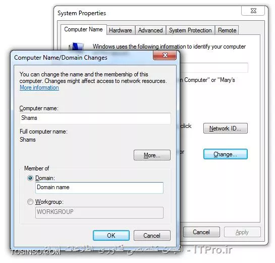 سوال شما خیلی کلی مطرح شده شما نگفتید که منظورتون تبدیل workgroup به domain در ویندوز سرور هست یا در کلاینتها ولی من یه توضیح خیلی مختصر راجع به هر دو مورد میدم اگر همچنان ابهامی برای شما وجود داشته باشه در ادامه سوالتون رو بصورت کاملتر مطرح کنید . شما با نصب اکتیو دایرکتوری بر روی ویندوز سرور امکان عضویت کلاینتها رو به دامین فراهم میکنید برای اینکار میتونید به مقالات مهندس رمضانی مراجعه کنید :
* |آموزش نصب اولین دامین کنترلر در ویندوز سرور 2008::https://tosinso.com/articles/301/%d8%a2%d9%85%d9%88%d8%b2%d8%b4-%d8%b1%d8%a7%d9%87-%d8%a7%d9%86%d8%af%d8%a7%d8%b2%db%8c-%d8%af%d8%a7%d9%85%db%8c%d9%86-%da%a9%d9%86%d8%aa%d8%b1%d9%84%d8%b1-(Domain-Controller)-%d8%af%d8%b1-%d9%88%db%8c%d9%86%d8%af%d9%88%d8%b2-%d8%b3%d8%b1%d9%88%d8%b1|
* |آموزش نصب اولین دامین کنترلر در ویندوز سرور 2012::https://tosinso.com/articles/484/%d8%a2%d9%85%d9%88%d8%b2%d8%b4-%d9%86%d8%b5%d8%a8-%d9%88-%d8%b1%d8%a7%d9%87-%d8%a7%d9%86%d8%af%d8%a7%d8%b2%db%8c-%d8%a7%da%a9%d8%aa%db%8c%d9%88%d8%af%d8%a7%db%8c%d8%b1%da%a9%d8%aa%d9%88%d8%b1%db%8c-(%d8%af%d9%88%d9%85%db%8c%d9%86-%da%a9%d9%86%d8%aa%d8%b1%d9%84%d8%b1)-%d9%88%db%8c%d9%86%d8%af%d9%88%d8%b2-%d8%b3%d8%b1%d9%88%d8%b1|
بعد از اون با وارد کردن IP در رنج مناسب به کامپیوترها و وارد کردن آدرس DNS ( که همون IP سرور اکتیودایرکتوری شماست ) میتونید کامپیوترتون رو به عضویت دامین در بیارید که برای این کار در Run عبارت sysdm.cpl رو بزنید و در تب Computer name دکمه Change رو بزنید و در پنجره باز شده در قسمت Member of میتونید عضویت کامپیوتر را به Domain یا Workgroup تغییر دهید . دقت داشته باشید که برای عضویت کامپیوتر به دامین لازم هست که نام دامین نوشته بشه و بعد اون یک Username و Password معتبر در اکتیو دایرکتوری رو وارد کنید .
در صورت نیاز هم میتونید به همین روش کامپیوترتون رو تبدیل به Workgroup کنید و فقط همین که IP در رنج مناسب بدید کفایت میکنه .
||http://network.tosinso.com/files/get/67cb0c62-268c-42ee-8425-42738559248f||