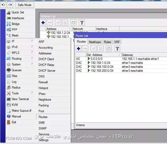 ابتدا به اینترفیس ها ip  می دهید
در این مثال ether1 به مودم adsl با ip 192.168.1.2/24
ether2 به کامپیوتر 1 متصل است ip 192.168.100.1/24
ether3 به کامپیوتر 2 متصل است ip 192.168.200.1/24

||http://network.tosinso.com/files/get/72aa67d3-fd71-414d-a6a6-40a1fd9efee8||
در قسمت route باید یک default route ایجاد کنید اگر از مودم adsl آی پی می گیرد خودبه خود ایجاد می شود

||http://network.tosinso.com/files/get/6826dd16-acc8-40d3-ba35-531a8121d186||

سپس nat ها را ایجاد  کنید
||http://network.tosinso.com/files/get/d66253df-f113-4b6b-b119-ef6b29042b6b||
action را نیز تنظیم کنید

||http://network.tosinso.com/files/get/fd582251-82dc-4661-9b10-ddc1e1fa5f77||
 
سیستم ها را تست می کنیم

||http://network.tosinso.com/files/get/75a50599-1948-45d9-b4eb-d142854b0405||
||http://network.tosinso.com/files/get/5142163e-ccf9-4582-8ae1-7ca3cc6cf5cc||

