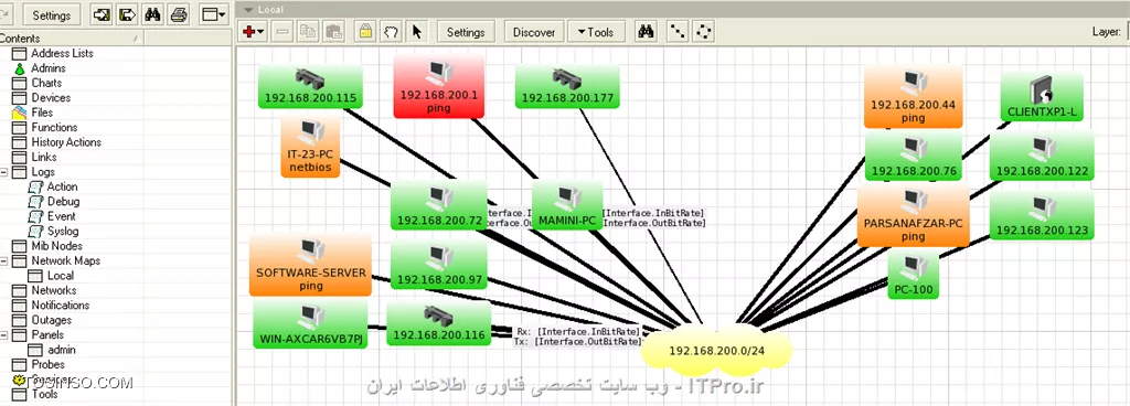 دوستان سویچ های ما اکثرا یا تمامشون لایه 2 ای هستند و IP ندارن . وقتی هم با The dude اسکن میکنم خروجی به این شکل میده البته تصویر مال زمانی هست که اکثر کلاینتها خاموش بودند وگرنه کلاینتها بیشتر هستند ضمنا مطمئن هستم که سوئیچ های زیادی این وسط وجود داره که در تصویر دیده نمیشن !!! آیا کار خاصی در این نرم افزار باید انجام بدم ؟
||http://network.tosinso.com/files/get/689ee4d1-4f0c-43d4-9cbb-12021eeec839||
نرم افزار LANSurveyor سویچهای لایه 2 و نحوه ارتباطشون رو نشون میده ؟


