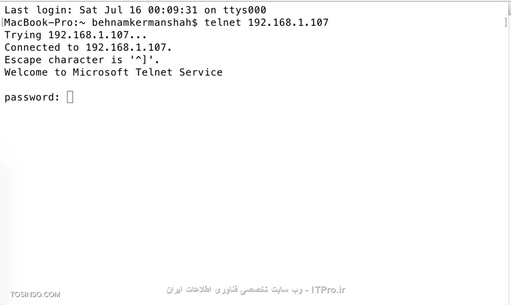 سلام 

الان دوباره تست گرفتم . البته من ابتدا در قسمت features  --> add features --> telnet client & telnet server تیک میزنی و بعد install کردم . بعد در  services اون رو روی Auto قراردادم . start کردم . 
چون من ویندوز سرور روی vm دارم از کنسول mac به ای پی سرور telnet زدم . 
<left>
telnet 192.168.1.107 port
<left>
||http://network.tosinso.com/files/get/68ae02ee-008b-4c5a-9a94-dca6b4d19d23||
pass میخواد که شما اون رو اینتر کن . بعد login و در انتها pass سیستم رو میزنید که متصل میشید .||http://network.tosinso.com/files/get/41c3b1b9-3d13-49b7-85fe-df6ce496553b||