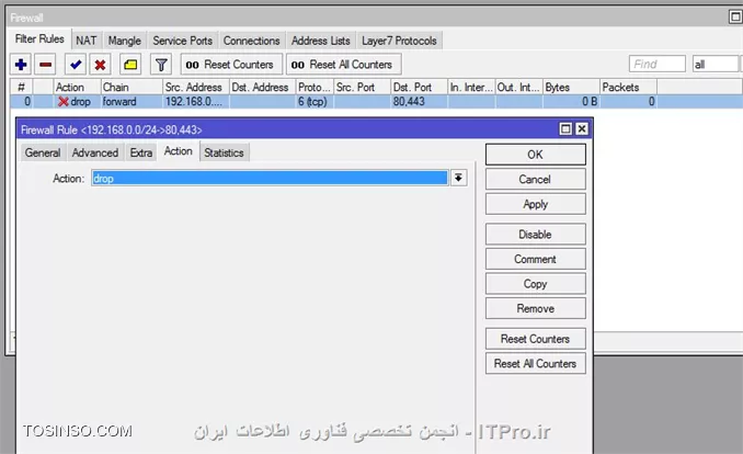 سلام . شما از چند طریق میتوانید این عمل را انجام دهید 

الف ) استفاده از webproxy
1- ابتدا وارد بخش ip--->firewall---->Nat شده و مانند تصویر زیر یک رول dst-nat  ایجاد کنید :
||http://network.tosinso.com/files/get/00308f41-d0ab-42c3-b4d4-11ea32e7b21e||

||http://network.tosinso.com/files/get/6fa7ef3d-f70f-40d2-b8f6-d703adc2d4c6||

2- وارد بخش ip--->webproxy شده و از تب General ؛enable را انتخاب کرده و مراحل را انجام دهید :

||http://network.tosinso.com/files/get/779a8040-426e-49ec-9e68-91183b835de7||

با توجه به تصویر سوم ، اگر کاربران در شبکه سایت network.tosinso.com را در مرورگر اجرا کنند بصورت خودکار به سایت google.com هدایت خواهند شد ... اگر که میخواهید به طور مستقیم سایت مسدود گردد ؛مانند تصویر زیر عمل نمائید :

||http://network.tosinso.com/files/get/666a7f57-0667-43ef-b741-89fb56a8495b||

3- اگر که میخواهید جلوی دانلود فایلهای خاص مانند mp3 ، exe و غیره را از  کاربران بگیرید مانند تصویر زیر عمل کنید :

||http://network.tosinso.com/files/get/e2d1f609-8ce1-4e05-aa9c-d050f3ca273f||

4- اگر که میخواهید جلوی پورت خاصی را بگیرید کافیست پورت برنامه مربوطه را در باکس dst port اضافه کنید ...

||http://network.tosinso.com/files/get/1c9d12b3-2220-496f-886e-aa8d47f8e81c||


ب ) استفاده از رول اختصاصی در Firewall : 
وارد بخش ip--->firewall--->Filter Rules  شده و یک رول جدید ایجاد کنید :

1-
||http://network.tosinso.com/files/get/58292a2b-1815-4b42-8cd0-cd9538d0ddc0||
2-
||http://network.tosinso.com/files/get/95a8ea4b-b143-446a-853d-836347042ea5||
3- 
||http://network.tosinso.com/files/get/68d627e9-45a6-4dcb-87f7-3d34ccb8ab60||
4- 
||http://network.tosinso.com/files/get/631e9ff9-742f-471e-89f3-737f40bb6ff6||

توضییحات : بطور کلی تصاویر بالا  نشان میدهد که سایت youtube.com را برای همه کاربران شبکه 192.168.0.0/24 ، بر روی پورتهای 80 و 443 ، به جز کاربرانی که در address list با نام weballow  ای پی آنها تعریف شده است با action از نوع Drop مسدود کند.

حالا شما میتوانید همین موضوع را با سایتهای مختلف و پورتهای برنامه مختلف تعمیم دهید ....
