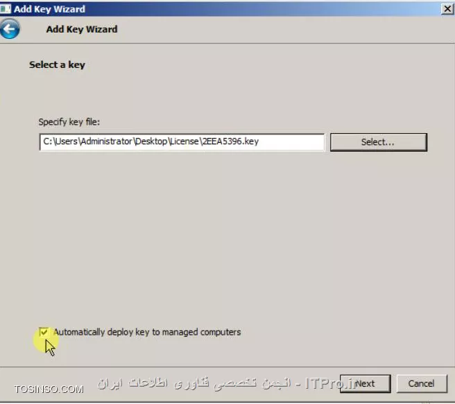 با سلام خدمت اساتید محترم و دوستان عزیز،در مطلب گذشته در مورد |طریقه نصب کنسول مدیریتی کسپرسکی::https://tosinso.com/articles/42652/%d8%a2%d9%85%d9%88%d8%b2%d8%b4-%d8%aa%d8%b5%d9%88%db%8c%d8%b1%db%8c-%d9%86%d8%b5%d8%a8-%da%a9%d9%86%d8%b3%d9%88%d9%84-%d9%85%d8%af%db%8c%d8%b1%db%8c%d8%aa%db%8c-%da%a9%d8%b3%d9%be%d8%b1%d8%b3%da%a9%db%8c-(Kaspersky)| آموزشش رو خدمتتون دادم و امروز میخوایم باهم روش های اضافه کردن لایسنس جدید رو به این کنسول مرور کنیم.در مطلب قبلی دوستان پرسیده بودند که این کنسول مدیریت به چه دردی میخوره که اگر با این مطالب همراه باشند در طول آموزش متوجه کارامدی این کنسول میشند ولی به طور اختصار خدمتتون ، عرض کنم که شما از طریق این کنسول و با ایجاد Task های مختلف میتونید از راه دور روی تمامی کلاینتاتون آنتی ویروس نصب کنید،اگر آلوده شدند متوجه بشید که کدوم دستگاه آلوده شده،پالیسی هایی نظیر بستن USBها اعمال کنید و... که در طول روزهای آتی به اونها میپردازیم. خوب میریم سراغ این آموزش:

*روش اول*

بعد از اجرای کنسول مدیریتی برای اضافه کردن لایسنس به قسمت Repositories رفته و به قسمت Keys بروید

||http://tosinso.com/files/get/aafc0a32-7597-4388-9bb8-a43f797f62fa||

در این مرحله شما برای اضافه کردن لایسنس در کنسول از 2 راه میتونید اقدام کنید که برای تنوع اول، راه دوم رو میریم.

خب در این قسمت Add Key رو انتخاب کنید

||http://tosinso.com/files/get/9be9c72b-370a-4cad-aed9-e56154ad914d||

سپس گزینه ی Load from key file رو انتخاب کنید

||http://tosinso.com/files/get/ef1ef067-26f6-4ef5-9531-04979fdffcc1||

در این قسمت باید لایسنس رو معرفی کنید،پس Select رو انتخاب کنید

||http://tosinso.com/files/get/0850993a-8fc6-4ae7-beb0-7cd8c584577f||

در صفحه ای که باز میشه مسیر لایسنس رو پیدا کنید و یکی از لایسنس هاتون رو انتخاب کنید

*توجه*
در پوشه ی لایسنس شما 2 عدد لایسنس باید داشته باشید که یکی مخصوص فعال کردن امکانات کنسول و دیگری مخصوص کلاینتها و سرور هاست.

معمولا لایسنس اول مربوط به کنسول و لایسنس دوم مخصوص کلاینتها و سرورها میشه.

||http://tosinso.com/files/get/02b9f223-5522-4404-8952-45b58e3a16d3||

بعد از اینکه لایسنس رو انتخاب کردین،مطمئن بشید که گزینه ی Automatically deploy key to managed computers رو فعال کرده باشین و بعد Next رو انتخاب کنید

||http://tosinso.com/files/get/69f3ad10-4994-4c49-bea7-d75d16c07357||

دیگه کار تمومه و Finish رو انتخاب کنید

||http://tosinso.com/files/get/517d44af-dd28-425a-aff3-48c5a0594162||


*روش دوم*

خب قرار شد که دوم،روش اول رو بگیم

مثل روش اول بعد از اجرا کردن کنسول به قسمت Repositories برید و به قسمت Keys برید و Add key رو انتخاب کنید

||http://tosinso.com/files/get/83224c8b-39c4-48b3-97f3-df7b66027e23||

در این صفحه گزینه ی Enter activation code رو انتخاب کنید

||http://tosinso.com/files/get/321795ea-feb5-4a06-92ac-9fdafd9bb3ce||

تو این قسمت باید کد لایسنس رو بدست بیارید،پس به فولدر لایسنستون برید و فایل Activation code رو که به صورت txt هست رو اجرا کنید

||http://tosinso.com/files/get/008ee9e3-3fa8-4a0d-ac82-647a845cf700||

تو صفحه ای که باز میشه کد لایسنس رو کپی کنید

||http://tosinso.com/files/get/f5062a42-ec91-43ea-a5a0-dd1ad28e55e5||

حالا کد کپی شده رو تو این قسمت paste کنید و از فعال بودن Automatically deploy... هم مطمئن باشید و Next رو انتخاب کنید

||http://tosinso.com/files/get/541d74fc-9d9e-4669-8068-b274c8945cde||

تو این قسمت باید سرورتون به اینترنت وصل باشه تا فایل لایسنس دریافت بشه .بعد از اینکه این مرحله تموم شد Next رو انتخاب کنید

||http://tosinso.com/files/get/eb5c472c-df48-4700-8c5e-bbea83ab0159||

خوب این روش هم به اتمام رسید و Finish رو انتخاب کنید

||http://tosinso.com/files/get/517d44af-dd28-425a-aff3-48c5a0594162||


*روش سوم*


خب امیدوارم که خسته نشده باشید

این روش یکم پیشرفته تر از 2 روش قبلی هست که با هم میریم جلو و بررسیش میکنیم

خب در مرحله ی اول به قسمت Managed computers برید و از سمت راست Tasks رو انتخاب کنید و روی Create a task کلیک کنید

||http://tosinso.com/files/get/ee34c446-f78e-4211-b187-d39b2ff02669||

تو این قسمت اسم Task لایسنس رو تعیین کنید و Next رو بزنید

||http://tosinso.com/files/get/a5e3fbd5-8a48-447c-bdf6-358dcfc64b74||

در اینجا ورژن آنتی ویروس مورد نظرتون رو انتخاب کنید و گزینه ی Add key رو انتخاب کنید و Next رو بزنید

||http://tosinso.com/files/get/3df52119-00c3-4f09-a4f2-671746256904||

تو این مرحله باز هم میتونید از 2 حالت برای معرفی لایسنس استفاده کنید که Activation code و Key file هستند که در صورتی که فایل لایسنس رو روی سیستم دارید(قبلا add کردیم باهم دیگه)

حالت دوم رو انتخاب میکنیم و Select رو انتخاب میکنیم

||http://tosinso.com/files/get/eba27bb5-4721-464b-8687-bb552bff0610||

در اینجا هم 2 حالت میتونید استفاده کنید.یا فایل رو از یه محل بخصوص معرفی کنید یا فایل لایسنس رو اگه قبلا تو کنسول وارد کردین و الان میخوایم Task اون رو بسازیم انتخاب میکنیم

||http://tosinso.com/files/get/d087774c-b77b-492c-8475-fe8cb60f655a||

اگه گزینه ی Key from kaspersky security center رو انتخاب کرده باشید این صفحه براتون نشون داده میشه که با انتخاب اون و OK کردن،لایسنس به Task اعمال میشه

||http://tosinso.com/files/get/33356a25-f23d-4ec8-a358-bb1865ce5cde||

اگر هم که Key file from folder رو انتخاب کرده باشید باید لایسنس رو از آدرس مربوطه انتخاب کنید

||http://tosinso.com/files/get/a909108a-0b8d-4e1d-83a7-6687cdf5c006||

حالا الان میبینید که لایسنس وارد شده و اضافه شده به Task و شما عزیزان کافیه که Next رو بزنید

||http://tosinso.com/files/get/2cb01fc2-ff8a-432d-b54d-9c01d3dac5ea||

تو این قسمت باید زمان اجرا شدن Task رو تعیین کنید و تنظیمات رو ترجیحا به همین شکل انجام بدبد و Next رو انتخاب کنید

||http://tosinso.com/files/get/a0c3f38f-50bb-4d05-a9c7-44d3e6fdc067||

دیگه این روش هم به اتمام رسیده و اگه گزینه ی Run task after wizard complete رو بزنید،Task شروع به کار میکنه

||http://tosinso.com/files/get/b9028f83-2e3b-4dc7-9c2e-68b89efe43de||

*روش چهارم*

این روش برای اضافه کردن اون لایسنسی هست که گفتم مخصوص کنسول مدیریتی هست

تو صفحه اصلی روی Administration Server رایت کلیک کنید و Properties بگیرید

||http://tosinso.com/files/get/4fdec48b-cacc-4188-9eb6-c4b0888229cf||

به قسمت Keys برید و از سمت راست Modify رو انتخاب کنید

||http://tosinso.com/files/get/0ee15f7c-6eec-4381-8047-12526c03c96a||

اگه قبلا لایسنس رو تو قسمت Repositories کنسول وارد کرده باشیم میتونیم تو این قسمت اونو انتخاب کنیم در صورتی که غیر از این بود Add رو بزنید

||http://tosinso.com/files/get/49f49a39-fa96-4101-8375-216f1b6a9e54||

این قسمت رو هم که 3 بار با هم مرور کردیم،پس گزینه ی Load from key file رو انتخاب کنید

||http://tosinso.com/files/get/2ca6a6f5-2238-4989-9c4a-1433f5cef5a0||

سپس Select رو انتخاب کنید

||http://tosinso.com/files/get/80912524-f803-4171-988a-1484e8f1d23e||

لایسنس مورد نظرتون رو انتخاب کنید

||http://tosinso.com/files/get/7790c174-7557-4b4b-b7e1-8a2cac163322||

حالا Next رو انتخاب کنید

||http://tosinso.com/files/get/7aef1844-be8f-4402-a687-8776712eee3c||

خب لایسنس شما با موفقیت add شده و میتونید finish رو بزنید

||http://tosinso.com/files/get/6b33c823-cead-4b27-8f44-600f7a29989a||

حالا الان میبینید که تو قسمت Keys لایسنس شما نشون داده میشه و کافیه که OK کنید

||http://tosinso.com/files/get/c66e6050-e221-4d65-8aaa-35e81954f2dc||

در آخر هم ازتون خواسته میشه که برای اعمال تغییرات یک بار کنسول رو ببندید و باز کنید

||http://tosinso.com/files/get/5d8aa72c-f203-45b1-bb74-c8b5d32caf19||

خوب دوستان عزیز 4 روش اضافه کردن لایسنس رو به کنسول مدیریت با هم مرور کردیم که امیدوارم مفید واقع شده باشه براتون و خسته نشده باشید

انشالله به زودی آموزش های دیگه ای از قابلیت های این کنسول رو براتون آماده میکنم.

نویسنده : مهدی عسکری
منبع : |جزیره امنیت اطلاعات و ارتباطات وب سایت توسینسو::https://tosinso.com/security|
هرگونه نشر و کپی برداری بدون ذکر منبع و نام نویسنده دارای اشکال اخلاقی است