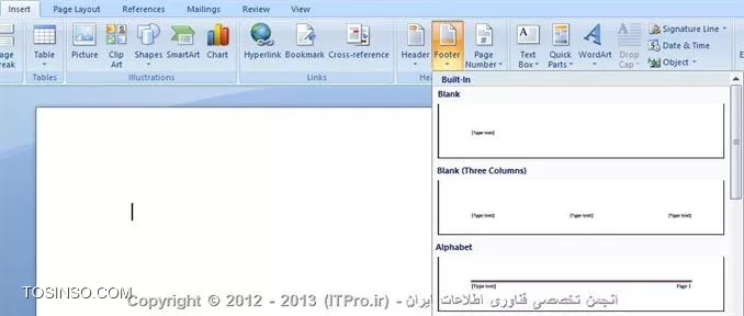 درود دوست عزیز.
از نوار ابزار بالا، به تب Insert برین، بعدش گزینه Footer رو انتخاب کنین. سپس اولین گزینه که نوشته Blank رو انتخاب کنین. جای Text Here، حروف ابجد رو برای صقحه های خودتون تایپ کنین.
<css>
Insert --> Footer
<css>

||http://www.tosinso.com/files/get/69f8437b-3c4c-43d3-a41b-3665c4182cd0||

برای اضافه کردن شماره، باز هم از همون تب Insert، این بار گزینه Page Number و سپس Bottom of Page رو انتخاب کنین. 
<css>
Insert --> Page Number --> Bottom of Page
<css>

||http://www.tosinso.com/files/get/736c891c-ca13-426a-9165-533d09f8efe1||

حالا فرمی که دوست دارین رو انتخاب کنین. همچنین در قسمت Page Number، روی Format Page Number کلیک کنید و تعیین کنید که اعداد یا حروف به چه صورتی پایین یا بالای صفحه قرار بگیرن. لازم به ذکر است که اینجا میتونین مشخص کنین حروف ابجد جای اعداد قرار بگیرن.
<css>
Insert --> Page Number --> Format Page Number
<css>

||http://www.tosinso.com/files/get/9e370af5-9de0-4ee3-a97e-57a62331a116||

||http://www.tosinso.com/files/get/b4b56304-6a7a-49e6-9c28-f028a397e15d||

اگر هم میخواین که تنظیمات Header و Footer مختلفی برای صفحات فرد و زوج داشته باشین، میتونین به تب Design برین. اینجا گزینه Different Odd & Even Pages رو انتخاب کنین. Header میشه متنی که بالای صفحه به عنوان سر تیتر نوشته میشه. Footer هم پایین صفحه مثل پاورقی نوشته میشه. همچنین با انتخاب گزینه Different First Page، میتونین صفحه اول متمایزی نسبت به بقیه صفحات داشته باشین.
<css>
Design --> Different Odd & Even Pages
Design --> Different First Page
<css>

||http://www.tosinso.com/files/get/a5b36fcf-9462-492e-9dc8-af5e656b071c||

در ادامه هم بگم که همونطور که مصطفی جان گفت، از طریق Break هم باید صفحات رو از هم جدا کنین. به Page Layout و سپس به Breaks برین. اینجا اگر میخواین صفحه رو جدا کنین، زیر قسمت Page Breaks، گزینه اول یعنی Page رو انتخاب کنین.
<css>
Page Layout --> Breaks --> (Page Breaks) Page
<css>
اگر میخواین یک بخشی (Section) رو ار بخش دیگه ای جدا کنین، زیر Section Breaks، گزینه Next Page رو انتخاب کنبن (که از صفحه بعدی شروع میکنه) و یا Continuous رو انتخاب کنین که از داخل صفحه ادامه میده. همچنین میتونین با انتخاب گزینه های Even Page و Odd Page، این تنظیمات رو برای صفحات زوج و فرد انجام بدین.
<css>
Page Layout --> Breaks --> (Section Breaks) Next Page
<css>

||http://www.tosinso.com/files/get/94cbdbb9-a86a-4da4-9d77-7739018f735b||

اگر سوالی بود، بپرسین. خوشحال میشم بتونم کمکتون کنم