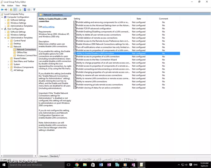 شما به راحتی می توانید User مورد نظر را عضو گروه Network Configuration Operators کنید و این مجوز را به او دهید. در لینک زیر قابلیتهای این گروه را مطالعه کنید.
<c#>
https://support.microsoft.com/en-us/kb/297938
<c#>
یا می توانید Policy زیر را بر روی کاربر مورد نظر اعمال کنید تا قابلیت Enable/Disable کردن کارت شبکه را داشته باشد:
<ltr>
User Configuration-Administrative Templates-networ-network connection- Ablity to enable/disable a LAN connection
<ltr>

||http://network.tosinso.com/files/get/6af6e1e4-5de6-4d9b-a304-c66eefe444d2||
<ltr>
If you enable this setting, the Enable and Disable options for LAN connections are available to users (including nonadministrators)
<ltr>
