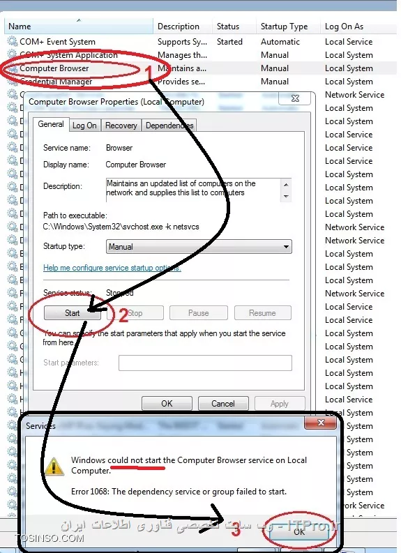 آقا در ضمن از میان تمام موارد زیر، فقط Computer Browser و Workstation، در وضعیت Start نیستند!
o Computer Browser
o DHCP Client
o DNS Client
o Network Connections
o Network Location Awareness
o Remote Procedure Call (RPC)
o Server
o TCP/IP NetBIOS helper
o Workstation

||https://network.tosinso.com/files/get/6b30d54a-13f3-4c24-88ad-61b6799bb00b||

||https://network.tosinso.com/files/get/a6f0998e-0139-4103-b95d-a9bd67bcda3c||