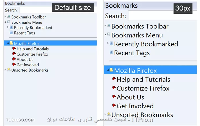 مرورگر فایرفاکس دارای افزونه ای به نام Theme Font & Size Changer است که به راحتی به شما کمک میکند با چند تنظیم و تغییر اعداد و ارقام مرورگر را چنان تغییر دهید که از قلم ها  و سایز آن لذت ببرید
برای شروع *|Theme Font & Size Changer::https://addons.mozilla.org/firefox/downloads/latest/162063/addon-162063-latest.xpi?src=hp-dl-featured|* را نصب کنید، و بعد از نصب و ریست کردن مرورگر ( اگر نیاز باشد ) و بعد از آن از دکمه هایی که در تولبار مشاهده می کنید تغییرات لازم را ایجاد کنید
برای دسترسی به این منو می توانید از منوی TOOLS  و یا از تولبار فایرفاکس به راحتی به تنظیمات این برنامه دسترسی داشته باشید . نمونه های تصویری تغییر یافته مرورگر در زیر مشاهده میشود 
||http://web.tosinso.com/files/get/6b3c9dc4-90ea-4e7f-a1a8-b09b5ee9ba31||
مقایسه سایز تغییر یافته
||http://web.tosinso.com/files/get/956c0805-5f80-44b6-b50e-5adf7cc012e6||
انتخاب فونت از بین فونت های متعدد
||http://web.tosinso.com/files/get/52283155-7ea2-4875-8133-b18afff8e939||
||http://web.tosinso.com/files/get/6c0ad32d-1ff3-466c-b06d-c1df314a12f5||