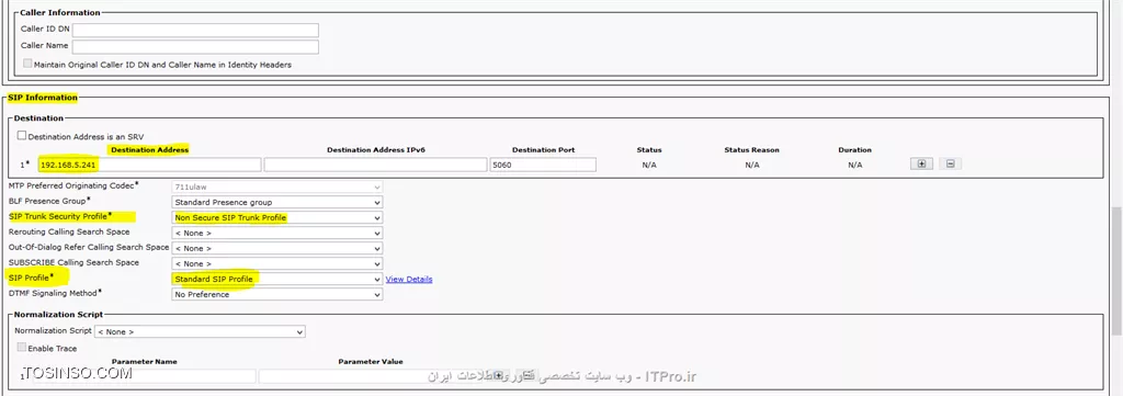 **!! نحوه راه اندازی *Cisco Jabber* بروی انواع *Device  *ها :**

مقدمه:
 *Cisco jabber*  نرم افزاریست ارائه شده از طرف شرکت سیسکو برای ارتباط های  Text Messaging  (به صورت گروهی و یا فردی ) و به اشتراک گذاری فایل ها ، Voice & Video Calling و به اشتراک گذاری Desktop  که ذکر این مطلب الزامیست ،برای استفاده از سیستم کنفرانس چه صوت و چه تصویر نیاز به راه اندازی سرویس  WebEx میباشد.
||Jaber::http://tosinso.com/files/get/c430cf1c-e2d1-415a-bd9a-ec183652fe7f||
از جمله امکانات این مجموعه سرویس میتوان به این نکته اشاره داشت ، (مانند نرم افزار Lync  در مایکروسافت ) شما میتوانید آن را بروی گوشی تلفن همراهتان ، کامپیوتر شخصی خود (PC) ، تبلت و لب تاپتان داشته باشید و در صورت نیاز ادامه مکالمه خود را به device  دیگری انتقال دهید . مثلا فرض کنید بروی میز کار خود یک تلفن 7940  دارید و با مدیرتان مشغول صحبت هستید و در همین حین برای شما کاری پیش می آید و مجبور هستید از پشت میز خود بلند شوید در این حالت میتوانید مکالمه خود را به تلفن همراهتان منتقل کنید و هم به کارتان برسید و هم دیگر نیازی به قطع کردن مکاله خود ندارید که این جابجایی در صورت داشتن سرویس  WebEx  میتواند حتی به صورت خارج از شبکه داخلی شرکت و بروی اینترنت هم ادامه پیدا کند. شما میتوانید این سناریو را در مکالمه تصویری  نیز در نظر بگیرید.
||http://tosinso.com/files/get/4bd12c07-602e-4522-acbb-df729e9b5955||
برای راه اندازی این سرویس باید زیر ساخت مورد نیاز آن را فراهم کنیم، که شامل راه اندازی Cisco Unified Call Manager  یا همان CUCM  و  Cisco Unified IM & Presence میشود.
!! در ادامه نحوه راه اندازی IM & Presence  و Integrate  کردن آن با CUCM را  توضیح داده و سپس نرم افزار Jabber  را توضیح خواهم داد.
ذکر چند نکته خالی از لطف نیست:
!! 1- همخوانی سرور های  CUCM  و IM & Presence  (در اینجا از نسخه 11 استفاده شده است)
2- اطمینان از داشتن منابع کافی بروی سروری که بروی آن این سرویس ها را نصب کرده ایم.
!! 3- اطمینان از برقراری درست سرور IM,CUCM و نرم افزار لایسنس (Cisco Prime)
4- برای برقراری تماس ها (voice & Video) نیاز به Assign  کردن شماره داخلی خاص به هر Jabber Account  داریم.
!! 5- اطمینان از راه اندازی همه ی سرویس های مورد نیاز بروی هر دو سرور IM&P  و CUCM


ابتدا میبایست CUCM  را به IM&P متصل کنیم برای این کار میبایست مانند زیر عمل کنیم:
-	ابتدا سرور IM&P  را معرفی میکنیم ، برای این کار در CUCM  به منوی System  و سپس Server  بروید:

دقت شود که قسمت های هایلایت شده حتما مانند شکل پر شوند و قسمت هایی که تیک خورده شده مانند آن تیک خورده شود و  آیتم های انتخابی مانند شکل انتخاب شوند.”
||http://tosinso.com/files/get/b7119000-5873-47fb-bd2a-47b40a4eef2f||
||http://tosinso.com/files/get/4e8c88d9-08f5-48a1-bff2-ef5f5f4c25de||
||http://tosinso.com/files/get/64fe8457-7b19-4115-bf21-39b786caaf98||
-	در CUCM  و در منوی SIP Trunk Security  یک پروفایل جدید بسازیم.
||http://tosinso.com/files/get/6856afdd-7183-46e7-b2cf-dbf289761fac||
برای رسیدن به این منو میتوانید از مسیر زیر استفاده کنید:
||http://tosinso.com/files/get/58e3f3a1-96e9-4add-bad9-f4c27c21dd07||
-	حال نوبت ساخت Trunk  است:
برای برقراری ارتباط میان IM&P  و CUCM  یک Sip Trunk  میان این دو سرور میسازیم

||http://tosinso.com/files/get/84225b83-ffb4-403b-b8f1-610639d09146||
||http://tosinso.com/files/get/7ec37180-e4ec-447e-a017-6ec8a39673e2||
||http://tosinso.com/files/get/6cc39e87-238e-4bf5-824c-1d07aa574474||
-	در Sip information  و در قسمت Destination Address  آدرس سرور IM&P  را وارد میکنیم که با پورت شماره 5060 این Trunk  برقرار خواهد شد.
-	SIP Profile  حتما بروی Standard SIP Profile  قرار خواهد داشت.

حال به سرور IM&P  مراجعه میکنیم: 
CUCM ip address:192.168.5.243
IM&Presence ip address:192.168.5.241
حال برای برقرای Trunk  باید یک پروفایل در IM&P بسازیم ولی نکته ی مهم آن است که مانند شکل زیر میباست در قسمت   CUCM IM and Presence Publish Trunk  همان Trunkی که در CUCM  ساختیم را انتخاب کنیم:

||http://tosinso.com/files/get/27ad5a90-76a2-4e32-81d3-440a4d9609e0||

نکته مهم دیگر این است که IM&P  مانند یونیت های دیگر Unified communication  در سیسکو نیست و بصورت یکپارچه با خود CUCM  کار میکند مثلا لایسنس خود را از آن میگیرد و در Submenu های CUCM به گزینه های CUCM اضافه میشود. 

||http://tosinso.com/files/get/f8c37cac-b346-438c-ba67-7f5b24bbfe81||
حال میبایست CTI port  را برای IM&P  در سرور CUCM تعریف کنیم:

CTI Port :
CTI port  یا همان Computer Telephony Integration  در حقیقت یک device  مجازی است (Virtual Device) که به شما این اجازه را میدهد تا یک خط مجازی بسازید. باید بازای هر خط فعال (Active Voice Line) که میخواهیم از آن به عنوان خط   Soft phone  استفاده کنیم یک CTI port  داشته باشیم.
||http://tosinso.com/files/get/e23b5318-be90-44b5-9639-aa1686e51987||
||http://tosinso.com/files/get/eac7fd42-9b25-4d9b-8808-926fd41760a9||


ادامه مطلب در حال بروز رسانی میباشد
با تشکر
