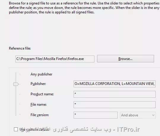 یه مثال در زیر میارم، امیدوارم بتونم مفهوم کلی رو برسونم.
فرض کنید میخایم برنامه Firefox رو فارق از این که نسخه چند باشه، یا چه اسمی داشته باشه، و نام اون به هنگام اجرا در لیست پردازش های CPU چی باشه، و شرکت سازنده اش هر شرکتی باشه با AppLocker قفل کنیم. در نتیجه کانفیگ به شکل زیر میشه:
<center>
||http://network.tosinso.com/files/get/c4fc951e-b0ce-4c9c-baf4-7a431086a1b6||
<center>
حالا توی مثال بعدی میخایم بگیم اگر برنامه توسط شرکت Mozilla Corporation ساخته باشه قفلش کن و اجازه دسترسی نده، اما اگر توسط بقیه شرکت ها ساخته شده باشه ایرادی نداره و یوزر بتونه اون رو اجرا کنه. در نتیجه تنظیمات به شکل زیر خواهد شد
<center>
||http://network.tosinso.com/files/get/6d42b625-7547-40be-a2fb-b16f6ad6f6f9||
<center>
در مثال بعدی میخایم بگیم فایرفاکس رو تنها زمانی قفل کن که شرکت سازنده اش حتما Mozilla باشه، نام برنامه هم حتما Firefox باشه، اسم پردازش هم Firefox.exe باشه، و نسخه اون هم حتما 46.0.0.0 باشه، که اون وقت دسترسی به شکل زیر خواهد شد. یعنی اگر حتی یکی از چیزایی که گفته شد با مواردی که تعیین می کنیم فرق داشته باشه برنامه اجرا نخواهد شد
<center>
||http://network.tosinso.com/files/get/6d42b625-7547-40be-a2fb-b16f6ad6f6f9||
<center>
یعنی باید تمام چیزایی که گفتیم دقیق مثل زیر باشه تا مسدود بشه، وگرنه اگر مثلا نسخه یکی دوتا بالا پایین باشه باز اجرا خواهد شد
