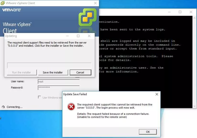 ||https://tosinso.com/files/get/6e26f5e9-8c91-4425-b731-7577682edd0b||


با سلام 
من روی vmware 14.1.1 خودم یک esxi 6.5 نصب کردم .ولی هنگام استفاده از vspher client 6 با خطای بالا مواجه میشوم.
پینگ esxi رو هم دارم.
مشکل از کجا میتونه باشه.