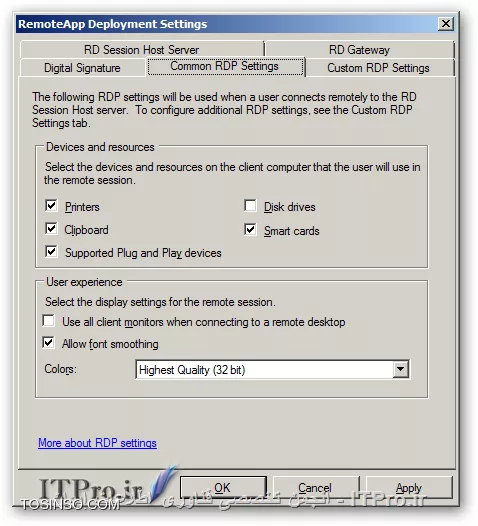 با یکی دیگر از قسمتهای مقالات از سری مقالات آموزش راه اندازی Remote Desktop Services در خدمت شما هستیم. همانطور که در قسمتهای قبل گفته شد راههای مختلفی برای ارائه سرویس Remote Desktop وجود دارد در قسمت قبل گفته شد که چگونه برای یک کاربر تعیین کنیم که هر وقت به سرور Remote زد ، بصورت خودکارتصویر یک نرم افزار خاص در صفحه نمایشگر او نمایان شود تا بتواند از آن استفاده کند .

همانطور که گفته شده بود یکی از بزرگترین محدودیتهایی که این روش دارد که باعث میشود کمتر از آن استفاده شود این است که کاربران در این روش نمیتوانند از چند نرم افزار استفاده کنند و تنها محدود به یک نرم افزاری هستند که مدیر سیستم برای آنان تعیین کرده همچنین به طور همزمان با نام کاربری و رمز عبور خود تنها مجاز به استفاده از یک نرم افزار و برقراری یک Session هستند و نمیتوانند بصورت همزمان از چند نرم افزار استفاده کنند ، اکنون روشی دیگر از روشهای ارائه ی این سرویس را بررسی میکنیم که دیگر این محدودیت را نخواهید داشت و آن هم استفاده از کنسول RemoteApp Manager است این کنسول پس از نصب کرد رول Remote Desktop Session Host در مسیر زیر قابل دسترس است :
<ltr>
Start => Administrative Tools => Remote Desktop Services
<ltr>
همچنین با تایپ عبارت remoteprograms.msc در Run میتوانید آن را اجرا کنید پس از اجرا پنجره این به شکل زیر مشاهده میکنید ...
||http://tosinso.com/files/get/40f01d21-394c-4db2-907b-795c838cea2a||
همانطور که مشاهده میکنید در این پنجره در قسمت Overview یک وضعیت کلی از این سرویس نمایش داده شده و در پایین ، در قسمت RemoteApp Programs میتوانید لیست نرم افزارهای Publish شده را مشاهده و آنها را ویرایش کنید شما با استفاده از امکاناتی که در این کنسول هست میتوانید نرم افزارهای خود را Publish کرده و از هر کدام از نرم افزارها یک فایل درست کرده که کاربران به بوسیله آن میتوانند به سرور وصل شده و از نرم افزار مربوطه استفاده کنند ، فایلهایی که با استفاده از روش فوق میتوانید ایجاد کنید با دو پسوند RDP و MSI هستند و هر کدام خواصیتهای خود را دارد که در ادامه راجع به هر دو آنها و روش ایجادشان صحبت میکنیم . قدم اول در پابلیش نرم افزارها این است که آن را در لیست RemoteApp Programs اضافه کنید برای اینکار در سمت راست تصویر Add RemoteApp Programs را پیدا کرده و کلیک کنید تا پنجره ای به شکل زیر مشاهده کنید
||http://tosinso.com/files/get/afba1c86-63ac-40ba-8cca-69fe03d0e168||
پنجره اول که طبق معمول خوش آمدگویی و یک سری توضیحات دیگر هست ،Next  میکنیم
||آموزش Remote Desktop Services در Windows Server 2008 R2::http://tosinso.com/files/get/976bb9bb-569f-4dc0-9626-0641c4b0db06||
در این مرحله نرم افزارهایی که تصمیم دارید Publish کرده و در اختیار کاربرانتان قرار دهید را انتخاب کنید در صورت نصب نرم افزار جدید ، آن را میتوانید در این لیست مشاهده کنید ، در صورت عدم مشاهده آن میتوانید با زدن دکمه Browse آدرس نرم افزار را داده تا در لیست اضافه و قابل استفاده گردد. پس از انتخاب نرم افزارها Next کنید ...
||http://tosinso.com/files/get/ca798346-4568-4e0a-b440-4748654b6b36||
و در نهایت Finish را میزنیم همانطور که در تصویر زیر مشاهده میکنید نرم افزارهایی که انتخاب کردیم در قسمت RemoteApp Programs  قابل مشاهده ، ویرایش و یا حذف هستند و با حذف هر کدام از آنها کاربران دیگر قادر به استفاده از نرم افزار نخواهند بود.
||http://tosinso.com/files/get/a0001ac0-7c9c-464f-8bfc-35e50d5fb7b6||
تا اینجا نرم افزارهای ما برای استفاده آماده هستند ولی حال باید برای کلاینتها یک فایل درست کنیم که بوسیله آن بتوانند به سرور متصل شده و از نرم افزار استفاده کنند.  این فایلها شامل فایلهای rdp و msi میباشند.

!! فایلهای RDP 
این فایلها توسط مدیر و با استفاده از کنسول RemoteApp Manager ساخته شده و جهت استفاده بایستی در اختیار کلاینتها قرار گیرد هر کدام از این فایلها به یک نرم افزار میتوانند اشاره کنند این فایلها را به هر طریقی میتوانید در اختیار کاربران قرار دهید که این بستگی به سلیقه و محیط کاری شما دارد مثلا از طریق یک پوشه به اشتراک گذاری شده در شبکه فایلهای RDP را در اختیار کاربران قرار دهید کاربران بعد از اجرای این فایل بایستی نام کاربری و رمز عبور خود را وارد کنند تا عملیات احراز هویت انجام شود و بعد از آن به نرم افزار مورد نظر هدایت میشوید برای ساختن آن در قسمت RemoteApp Programs روی نرم افزار مورد نظرتان راست کلیک کرده و از منوی باز شده گزینه Create .rdp File را انتخاب کنید تا پنجره زیر را مشاهده کنید
||http://tosinso.com/files/get/2e3a0cf2-9248-4c5f-b2ce-183f4f284519||
پنجره اول که طبق معمول خوش آمدگویی و یک سری توضیحات دیگر هست ،Next  میکنیم
||http://tosinso.com/files/get/a98d8432-9943-4874-9a01-fc4a45348517||
در این مرحله در قسمت بالا یعنی جایی که نوشته شده Enter the location to save packages: آدرسی که فایل خروجی در آن قرار گیرد را از شما میخواهد. در قسمت پایینتر یعنی RD Session Host server settings با زدن دکمه Change میتوانید نام سرور و همچنین پورت مورد نظر برای Remote Desktop را جهت ارتباط کلاینت با سرور مشخص کنید ، بطور پیشفرض پورت استفاده از Remote Desktop برابر 3389  میباشد اما ممکن است برای بالابردن امنیت شماره آن تغییر داده شده باشد که بدینصورت میتوانید شماره جدید پورت را جهت ارتباط کلاینت با سرور وارد کرده و یکسان سازی کنید تا کلاینتها هم بوسیله پورت جدید و حقیقی بتوانند با سرور ارتباط برقرار کنند ، و در نهایت در قسمت Certificate settings هم در صورت نیاز میتوانید از الگوریتم رمز نگاری برای برای ارتباط کلاینتها با سرور استفاده کنید این خود میتواند مقاله ای جداگانه باشد و با توضیح آن از مبحث اصلی دور میشویم پس آن را به حالت پیشفرض رها میکنیم. Next زده و به مرحله بعد میرویم ...
||http://tosinso.com/files/get/4297cd03-dc58-4f8b-8bf0-918770e276ce||
و در نهایت Finish را میزنیم. پس از آن یک فایل RDP ساخته شده که کلاینتها با اجرای آن به سرور وصل شده و تصویر نرم افزار مربوطه را مشاهده کرده و از آن استفاده میکنند. کلاینتها وقتی یک فایل RDP را اجرا میکنند با پنجره ای به شکل زیر روبرو میشوند :
||http://tosinso.com/files/get/9ca3e86e-50f2-4705-bd81-e653e263fee8||
همانطور که مشاهده میکنید در این پنجره یک سری اطلاعات در مورد نرم افزار Publish شده در اختیار کاربر قرار میگیرد همچنین کاربر میتواند با کلیک بر روی Details این صفحه را گسترش دهد ، در این پنجره کاربر میتواند مشخص کند که چه منابعی از کامپیوتر خودش را پس از Remote زدن به سرور میتواند مشاهده کند مثلا با انتخاب Drives میتواند درایوهای کامپیوتر خود را پس از ریموت زدن در سرور مشاهده کند.
شما میتوانید کاربران را در استفاده از منابع کامپیوتر خود در سرور محدود کنید ، برای این کار در کنسول RemoteApp Manager در سمت راست تصویر روی گزینه RD Session Host Server Settings کلیک کرده و در پنجره باز شده وارد تب Common RDP Settings شوید در این سربرگ در قسمت Devices and resources میتوانید تعیین کنید که کلاینتها پس از اجرای فایل RDP خود ، چه منابعی از کامپیوتر خود را پس از ریموت زدن به سرور جهت مشاهده بتوانند انتخاب کنند.
||http://tosinso.com/files/get/6e2a92dc-b8cf-4940-af00-09b9be7d22ea||
به عنوان مثال ما در تصویر بالا Disk drives را غیر فعال کرده ایم ، این باعث خواهد شد که کلاینتها در زمان ریموت زدن در قسمت انتخاب منابع نتوانند چک باکس Drives را مشاهده و انتخاب نمایند در نتیجه به اجبار درایوهای خود را پس از ریموت زدن نمیتوانند مشاهده کنند.
نکته : پس از اینکه تغییراتی که در بالا گفته شد را در تنظیمات RemoteApp Manager در سرور انجام دادید ، در فایلهایی RDP و MSI که از آن لحظه به بعد ساخته میشوند این تغییرات قابل مشاهده است و کاربرانی که از قبل ، فایلهای RDP و یا MSI را در اختیار داشته اند این تغییر در تنظیمات را مشاهده نمیکنند و بایستی از فایلهایی که پس از اعمال تنظیمات در سرور ساخته شده اند استفاده کنند.

!! فایلهای MSI  
این فایلها توسط مدیر و با استفاده از RemoteApp Manager ساخته میشوند و در نهایت به شکل یک فایل قابل نصب Windows Installer package قابل دسترس هستند، این فایل را کلاینتها میتوانند در کامپیوتر خود نصب کنند و پس از نصب بطور پیشفرض در مسیری مشابه C:\Program Files (x86)\RemotePackages قابل مشاهده هستند . این فایل در کلاینت نصب شده و مانند نرم افزاری که Install میشود ، فایل اتصال گر کلاینت با سرور جهت اجرای نرم افزار را درمسیر گفته شده در اختیار کاربر قرار میدهد، از خواص این فایلها این هست که پس از نصب میتوان آن را Uninstall کنید و این کار با رفتن به Programs and Features یعنی تایپ عبارت appwiz.cpl قابل انجام است. پس از نصب ، یک فایل RDP در مسیری مشابه C:\Program Files (x86)\RemotePackages ایجاد شده و یک  Shurtcut از آن در Start menu و یا Desktop ایجاد میشود. 

و کاربر با اجرای آن با پنجره ای مشابه پنجره ی مربوط به فایلهای RDP مواجه میشود و پس از زدن دکمه Connect و وارد کردن نام کاربری و رمز یک Session در سرور ایجاد شده و نرم افزار جهت استفاده کاربر به نمایش درخواهد آمد، روش استفاده از نرم افزار در فایلهای MSI شباهت بسیار زیادی به فایلهای RDP دارد تنها تفاوتی که به چشم میخورد این است که فایلهای msi را در ابتدا بایستی نصب کرد تا بتوان از آن استفاده کرد ولی فایلهای RDP در همان ابتدا قابل اجرا هستند و نیازی به نصب ندارند. با خواندن مطلب تا به اینجا و با دانستن اینکه برای نصب فایلهای msi بایستی کاربر دسترسی مدیریتی داشنه باشد اولین فکری که به ذهن شما میرسد این هست که اصلا چه دلیلی دارد که ما بخواهیم از فایلهای msi استفاده کنیم!!! فایل msi به درد نمیخورد !!! ولی فایلهای msi خواصی دارند که با دانستن آنها نظر شما را راجع به خود عوض میکنند، تا به حال با خواندن این قسمت مقاله به این ننتیجه رسیده اید که کاربران برای استفاده از نرم افزارهای موجود در سرور بایستی از فایلهای RDP و MSI استفاده کنند و در صورت دسترسی نداشتن به این فایلها نمیتوانند نرم افزارهای Publish شده را اجرا کنند .

پس از Publish نرم افزارها بایستی فایلهای RDP را به تک تک کاربران در شبکه خود بدهیم، یکی از خواص فایلهای MSI این است که میتوان آنها را از طریق Group policy در شبکه خود بر روی کلاینتهای مورد نظر و بصورت مرکزی نصب کنید و در صورت نیاز حذف کنید ،  به عبارتی دیگر می توانید آنها را بدون اینکه کاربران شما در شبکه متوجه این موضوع شوند مانند یک نرم افزار Install کنید . پس از نصب نرم افزار کاربران با اجرای فایل نهایی که پس از نصب با پسوند rdp خواهد بود و یک Shortcut از آن در Start menu و یا Desktop هم ایجاد میشود بصورت اتوماتیک به سرور ریموت زده و احراز هویت کرده و از نرم افزار مورد نظر استفاده می کنند. خب با هم روش ساخت فایلهای msi را بررسی میکنیم. برای ساخت فایل msi در پنجره RemoteApp Manager و در قسمت RemoteApp Programs روی نرم افزار مورد نظرتان راست کلیک کرده و از منوی باز شده گزینه Create Windows installer package را انتخاب کنید تا پنجره زیر را مشاهده کنید
||http://tosinso.com/files/get/c68126b5-4605-4cd9-85ce-a558c714b31d||
پنجره اول که خوش آمدگویی و یک سری توضیحات دیگر هست ،Next  میکنیم
||http://tosinso.com/files/get/5de861b7-e1a4-4efc-b229-d357be259658||
این مرحله مشابه همان مرحله ایست که در ساخت فایل RDP مشاهده کردیم و توضیحات آن یک بار در بالا داده شده... Next میکنیم
||http://tosinso.com/files/get/a6c0c635-9720-4c3c-8b4c-daa8de9adeb3||
در این مرحله در قسمت Shortcut icon اگر چک باکسهای Desktop و یا Start menu folder را علامت بزنید نرم افزار شما پس از نصب ، یک Shortcut در Start menu و یا Desktop قرار میدهد ، Next کرده
||آموزش Remote Desktop Services در Windows Server 2008 R2::http://tosinso.com/files/get/9381393d-1b6f-4ef3-9b39-d161cca56b5a||
و در نهایت Finish میکنیم. و در نهایت فایل ما با پسوند *.msi ساخته میشود و میتوان از آن استفاده کرد

*نتیجه گیری :*
در این قسمت از این سری مقالات روش ساخت فایلهای rdp و msi و روش استفاده از آنها را توضیح دادیم از خواص استفاده از این فایلها این است که کاربران بسته به نیاز خود و با اختیار خود میتوانند نرم افزارهایی که مدیر در اختیارشان قرار داده را انتخاب بدون محدودیت تعداد اجرا کنند همچنین در صورت نیاز کاربرانی که از طریق مدیرشبکه Delegate شده اند و نقشهای مدیریتی به آنها واگذار شده و بنا به وظایف خود لازم است که به سرور ریموت زده و از کنسولهای مدیریتی آن استفاده کنند هم به راحتی میتوانند این کار را انجام داده و Remote Desktop Services تداخلی در این کار بوجود نمی آورد تا به حال هرچه صحبت کردیم راجع به رول Remote Desktop Session Host بوده.

در قسمت بعد این مقاله راجع به رول Remote Desktop Web Accessصحبت خواهیم کرد و روش در اختیار گذاشتن این نرم افزارها را از طریق Web به شما آموزش خواهیم داد کاربران با این روش میتوانید از طریق مرورگر خود نرم افزارهایی که توسط مدیر Publish شده را مشاهده کرده و بنا به نیاز آنها را اجرا کنید که با استفاده از این روش دیگر نیازی نیست که فایلهای rdp در اختیار کاربران گذاشته شوند و یا از طریق Group Policy فایلهای msi بر روی کلاینتها نصب گردند و دیگر مدیر شبکه دغدغه ی اینکه چگونه فایلهای rdp را در اختیار کلاینتها قرار داده و یا اینکه فایلهای msi را بر روی کللاینتها نصب کند را نخواهد داشت و کلاینتها از طریق مرورگر وب خود میتوانند به آدرس URL از پیش تنظیم شده رفته ، احراز هویت کرده و نرم افزارهای مجاز برای استفاده را مشاهده و اجرا کنند تا به سرور ریموت زده شده و تصویر نرم افزار مد نظر خود را مشاهده و از آن استفاده کنند پس با ما همراه باشید...

نویسنده : سعید شمس آبادی
منبع : |جزیره راهکارهای مجازی سازی وب سایت توسینسو::https://tosinso.com/virtualization|
هرگونه نشر و کپی برداری بدون ذکر منبع و نام نویسنده دارای اشکال اخلاقی می باشد.