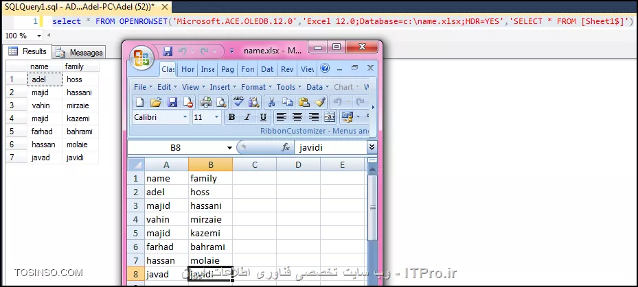 سلام
دوست عزیز شما به بنده لطف دارید
پیشنیازهایی که برای کر با دیتاسورس های آفیسی نیاز دارید :
1- ابتدا به پکیج Access DataBase Engine نیاز دارید که بنده نسخه ی 2010 اون که شامل 32 بیتی و 64 بیتی است و استفاده می کنیم :
<center>
||https://dba.tosinso.com/files/get/e028b5a3-0bbf-45a4-a4cb-be0628783186||
<center>
<center>
||https://dba.tosinso.com/files/get/0ea23744-b0f8-4d6a-8b89-cfb4397d98fc||
<center>
بعد نصب باید تنظیماتی انجام بشه در sql server که سرورمون بتونه از access driver (که به منظور دسترسی به دیتا سورس های آفیسی نصب شده است) استفاده کنه :
<center>
||https://dba.tosinso.com/files/get/ab847abf-b9fb-4c44-b28b-e04e805f764c||
<center>
بعدش باید قابلیت کوئری ها Ad HOC و فعال کنیم : به کوئری ها یی که برای دسترسی به سایر دیتا سورس ها از OLEDB استفاده می کنند . OLEDB توابع API هستند که به کاربر کمک می کنند از یک دیتا سورس مثل Excel هم داده ها را بخونیم .
خوب برای فعال کردن این نوع کوئری ها :
<center>
||https://dba.tosinso.com/files/get/b14e537b-eb5f-43bb-9b5c-39e73f829369||
<center>
خوب الان همه چیز اماده است که با بتونیم دیتاها رو از اکسل بخونیم :
یک فایل اکسل ترجیحا 2007 به خاطر پسوندشون که Xlsx هست :
ایجاد می کنیم به این شکل :
<center>
||https://dba.tosinso.com/files/get/13332b2d-34b0-4c2b-88c6-2a480905c7e7||
<center>
با نام name.xlsx بروی درایو سی ذخیره اش می کنیم :
<center>
||https://dba.tosinso.com/files/get/670d3ad9-e6e3-4feb-8e33-4b6a5386e44c||
<center>
نتیجه ی نهایی :
<center>
||https://dba.tosinso.com/files/get/6e7a3b85-3e9d-4361-aa22-8c478a0c28b2||
<center>
کوئری مورد نیاز این کار :
<center>
<sql>
USE [master] 
GO 
EXEC master.dbo.sp_MSset_oledb_prop N'Microsoft.ACE.OLEDB.12.0', N'AllowInProcess', 1 
GO 
EXEC master.dbo.sp_MSset_oledb_prop N'Microsoft.ACE.OLEDB.12.0', N'DynamicParameters', 1 
GO 
<sql>
<center>

<center>
<sql>
EXEC sp_configure 'show advanced options', 1
RECONFIGURE
EXEC sp_configure 'Ad Hoc Distributed Queries', 1
RECONFIGURE
<sql>
<center>
<center>
<sql>
select * FROM OPENROWSET('Microsoft.ACE.OLEDB.12.0','Excel 12.0;Database=c:\name.xlsx;HDR=YES','SELECT * FROM [Sheet1$]')
<sql>
<center>