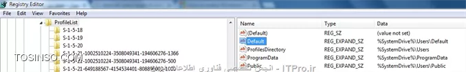 سلام دوست عزیز
با اجازه از اساتید محترم
با استفاده از کلید ترکیبی Win+R وارد محیط Run بشید و حتما دسترسی administrator داشته باشید و regedit رو تایپ کنید و قبل از هز چیز از رجیستریتون بکاپ بگیرید و به مسیر زیر برید
<c#>
HKEY_LOCAL_MACHINE\SOFTWARE\Microsoft\Windows NT\CurrentVersion\ProfileList
<c#>
حالا در سمت راست مقداری که در عکس هست رو پاک کنید
||http://network.tosinso.com/files/get/6edf59be-1f08-4c3b-a739-8c4db2c8c7aa||
حالا سیستمتون رو ریست کنید تا یوزرهاتون رو ببینید
||http://network.tosinso.com/files/get/68dbbb0e-4b4f-4c6d-898e-8b0fb7a35e2f||