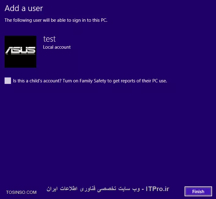 درود فراوان به دوستان خوب ITPRO ، با آخرین جلسه از سری مجموعه آموزش های دوره MCSA مایکروسافت در خدمت شما عزیزان هستم. جلسه پایانی این دوره را به مبحث روش های احراز هویت یا اعتبارسنجی در ویندوز 8 و نحوه پیکربندی آن اختصاص داده ایم. مانند همیشه ابتدا به تشریح مفاهیم خواهیم پرداخت و با دو مفهوم Authentication و Authorization آشنا خواهیم شد.

!! Authentication چیست؟
_Authentication_ در لغت به معنای تصدیق هویت، و در علوم کامپیوتر به فرایند تشخیص هویت افراد یا دستگاه ها اطلاق می گردد. از طریق Authentication است که افراد پیش از دسترسی به منابع کامپیوتر یا شبکه ابتدا هویت شان مشخص شده و سپس مجوز ورود و استفاده از منابع به آن ها داده خواهد شد، یا به اصطلاح فنی تر به زبان انگلیسی Who you are؟ اجازه دهید تا با مثالی این موضوع را روشن تر نماییم. شرکتی با صد نفر کارمند را در نظر بگیرید که ادمین شبکه آن به هر یک از کارکنان یک نام کاربری و رمز عبور برای استفاده از کامپیوترهای شبکه را داده است. 

یکی از کارکنان با نام Jack Johnson  بر روی کامپیوتر شماره 24 نام کاربری و پسورد خود را به منظور لاگین کردن وارد می کند (Username: Jack	Password:123456). اولین اتفاقی که در این سناریو خواهد افتاد این است که کامپیوتر شماره 24 ابتدا با سرور مرکزی ارتباط برقرار نموده و نام کاربری و پسورد وارد شده توسط فرد را برای سرور ارسال می کند، سرور نیز متعاقبا آن را با بانک اطلاعاتی کاربران موجود بر روی خود مقایسه کرده و در صورت یکسان بودن آن، پیامی را به کامپیوتر شماره 24 مخابره می نماید که نام کاربری و رمز عبور وارد شده با اطلاعات موجود بر روی سرور هم خوانی داشته و صحیح می باشد، لذا اجازه ورود را برای وی صادر کن. 

در نتیجه کامپیوتر شماره 24 نیز به فرد مورد نظر اجازه ورود به کامپیوتر را خواهد داد. حال اگر فرد مورد نظر نام کاربری و رمز عبورش را اشتباه وارد نماید، و با اطلاعات موجود بر روی سرور هم خوانی نداشته باشد، در نتیجه فرد با خطای The username or password is incorrect مواجه گشته و به وی اجازه ورود داده نخواهد شد. همین مثال را نیز می توان به صورت محلی و بدون ارتباط با سرور نیز در نظر گرفت. 

بدین صورت که فرد نام کاربری و رمز خود را وارد می نماید و کامپیوتر پس از مطابقت دادن آن با بانک اطلاعاتی خودش و در صورت صحیح بودن به فرد اجازه ورود به کامپیوتر را خواهد داد.به تمامی آن چه که در بالا صورت می پذیرد اصطلاحا فرایند Authentication یا احراز هویت گفته می شود. اما با توجه به آن چه که گفته شد، ویندوز 8 از سه طریق مختلف قادر به احراز هویت یا Authentication کاربران خواهد بود. ولی پیش از آن که بتوانیم کاربری را احراز هویت و شناسایی نماییم، ابتدا نیاز است تا آن را بر روی کامپیوتر ایجاد نماییم، که از یکی از سه روش زیر می توانید برای ساخت و ایجاد کاربران اقدام نمایید:

!! روش اول: با استفاده از رابط کاربری Metro
بدین منظور ابتدا ماوس خود را به گوشه سمت راست و قسمت بالای مانیتور برده و حدود یک ثانیه مکث کنید تا گزینه های مرتبط برایتان به نمایش در آید.سپس بر روی گزینه Settings کلیک نمایید تا وارد صفحه بعدی شویم.
<center>
||http://tosinso.com/files/get/790b2faa-e823-440a-bb6c-6b8d9d7e1a6c||
<center>

آن گاه همانند شکل زیر بر روی نوشته Change PC Settings کلیک نمایید
<center>
||http://tosinso.com/files/get/39b72299-ff6d-4fc9-86a4-1135a048d3e2||
<center>

و در صفحه ای که برایمان باز خواهد شد، گزینه Account را انتخاب کنید (تصویر زیر)
<center>
||http://tosinso.com/files/get/5b553f6e-c2c2-4705-8020-453217b70340||
<center>

سپس در صفحه بعدی نیز بر روی علامت + Add an account کلیک کرده تا وارد بخش مربوطه شوید
<center>
||http://tosinso.com/files/get/e495ae51-471b-4624-becf-6bd0163c8bb4||
<center>

در قسمت بعد، ویندوز از ما اطلاعات مربوط به کاربری که قصد ایجاد آن را داریم خواهد پرسید، که ما نیز آن ها را بر اساس موراد خواسته شده وارد کرده و در نهایت بر روی Next کلیک خواهیم کرد (تصویر زیر)
<center>
||http://tosinso.com/files/get/409a4c2c-c19d-4d79-9903-f1c611e599d4||
<center>

در نهایت با کلیک بر روی دکمه Finish مراحل ساخت یوزر با استفاده از رابط کاربری Metro به پایان خواهد رسید
<center>
||http://tosinso.com/files/get/6efd84cd-3569-42e9-9c00-6d1190d35246||
<center>

!! روش دوم: با استفاده از Control Panel
بدین منظور ابتدا به Control Panel بروید و بر روی آیکون User Accounts and Family Safety کلیک نمایید. سپس در صفحه ای که برایتان باز خواهد شد، بر روی نوشته User Accounts کلیک کنید.
<center>
||http://tosinso.com/files/get/f4823bff-3713-4d23-ac70-e8bb1d507c91||
<center>

آن گاه بر روی نوشته Manage another account و سپس Add a new user to this PC کلیک نمایید
<center>
||http://tosinso.com/files/get/a8370bd8-46e6-41f7-aad4-1cba7ca8e348||
||http://tosinso.com/files/get/49a5123f-4fc2-410a-9916-3653ee6b9662||
<center>

از این قسمت کار به بعد تقریبا تمامی مراحل شبیه به مراحل بالا بوده، که از این روی از تکرار آن پرهیز می کنم.

!! روش سوم: با استفاده از کنسول Local Users and Groups
برای ساخت یوزر با استفاده از این روش ابتدا عبارت lusrmgr.msc را در منوی استارت تایپ و پس از ظاهر شدن آیکون مربوطه، بر روی آن کلیک کنید تا کنسول Local Users and Groups باز گردد
<center>
||http://tosinso.com/files/get/92e17b16-3fce-4a33-9202-ea34b45812ae||
<center>

در پنجره ای که برایمان باز خواهد شد، در قسمت خالی صفحه کلیک و گزینه New User… را انتخاب نمایید
<center>
||http://tosinso.com/files/get/8073a445-3aa5-4fb3-b467-62d1d42caefd||
<center>

آن گاه اطلاعات مربوط به کاربر را وارد، و در نهایت بر روی Create کلیک کنید تا کاربر مورد نظر ایجاد گردد
<center>
||http://tosinso.com/files/get/218f27d5-3ae6-48e5-bb71-8a46e01586ad||
<center>

!! روش چهارم: با استفاده PowerShell
آخرین روش برای ساخت یوزر بر روی کامپیوتر از طریق کنسول PowerShell می باشد. بدین منظور ابتدا کنسول PowerShell را با دسترسی Administrator باز کنید و سپس فرمان زیر را درون آن تایپ نمایید:
<left>
net user /add test mypassword
<left>
گفتنی ست که در مثال بالا، ویندوز برای ما کاربری با نام test و با رمز عبور mypassword ایجاد خواهد نمود.

!! Authorization چیست؟
_Authorization_ در لغت به معنای اجازه دادن، و در علوم کامپیوتر به فرایند میزان دسترسی افراد به منابع موجود در شبکه یا کامپیوتر اشاره دارد. بدین معنا که با Authorize کردن یک فرد وی قادر خواهد بود تا به منابعی که ادمین برایش مشخص کرده دسترسی یابد. فرایند Authorize همیشه پس از Authentication  اتفاق خواهد افتاد. یعنی افراد ابتدا هویت شان مورد بررسی و تایید قرار گرفته(Authenticate)، و سپس بر همین اساس، به آن ها اجازه دسترسی به منابع داده می شود (Authorize). 

اجازه دهید تا با مثالی از این موضوع آن را بسط دهیم. شرکتی را در نظر بگیرید که صد نفر کارمند در آن مشغول به کار هستند، و فردی با نام Jack Johnson  بر روی کامپیوتر شماره 24 نام کاربری و پسورد خود را به صورت صحیح وارد می نماید، سپس هویت وی توسط سرور تایید شده و به او اجازه ورود به کامپیوتر داده خواهد شد. اما حال که فرد مجوز دسترسی به کامپیوتر و نیز شبکه مان را پیدا کرده است، واقعا برای او چه چیزهایی باید قابل دسترس باشد؟ و تا چه میزان می تواند از منابع کامپیوتر یا شبکه استفاده نماید؟ 

اینجاست که با فرایند Authorize میزان دسترسی ها برای افراد را مشخص خواهیم کرد. در واقع فرد با Authorize شدن، میزان دسترسی هایش نیز مشخص می گردد. پس در یک تعریف کلی Authorize کردن یک فرد یعنی تا چه میزان دسترسی به منابع شبکه و کامپیوتر برای فرد فراهم گردد. بگذارید تا با مثالی از دنیای واقعی این موضوع را بسط دهیم. به عنوان نمونه بازی شطرنج را در نظر بگیرید که هر مهره در این بازی دارای میزان مانوور و قدرت خاصی ست. مثلا مهره سرباز تنها قادر به حرکت از سمت جلو و تا یک یا دو حرکت می باشد، یا مهره فیل که قادر به هر میزان حرکت اما فقط در حالت زیگ زاگ می باشد. 

در نتیجه حرکت تمامی این مهره ها از قبل و توسط قوانین خاصی تعیین شده اند که نمی توان خلاف آن حرکتی را در بازی انجام داد. حال همین موضوع در فرایند دسترسی افراد در کامپیوتر یا شبکه نیز صدق می کند، یعنی ادمین قادر است تا با ایجاد یک سری دسترسی ها و محدودیت های خاص برای افراد به هر یک از آنان، تنها دسترسی های خاص و محدودی را بدهد. گفتنی ست که فرایند Authorize توسط NTFS Permissionها تعیین می گردد. 

حال بیایید تا مبحث Authorization توسط NTFS Permission ها را نیز به صورت عملی نیز انجام دهیم و اعمال کنیم. در این مثال قصد داریم تا به کاربری با نام User1 دسترسی به پوشه ای با نام Test و محتویات آن را داده، و همین دسترسی را از کاربر دیگری با نام User2 سلب نماییم، طوری که User1 به راحتی قادر به دیدن محتویات پوشه و نیز اجرای فایل ها باشد، در حالی که User2 این توانایی را نداشته باشد. پس گام به گام مراحل زیر را پیش می بریم ، ابتدا پوشه ای با نام Test در کامپیوتر ایجاد نمایید. سپس بر روی آن راست کلیک کرده و گزینه Properties را انتخاب کنید.
<center>
||http://tosinso.com/files/get/0b659e16-359f-4e6f-abc9-9ae38d607df2||
<center>

در پنجره ای که برایمان باز خواهد شد، به سربرگ Security بروید و دکمه Edit را کلیک نمایید
<center>
||http://tosinso.com/files/get/840d076f-64b3-4bad-8ad6-86f197ee55b8||
<center>

بر روی Add کلیک کرده، و در صفحه ای که برایتان باز خواهد شد، یوزر مورد نظرتان را (که در مثال من User1 است) جستجو و انتخاب نمایید
<center>
||http://tosinso.com/files/get/1684d2ef-0942-4ad4-8a29-fe9f8305f734||
||http://tosinso.com/files/get/8d1b8e10-74d7-48e3-855c-991205a8627c||
<center>

حال که User1 را انتخاب کردیم، با زدن تیک گزینه Full Control به وی دسترسی کامل به پوشه Test و نیز محتویات آن را را خواهیم داد.
<center>
||http://tosinso.com/files/get/841a8a8c-4603-4406-8ffc-d98ef2c52258||
<center>

کار تا بدین جای امر به اتمام رسیده است، اکنون اگر اطلاعاتی را در درون این پوشه کپی کنیم، تنها فردی که قادر به خواندن اطلاعات آن خواهد بود، User1 است، و دیگر یوزرهای موجود بر روی کامپیوتر اگرچه قادر به مشاهده اطلاعات موجود خواهند بود، اما توانایی مشاهده یا اجرای آن را نخواهند داشت.

* نکته 1: NTFS Permissionها هم در شبکه و هم در کامپیوتر شخصی به صورت Local قابل اعمال کردن می باشد.
* نکته 2: در شبکه هایی که هم از NTFS Permission و Share Permission استفاده می شود، حق اولویت همیشه با NTFS Permission خواهد بود.

امیدوارم موارد و مفاهیم ارائه شده در این جلسه نیز بدون ابهام و مورد پسند شما دوستان قرار گرفته باشد.

!! سخن پایانی
آرمان دارم هر آن چه که در سری آموزش های این دوره برای شما عزیزان فراهم نمودم هر چند اندک، اما مفید و در عین حال مورد توجه تان قرار گرفته باشد. گفتنی ست که کلیه مطالب این دوره بر اساس سر فصل های کتاب مربوطه با نام Configuring Windows 8  نوشته Scott D. Lowe و Derek Schauland و Rick W. Vanover بوده است. اگرچه مطالبی که طی این دوره ارائه شدند بسیار خلاصه تر از مباحث اصلی به زبان انگلیسی بودند، ولی کلیات به طور کامل بیان گشتند. 

بنده نیز در واقع این دوره را تنها به منظور آشنایی شما با مفاهیم آزمون بین المللی مایکروسافت (کد 70-687) بر روی وبسیات ITPRO قرار دادم تا کسانی که احیانا علاقه به شرکت در این آزمون داشته باشند با مراجعه به کتب زبان اصلی بتوانند هرچه بیشتر دایره دانش خودشان را گسترش داده و در آزمون اصلی شرکت نمایند.جلسه بعد که آخرین جلسه این دوره نیز خواهد بود، برای شما نمونه سوالاتی از این دوره به زبان انگلیسی به منظور ارزیابی میزان یادگیری آن چه که تا بدین جلسه آموختید آورده خواهد شد. مجددا از شما بابت وقت و زمانی که برای آموزش های من گذاشتید سپاسگزارم.
<left>
شادزی، خرم، بدرود
<left>

نویسنده : اسحاق احمدپور
منبع :| جزیره سرویس های شبکه مایکروسافت وب سایت توسینسو::https://tosinso.com/microsoft|
هرگونه نشر و کپی برداری بدون ذکر منبع و نام نویسنده دارای اشکال اخلاقی است