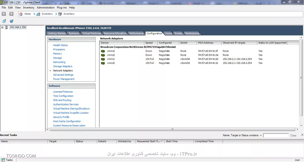 خیلی خیلی ممنونم از راهنماییتون.همونطور که گفتین قسمت networking رو چک کردم.دوتا کارت شبکه add  شده که دومی رو دیروز از کنسول تحت وب esxi اضافه کردم.اما همونطور که در تصویر اول می بینید تو قسمت network adapters هر چهارتا کارت شبکه دیده میشن.با اجازه شما من چند تا تصویر از وضعیت کارت شبکه ها توی esxi میذارم و البته بگم خدمتتون که مراحل add کردن رو تا قبل از دکمه finish رفتم.اما چون روالش مربوط به اضافه کردن vswitch بود finish رو نزدم و تصاویر مراحل رو گذاشتم .شاید نکته ای داشته باشه که نیاز باشه قبل از add کردن vswitch ها راجع بهشون راهنماییم کنین.عذر می خوام و مچکرم.
||http://network.tosinso.com/files/get/6eff6d54-f8b8-4758-806c-a5d84349cae4||
||http://network.tosinso.com/files/get/45b0df0d-d910-4a45-8a8f-dd3727e07fc2||
||http://network.tosinso.com/files/get/8ae11f48-3653-4eb6-91a8-adf3ad1ba920||
||http://network.tosinso.com/files/get/bdd73420-ff2a-42e0-b64c-f9c8aa919610||
||http://network.tosinso.com/files/get/f6edd907-30e5-46e2-9ed2-82310716a4f3||
