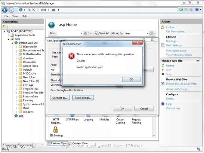 سلام دوستان خسته نباشید 
<center>
||http://tosinso.com/files/get/6f341a88-a42c-40a7-aa83-2e0ef9784cd5||
<center>
<c#>
Invalid application path
<c#>
من در IIS یک Application Pool  با عنوان asp تعریف کردم و زمانی که در پنجره Add Application گزینه Test Setting رو کلیک می کنم با پیغام فوق روبه رو میشم اگه لطف کنید منو راهنمایی بفرمایید خیلی خیلی ممنون میشم  ، بااحترام فراوان