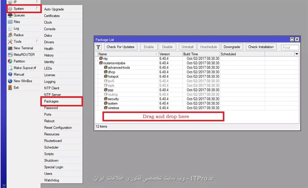 extra package هارو که دانلود کردید extract کنید فایل user-manager-6.40.4-mipsbe.npk رو طبق شکل زیر drag and drop کنید توی کادر packages
||https://hardware.tosinso.com/files/get/6f6c1d8f-6ef1-4384-969c-01a9da92e410||
بعد از منوی system گزینه reboot رو انتخاب کنید
package نصب میشه