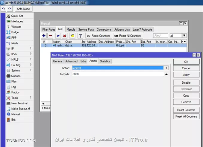 سلام . شما از چند طریق میتوانید این عمل را انجام دهید 

الف ) استفاده از webproxy
1- ابتدا وارد بخش ip--->firewall---->Nat شده و مانند تصویر زیر یک رول dst-nat  ایجاد کنید :
||http://network.tosinso.com/files/get/00308f41-d0ab-42c3-b4d4-11ea32e7b21e||

||http://network.tosinso.com/files/get/6fa7ef3d-f70f-40d2-b8f6-d703adc2d4c6||

2- وارد بخش ip--->webproxy شده و از تب General ؛enable را انتخاب کرده و مراحل را انجام دهید :

||http://network.tosinso.com/files/get/779a8040-426e-49ec-9e68-91183b835de7||

با توجه به تصویر سوم ، اگر کاربران در شبکه سایت network.tosinso.com را در مرورگر اجرا کنند بصورت خودکار به سایت google.com هدایت خواهند شد ... اگر که میخواهید به طور مستقیم سایت مسدود گردد ؛مانند تصویر زیر عمل نمائید :

||http://network.tosinso.com/files/get/666a7f57-0667-43ef-b741-89fb56a8495b||

3- اگر که میخواهید جلوی دانلود فایلهای خاص مانند mp3 ، exe و غیره را از  کاربران بگیرید مانند تصویر زیر عمل کنید :

||http://network.tosinso.com/files/get/e2d1f609-8ce1-4e05-aa9c-d050f3ca273f||

4- اگر که میخواهید جلوی پورت خاصی را بگیرید کافیست پورت برنامه مربوطه را در باکس dst port اضافه کنید ...

||http://network.tosinso.com/files/get/1c9d12b3-2220-496f-886e-aa8d47f8e81c||


ب ) استفاده از رول اختصاصی در Firewall : 
وارد بخش ip--->firewall--->Filter Rules  شده و یک رول جدید ایجاد کنید :

1-
||http://network.tosinso.com/files/get/58292a2b-1815-4b42-8cd0-cd9538d0ddc0||
2-
||http://network.tosinso.com/files/get/95a8ea4b-b143-446a-853d-836347042ea5||
3- 
||http://network.tosinso.com/files/get/68d627e9-45a6-4dcb-87f7-3d34ccb8ab60||
4- 
||http://network.tosinso.com/files/get/631e9ff9-742f-471e-89f3-737f40bb6ff6||

توضییحات : بطور کلی تصاویر بالا  نشان میدهد که سایت youtube.com را برای همه کاربران شبکه 192.168.0.0/24 ، بر روی پورتهای 80 و 443 ، به جز کاربرانی که در address list با نام weballow  ای پی آنها تعریف شده است با action از نوع Drop مسدود کند.

حالا شما میتوانید همین موضوع را با سایتهای مختلف و پورتهای برنامه مختلف تعمیم دهید ....
